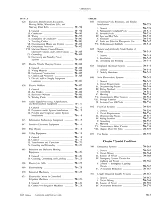 CONTENTS



ARTICLE                                                                        ARTICLE
  620      Elevators, Dumbwaiters, Escalators,                                  680      Swimming Pools, Fountains, and Similar
           Moving Walks, Wheelchair Lifts, and                                           Installations ......................................... 70–528
           Stairway Chair Lifts .............................. 70–494
                                                                                         I.   General ..........................................   70–528
           I.General ..........................................      70–494             II.   Permanently Installed Pools .................        70–531
          II.Conductors ......................................       70–496            III.   Storable Pools ..................................    70–538
         III.Wiring ...........................................      70–497            IV.    Spas and Hot Tubs ............................       70–538
         IV. Installation of Conductors ....................         70–500             V.    Fountains ........................................   70–540
          V. Traveling Cables ...............................        70–500           VI.     Pools and Tubs for Therapeutic Use .......           70–542
         VI. Disconnecting Means and Control ..........              70–501           VII.    Hydromassage Bathtubs ......................         70–542
        VII. Overcurrent Protection ........................         70–502
        VIII.Machine Rooms, Control Rooms,                                      682      Natural and Artiﬁcially Made Bodies of
             Machinery Spaces, and Control Spaces ....               70–503              Water ................................................ 70–543
         IX. Grounding ......................................        70–503              I. General .......................................... 70–543
          X. Emergency and Standby Power                                                II. Installation ...................................... 70–543
             Systems ..........................................      70–503            III. Grounding and Bonding ...................... 70–544
  625      Electric Vehicle Charging System ............. 70–504
                                                                                685      Integrated Electrical Systems ................... 70–544
           I.   General ..........................................   70–504
          II.   Wiring Methods ................................      70–504               I. General .......................................... 70–544
         III.   Equipment Construction ......................        70–505              II. Orderly Shutdown ............................. 70–545
         IV.    Control and Protection ........................      70–505
          V.    Electric Vehicle Supply Equipment                               690      Solar Photovoltaic Systems ..................... 70–545
                Locations ........................................   70–506              I.   General ..........................................   70–545
                                                                                        II.   Circuit Requirements .........................       70–547
  630      Electric Welders ................................... 70–507                 III.   Disconnecting Means .........................        70–549
           I.   General ..........................................   70–507            IV.    Wiring Methods ................................      70–551
          II.   Arc Welders ....................................     70–508             V.    Grounding ......................................     70–552
         III.   Resistance Welders ............................      70–509            VI.    Marking .........................................    70–553
         IV.    Welding Cable .................................      70–509           VII.    Connection to Other Sources ................         70–554
                                                                                      VIII.   Storage Batteries ...............................    70–554
  640      Audio Signal Processing, Ampliﬁcation,                                      IX.    Systems Over 600 Volts ......................        70–556
           and Reproduction Equipment .................... 70–510
           I. General .......................................... 70–510         692      Fuel Cell Systems ................................ 70–556
          II. Permanent Audio System Installations ..... 70–513                          I.   General ..........................................   70–556
         III. Portable and Temporary Audio System                                       II.   Circuit Requirements .........................       70–556
              Installations ...................................... 70–514              III.   Disconnecting Means .........................        70–557
                                                                                       IV.    Wiring Methods ................................      70–557
  645      Information Technology Equipment ........... 70–515                          V.    Grounding ......................................     70–557
  647      Sensitive Electronic Equipment ................ 70–516                      VI.    Marking .........................................    70–558
                                                                                      VII.    Connection to Other Circuits ................        70–558
  650      Pipe Organs ........................................ 70–518                VIII.   Outputs Over 600 Volts ......................        70–559
  660      X-Ray Equipment ................................ 70–518              695      Fire Pumps ......................................... 70–559
           I.   General ..........................................   70–518
          II.   Control ..........................................   70–519
         III.   Transformers and Capacitors ................         70–520                      Chapter 7 Special Conditions
         IV.    Guarding and Grounding .....................         70–520
                                                                                700      Emergency Systems .............................. 70–563
  665      Induction and Dielectric Heating                                              I.General ..........................................      70–563
           Equipment .......................................... 70–520                  II.Circuit Wiring ..................................       70–564
           I. General .......................................... 70–520                III.Sources of Power ..............................         70–565
          II. Guarding, Grounding, and Labeling ........ 70–521                        IV. Emergency System Circuits for
                                                                                           Lighting and Power ............................         70–566
  668      Electrolytic Cells ................................. 70–522                  V. Control — Emergency Lighting
                                                                                           Circuits ...........................................    70–567
  669      Electroplating ...................................... 70–524
                                                                                       VI. Overcurrent Protection ........................         70–567
  670      Industrial Machinery ............................. 70–525
                                                                                701      Legally Required Standby Systems ............ 70–567
  675      Electrically Driven or Controlled
                                                                                         I.   General ..........................................   70–567
           Irrigation Machines ............................... 70–526
                                                                                        II.   Circuit Wiring ..................................    70–568
           I. General .......................................... 70–526                III.   Sources of Power ..............................      70–569
          II. Center Pivot Irrigation Machines ........... 70–528                      IV.    Overcurrent Protection ........................      70–570


2005 Edition        NATIONAL ELECTRICAL CODE                                                                                                         70–7
 
