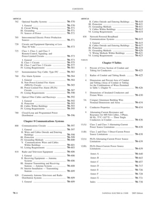 CONTENTS



ARTICLE                                                                      ARTICLE
 702      Optional Standby Systems ...................... 70–570                        II.   Cables Outside and Entering Buildings ....           70–610
                                                                                       III.   Protection .......................................   70–611
         I.   General ..........................................   70–570              IV.    Grounding Methods ...........................        70–611
        II.   Circuit Wiring ..................................    70–571               V.    Cables Within Buildings .....................        70–612
       III.   Grounding ......................................     70–571              VI.    Listing Requirements .........................       70–614
       IV.    Sources of Power ..............................      70–571
 705      Interconnected Electric Power Production                            830        Network-Powered Broadband
          Sources .............................................. 70–571                  Communications Systems ........................ 70–615
                                                                                         I.   General ..........................................   70–615
 720      Circuits and Equipment Operating at Less
                                                                                        II.   Cables Outside and Entering Buildings ....           70–617
          Than 50 Volts ...................................... 70–573
                                                                                       III.   Protection .......................................   70–619
 725      Class 1, Class 2, and Class 3                                                IV.    Grounding Methods ...........................        70–620
          Remote-Control, Signaling, and                                                V.    Wiring Methods Within Buildings ..........           70–621
          Power-Limited Circuits ........................... 70–573                    VI.    Listing Requirements .........................       70–623
         I.   General ..........................................   70–573    TABLES
        II.   Class 1 Circuits ................................    70–575                                 Chapter 9 Tables
       III.   Class 2 and Class 3 Circuits .................       70–577
       IV.    Listing Requirements .........................       70–581          1     Percent of Cross Section of Conduit and
                                                                                         Tubing for Conductors ........................... 70–625
 727      Instrumentation Tray Cable: Type ITC ........ 70–583
 760      Fire Alarm Systems .............................. 70–584                 2     Radius of Conduit and Tubing Bends ......... 70–625

         I. General ..........................................     70–584          4     Dimensions and Percent Area of Conduit
        II. Non–Power-Limited Fire Alarm                                                 and Tubing (Areas of Conduit or Tubing
            (NPLFA) Circuits ..............................        70–585                for the Combinations of Wires Permitted
       III. Power-Limited Fire Alarm (PLFA)                                              in Table 1, Chapter 9) ............................ 70–626
            Circuits ...........................................   70–587
       IV. Listing Requirements .........................          70–590          5     Dimensions of Insulated Conductors and
                                                                                         Fixture Wires ....................................... 70–630
 770      Optical Fiber Cables and Raceways ........... 70–592
         I.   General ..........................................   70–592         5A     Compact Aluminum Building Wire
        II.   Protection .......................................   70–593                Nominal Dimensions and Areas ................ 70–634
       III.   Cables Within Buildings .....................        70–593
                                                                                   8     Conductor Properties ............................. 70–634
       IV.    Listing Requirements .........................       70–595
 780      Closed-Loop and Programmed Power                                         9     Alternating-Current Resistance and
          Distribution ......................................... 70–596                  Reactance for 600-Volt Cables, 3-Phase,
                                                                                         60 Hz, 75°C (167°F) — Three Single
                                                                                         Conductors in Conduit ............................ 70–636
              Chapter 8 Communications Systems
                                                                             11(A)       Class 2 and Class 3 Alternating-Current
 800      Communications Circuits ........................ 70–597
                                                                                         Power Source Limitations ........................ 70–638
         I. General ..........................................     70–597
        II. Wires and Cables Outside and Entering                            11(B)       Class 2 and Class 3 Direct-Current Power
            Buildings ........................................     70–598                Source Limitations ................................ 70–638
       III. Protection .......................................     70–599
       IV. Grounding Methods ...........................           70–600    12(A)       PLFA Alternating-Current Power Source
        V. Communications Wires and Cables                                               Limitations .......................................... 70–639
            Within Buildings ...............................       70–601    12(B)       PLFA Direct-Current Power Source
       VI. Listing Requirements .........................          70–603                Limitations .......................................... 70–639
 810      Radio and Television Equipment ............... 70–606
                                                                                         Annex A ............................................ 70–640
         I. General ..........................................     70–606
        II. Receiving Equipment — Antenna                                                Annex B ............................................ 70–643
            Systems ..........................................     70–606                Annex C ............................................ 70–657
       III. Amateur Transmitting and Receiving
            Stations — Antenna Systems .................           70–608                Annex D ............................................ 70–717
       IV. Interior Installation — Transmitting
                                                                                         Annex E ............................................ 70–726
            Stations ...........................................   70–609
                                                                                         Annex F ............................................ 70–728
 820      Community Antenna Television and Radio
          Distribution Systems .............................. 70–609                     Annex G ............................................ 70–731
          I. General .......................................... 70–609                   Index ............................................... 70–738



70–8                                                                                                     NATIONAL ELECTRICAL CODE            2005 Edition
 