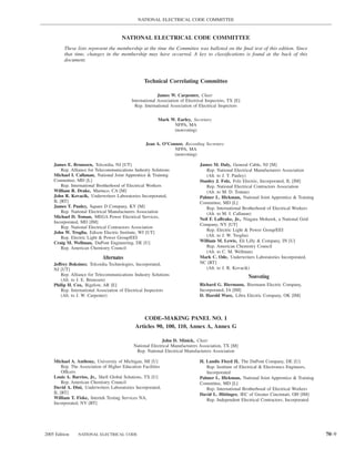 NATIONAL ELECTRICAL CODE COMMITTEE


                                      NATIONAL ELECTRICAL CODE COMMITTEE
         These lists represent the membership at the time the Committee was balloted on the ﬁnal text of this edition. Since
         that time, changes in the membership may have occurred. A key to classiﬁcations is found at the back of this
         document.



                                                  Technical Correlating Committee

                                                          James W. Carpenter, Chair
                                            International Association of Electrical Inspectors, TX [E]
                                              Rep. International Association of Electrical Inspectors

                                                          Mark W. Earley, Secretary
                                                                NFPA, MA
                                                                (nonvoting)

                                                   Jean A. O’Connor, Recording Secretary
                                                                NFPA, MA
                                                                (nonvoting)

    James E. Brunssen, Telcordia, NJ [UT]                                       James M. Daly, General Cable, NJ [M]
        Rep. Alliance for Telecommunications Industry Solutions                    Rep. National Electrical Manufacturers Association
    Michael I. Callanan, National Joint Apprentice & Training                      (Alt. to J. T. Pauley)
    Committee, MD [L]                                                           Stanley J. Folz, Folz Electric, Incorporated, IL [IM]
        Rep. International Brotherhood of Electrical Workers                       Rep. National Electrical Contractors Association
    William R. Drake, Marinco, CA [M]                                              (Alt. to M. D. Toman)
    John R. Kovacik, Underwriters Laboratories Incorporated,                    Palmer L. Hickman, National Joint Apprentice & Training
    IL [RT]                                                                     Committee, MD [L]
    James T. Pauley, Square D Company, KY [M]                                      Rep. International Brotherhood of Electrical Workers
        Rep. National Electrical Manufacturers Association                         (Alt. to M. I. Callanan)
    Michael D. Toman, MEGA Power Electrical Services,                           Neil F. LaBrake, Jr., Niagara Mohawk, a National Grid
    Incorporated, MD [IM]
                                                                                Company, NY [UT]
        Rep. National Electrical Contractors Association
                                                                                   Rep. Electric Light & Power Group/EEI
    John W. Troglia, Edison Electric Institute, WI [UT]
        Rep. Electric Light & Power Group/EEI                                      (Alt. to J. W. Troglia)
    Craig M. Wellman, DuPont Engineering, DE [U]                                William M. Lewis, Eli Lilly & Company, IN [U]
        Rep. American Chemistry Council                                            Rep. American Chemistry Council
                                                                                   (Alt. to C. M. Wellman)
                             Alternates                                         Mark C. Ode, Underwriters Laboratories Incorporated,
    Jeffrey Boksiner, Telcordia Technologies, Incorporated,                     NC [RT]
    NJ [UT]                                                                        (Alt. to J. R. Kovacik)
        Rep. Alliance for Telecommunications Industry Solutions                                          Nonvoting
        (Alt. to J. E. Brunssen)
    Philip H. Cox, Bigelow, AR [E]                                              Richard G. Biermann, Biermann Electric Company,
        Rep. International Association of Electrical Inspectors                 Incorporated, IA [IM]
        (Alt. to J. W. Carpenter)                                               D. Harold Ware, Libra Electric Company, OK [IM]



                                                CODE–MAKING PANEL NO. 1
                                             Articles 90, 100, 110, Annex A, Annex G

                                                            John D. Minick, Chair
                                             National Electrical Manufacturers Association, TX [M]
                                              Rep. National Electrical Manufacturers Association

    Michael A. Anthony, University of Michigan, MI [U]                          H. Landis Floyd II, The DuPont Company, DE [U]
        Rep. The Association of Higher Education Facilities                        Rep. Institute of Electrical & Electronics Engineers,
        Officers                                                                   Incorporated
    Louis A. Barrios, Jr., Shell Global Solutions, TX [U]                       Palmer L. Hickman, National Joint Apprentice & Training
        Rep. American Chemistry Council                                         Committee, MD [L]
    David A. Dini, Underwriters Laboratories Incorporated,                         Rep. International Brotherhood of Electrical Workers
    IL [RT]                                                                     David L. Hittinger, IEC of Greater Cincinnati, OH [IM]
    William T. Fiske, Intertek Testing Services NA,                                Rep. Independent Electrical Contractors, Incorporated
    Incorporated, NY [RT]




2005 Edition    NATIONAL ELECTRICAL CODE                                                                                                   70–9
 