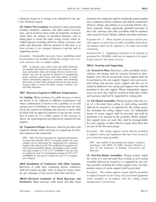 ARTICLE 300 — WIRING METHODS                                              300.11



chemicals based on its listing or be identiﬁed for the spe-          enclosures for conductors shall be metallically joined together
ciﬁc chemical reagent.                                               into a continuous electric conductor and shall be connected to
                                                                     all boxes, ﬁttings, and cabinets so as to provide effective elec-
(D) Indoor Wet Locations. In portions of dairy processing
                                                                     trical continuity. Unless speciﬁcally permitted elsewhere in
facilities, laundries, canneries, and other indoor wet loca-
                                                                     this Code, raceways and cable assemblies shall be mechani-
tions, and in locations where walls are frequently washed or
                                                                     cally secured to boxes, ﬁttings, cabinets, and other enclosures.
where there are surfaces of absorbent materials, such as
damp paper or wood, the entire wiring system, where in-              Exception No. 1: Short sections of raceways used to pro-
stalled exposed, including all boxes, ﬁttings, raceways, and         vide support or protection of cable assemblies from physi-
cable used therewith, shall be mounted so that there is at           cal damage shall not be required to be made electrically
least a 6-mm (1⁄4-in.) airspace between it and the wall or           continuous.
supporting surface.
                                                                     Exception No. 2: Equipment enclosures to be isolated, as
Exception: Nonmetallic raceways, boxes, and ﬁttings shall            permitted by 250.96(B), shall not be required to be metal-
be permitted to be installed without the airspace on a con-          lically joined to the metal raceway.
crete, masonry, tile, or similar surface.
   FPN: In general, areas where acids and alkali chemicals
                                                                     300.11 Securing and Supporting.
   are handled and stored may present such corrosive condi-
                                                                     (A) Secured in Place. Raceways, cable assemblies, boxes,
   tions, particularly when wet or damp. Severe corrosive con-
   ditions may also be present in portions of meatpacking            cabinets, and ﬁttings shall be securely fastened in place.
   plants, tanneries, glue houses, and some stables; in instal-      Support wires that do not provide secure support shall not
   lations immediately adjacent to a seashore and swimming           be permitted as the sole support. Support wires and associ-
   pool areas; in areas where chemical deicers are used; and in
                                                                     ated ﬁttings that provide secure support and that are in-
   storage cellars or rooms for hides, casings, fertilizer, salt,
   and bulk chemicals.                                               stalled in addition to the ceiling grid support wires shall be
                                                                     permitted as the sole support. Where independent support
300.7 Raceways Exposed to Different Temperatures.                    wires are used, they shall be secured at both ends. Cables
                                                                     and raceways shall not be supported by ceiling grids.
(A) Sealing. Where portions of a cable raceway or sleeve
are known to be subjected to different temperatures and              (1) Fire-Rated Assemblies. Wiring located within the cav-
where condensation is known to be a problem, as in cold              ity of a ﬁre-rated ﬂoor–ceiling or roof–ceiling assembly
storage areas of buildings or where passing from the inte-           shall not be secured to, or supported by, the ceiling assem-
rior to the exterior of a building, the raceway or sleeve shall      bly, including the ceiling support wires. An independent
be ﬁlled with an approved material to prevent the circula-           means of secure support shall be provided and shall be
tion of warm air to a colder section of the raceway or               permitted to be attached to the assembly. Where indepen-
sleeve. An explosionproof seal shall not be required for this        dent support wires are used, they shall be distinguishable
purpose.
                                                                     by color, tagging, or other effective means from those that
(B) Expansion Fittings. Raceways shall be provided with              are part of the ﬁre-rated design.
expansion ﬁttings where necessary to compensate for ther-            Exception: The ceiling support system shall be permitted
mal expansion and contraction.                                       to support wiring and equipment that have been tested as
   FPN: Table 352.44(A) provides the expansion information           part of the ﬁre-rated assembly.
   for polyvinyl chloride (PVC). A nominal number for steel
   conduit can be determined by multiplying the expansion               FPN: One method of determining ﬁre rating is testing in
   length in this table by 0.20. The coefficient of expansion for       accordance with NFPA 251-1999, Standard Methods of
   steel electrical metallic tubing, intermediate metal conduit,        Tests of Fire Endurance of Building Construction and
   and rigid conduit is 11.70 × 10−6 (0.0000117 mm per mm               Materials.
   of conduit for each °C in temperature change) [6.50 × 10−6
   (0.0000065 in. per inch of conduit for each °F in tempera-        (2) Non–Fire-Rated Assemblies. Wiring located within
   ture change)].                                                    the cavity of a non–ﬁre-rated ﬂoor–ceiling or roof–ceiling
                                                                     assembly shall not be secured to, or supported by, the ceil-
300.8 Installation of Conductors with Other Systems.                 ing assembly, including the ceiling support wires. An inde-
Raceways or cable trays containing electric conductors               pendent means of secure support shall be provided.
shall not contain any pipe, tube, or equal for steam, water,
air, gas, drainage, or any service other than electrical.            Exception: The ceiling support system shall be permitted
                                                                     to support branch-circuit wiring and associated equipment
300.10 Electrical Continuity of Metal Raceways and                   where installed in accordance with the ceiling system
Enclosures. Metal raceways, cable armor, and other metal             manufacturer’s instructions.


2005 Edition    NATIONAL ELECTRICAL CODE                                                                                      70–127
 