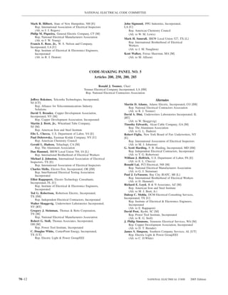NATIONAL ELECTRICAL CODE COMMITTEE


        Mark R. Hilbert, State of New Hampshire, NH [E]                            John Sigmund, PPG Industries, Incorporated,
           Rep. International Association of Electrical Inspectors                 LA [U]
           (Alt. to J. J. Rogers)                                                     Rep. American Chemistry Council
        Philip M. Piqueira, General Electric Company, CT [M]                          (Alt. to W. M. Lewis)
           Rep. National Electrical Manufacturers Association
                                                                                   Mark H. Sumrall, IBEW Local Union 527, TX [L]
           (Alt. to J. W. Young)
        Francis E. Rose, Jr., W. S. Nelson and Company,                               Rep. International Brotherhood of Electrical
                                                                                      Workers
        Incorporated, LA [U]
           Rep. Institute of Electrical & Electronics Engineers,                      (Alt. to J. M. Naughton)
           Incorporated                                                            Kent Walker, Ferraz Shawmut, MA [M]
           (Alt. to R. J. Deaton)                                                     (Alt. to M. Allison)



                                                        CODE-MAKING PANEL NO. 5
                                                          Articles 200, 250, 280, 285

                                                               Ronald J. Toomer, Chair
                                                    Toomer Electrical Company Incorporated, LA [IM]
                                                     Rep. National Electrical Contractors Association

        Jeffrey Boksiner, Telcordia Technologies, Incorporated,                                              Alternates
        NJ [UT]
                                                                                   Martin D. Adams, Adams Electric, Incorporated, CO [IM]
            Rep. Alliance for Telecommunications Industry
                                                                                       Rep. National Electrical Contractors Association
            Solutions
                                                                                       (Alt. to R. J. Toomer)
        David T. Brender, Copper Development Association,                          David A. Dini, Underwriters Laboratories Incorporated, IL
        Incorporated, NY [M]                                                       [RT]
            Rep. Copper Development Association, Incorporated                          (Alt. to W. Skuggevig)
        Martin J. Brett, Jr., Wheatland Tube Company,                              Timothy Edwards, Alcan Cable Company, GA [M]
        NJ [M]                                                                         Rep. The Aluminum Association
            Rep. American Iron and Steel Institute                                     (Alt. to G. L. Hadeen)
        Elio L. Checca, U.S. Department of Labor, VA [E]                           Robert Figlia, New York Board of Fire Underwriters, NY
        Paul Dobrowsky, Eastman Kodak Company, NY [U]                              [E]
            Rep. American Chemistry Council                                            Rep. International Association of Electrical Inspectors
        Gerald L. Hadeen, Tehachapi, CA [M]                                            (Alt. to M. J. Johnston)
            Rep. The Aluminum Association                                          G. Scott Harding, F. B. Harding, Incorporated, MD [IM]
        Dan Hammel, IBEW Local Union 704, IA [L]                                       Rep. Independent Electrical Contractors, Incorporated
            Rep. International Brotherhood of Electrical Workers                       (Alt. to T. G. Robertson)
        Michael J. Johnston, International Association of Electrical               William J. Helfrich, U.S. Department of Labor, PA [E]
        Inspectors, TX [E]                                                             (Alt. to E. L. Checca)
            Rep. International Association of Electrical Inspectors                Ronald Lai, FCI Electrical, NH [M]
        Charles Mello, Electro-Test, Incorporated, OR [IM]                             Rep. National Electrical Manufacturers Association
            Rep. InterNational Electrical Testing Association                          (Alt. to G. J. Steinman)
            Incorporated                                                           Paul J. LeVasseur, Bay City JEATC, MI [L]
                                                                                       Rep. International Brotherhood of Electrical Workers
        Elliot Rappaport, Electro Technology Consultants,
        Incorporated, FL [U]                                                           (Alt. to D. Hammel)
            Rep. Institute of Electrical & Electronics Engineers,                  Richard E. Loyd, R & N Associates, AZ [M]
            Incorporated                                                               Rep. American Iron and Steel Institute
                                                                                       (Alt. to M. J. Brett, Jr.)
        Ted G. Robertson, Robertson Electric, Incorporated,
                                                                                   Daleep C. Mohla, DCM Electrical Consulting Services,
        TX [IM]
                                                                                   Incorporated, TX [U]
            Rep. Independent Electrical Contractors, Incorporated
                                                                                       Rep. Institute of Electrical & Electronics Engineers,
        Walter Skuggevig, Underwriters Laboratories Incorporated,                      Incorporated
        NY [RT]                                                                        (Alt. to E. Rappaport)
        Gregory J. Steinman, Thomas & Betts Corporation,                           David Peot, Ryobi, SC [M]
        TN [M]                                                                         Rep. Power Tool Institute, Incorporated
            Rep. National Electrical Manufacturers Association                         (Alt. to R. G. Stoll)
        Robert G. Stoll, Thomas Associates, Incorporated,                          J. Philip Simmons, Simmons Electrical Services, WA [M]
        OH [M]                                                                         Rep. Copper Development Association, Incorporated
            Rep. Power Tool Institute, Incorporated                                    (Alt. to D. T. Brender)
        C. Douglas White, CenterPoint Energy, Incorporated,                        James S. Simpson, Southern Company Services, AL [UT]
        TX [UT]                                                                        Rep. Electric Light & Power Group/EEI
            Rep. Electric Light & Power Group/EEI                                      (Alt. to C. D.White)




70–12                                                                                                   NATIONAL ELECTRICAL CODE        2005 Edition
 