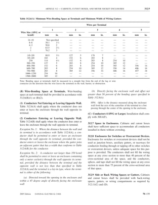 ARTICLE 312 — CABINETS, CUTOUT BOXES, AND METER SOCKET ENCLOSURES                                          312.9



Table 312.6(A) Minimum Wire-Bending Space at Terminals and Minimum Width of Wiring Gutters

                                                                      Wires per Terminal

                                 1                        2                      3                       4                       5
 Wire Size (AWG or
       kcmil)             mm          in.          mm         in.         mm         in.          mm         in.          mm          in.

        14–10              Not speciﬁed             —         —            —         —             —         —             —          —
         8–6              38.1       11⁄2           —         —            —         —             —         —             —          —
         4–3              50.8       2              —         —            —         —             —         —             —          —
          2               63.5       21⁄2           —         —            —         —             —         —             —          —
          1               76.2       3              —         —            —         —             —         —             —          —

       1/0–2/0            88.9        31⁄2          127        5           178        7            —         —             —          —
       3/0–4/0           102          4             152        6           203        8            —         —              —         —
         250             114          41⁄2          152        6           203        8           254        10            —          —
       300–350           127          5             203        8           254       10           305        12             —         —
       400–500           152          6             203        8           254       10           305        12            356        14
       600–700           203          8             254       10           305       12           356        14            406        16
       750–900           203          8             305       12           356       14           406        16            457        18
      1000–1250          254         10              —        —             —        —             —         —              —         —
      1500–2000          305         12              —        —             —        —             —         —              —         —

Note: Bending space at terminals shall be measured in a straight line from the end of the lug or wire
connector (in the direction that the wire leaves the terminal) to the wall, barrier, or obstruction.


(B) Wire-Bending Space at Terminals. Wire-bending                         (b) Directly facing the enclosure wall and offset not
space at each terminal shall be provided in accordance with            greater than 50 percent of the bending space speciﬁed in
312.6(B)(1) or (B)(2).                                                 Table 312.6(A)

(1) Conductors Not Entering or Leaving Opposite Wall.                     FPN: Offset is the distance measured along the enclosure
Table 312.6(A) shall apply where the conductor does not                   wall from the axis of the centerline of the terminal to a line
                                                                          passing through the center of the opening in the enclosure.
enter or leave the enclosure through the wall opposite its
terminal.                                                              (C) Conductors 4 AWG or Larger. Installation shall com-
                                                                       ply with 300.4(F).
(2) Conductors Entering or Leaving Opposite Wall.
Table 312.6(B) shall apply where the conductor does enter or
                                                                       312.7 Space in Enclosures. Cabinets and cutout boxes
leave the enclosure through the wall opposite its terminal.
                                                                       shall have sufficient space to accommodate all conductors
Exception No. 1: Where the distance between the wall and               installed in them without crowding.
its terminal is in accordance with Table 312.6(A), a con-
ductor shall be permitted to enter or leave an enclosure               312.8 Enclosures for Switches or Overcurrent Devices.
through the wall opposite its terminal, provided the con-              Enclosures for switches or overcurrent devices shall not be
ductor enters or leaves the enclosure where the gutter joins           used as junction boxes, auxiliary gutters, or raceways for
an adjacent gutter that has a width that conforms to Table             conductors feeding through or tapping off to other switches
312.6(B) for the conductor.                                            or overcurrent devices, unless adequate space for this pur-
Exception No. 2: A conductor not larger than 350 kcmil                 pose is provided. The conductors shall not ﬁll the wiring
shall be permitted to enter or leave an enclosure containing           space at any cross section to more than 40 percent of the
only a meter socket(s) through the wall opposite its termi-            cross-sectional area of the space, and the conductors,
nal, provided the distance between the terminal and the                splices, and taps shall not ﬁll the wiring space at any cross
opposite wall is not less than that speciﬁed in Table                  section to more than 75 percent of the cross-sectional area
312.6(A) and the terminal is a lay-in type, where the termi-           of that space.
nal is either of the following:
                                                                       312.9 Side or Back Wiring Spaces or Gutters. Cabinets
    (a) Directed toward the opening in the enclosure and               and cutout boxes shall be provided with back-wiring
within a 45 degree angle of directly facing the enclosure              spaces, gutters, or wiring compartments as required by
wall                                                                   312.11(C) and (D).


2005 Edition    NATIONAL ELECTRICAL CODE                                                                                             70–159
 