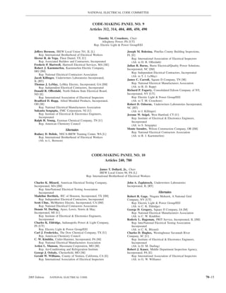 NATIONAL ELECTRICAL CODE COMMITTEE


                                                CODE-MAKING PANEL NO. 9
                                               Articles 312, 314, 404, 408, 450, 490

                                                      Timothy M. Croushore, Chair
                                                         Allegheny Power, PA [UT]
                                                   Rep. Electric Light & Power Group/EEI

    Jeffery Bernson, IBEW Local Union 701, IL [L]                             Joseph M. Bolesina, Pinellas County Building Inspections,
        Rep. International Brotherhood of Electrical Workers                  FL [E]
    Hector R. de Vega, Fluor Daniel, TX [U]                                       Rep. International Association of Electrical Inspectors
        Rep. Associated Builders and Contractors, Incorporated                    (Alt. to D. R. Offerdahl)
    Frederic P. Hartwell, Hartwell Electrical Services, MA [SE]               Julian R. Burns, Burns Electrical/Quality Power Solutions,
    Robert J. Kaemmerlen, Kaemmerlen Electric Company,                        Incorporated, NC [IM]
    MO [IM]                                                                       Rep. Independent Electrical Contractors, Incorporated
        Rep. National Electrical Contractors Association
                                                                                  (Alt. to T. J. LeMay)
    Jacob Killinger, Underwriters Laboratories Incorporated,
    IL [RT]                                                                   James C. Carroll, Square D Company, TN [M]
    Thomas J. LeMay, LeMay Electric, Incorporated, GA [IM]                        Rep. National Electrical Manufacturers Association
        Rep. Independent Electrical Contractors, Incorporated                     (Alt. to B. D. Rupp)
    Donald R. Offerdahl, North Dakota State Electrical Board,                 Richard P. Fogarty, Consolidated Edison Company of NY,
    ND [E]                                                                    Incorporated, NY [UT]
        Rep. International Association of Electrical Inspectors                   Rep. Electric Light & Power Group/EEI
    Bradford D. Rupp, Allied Moulded Products, Incorporated,                      (Alt. to T. M. Croushore)
    OH [M]                                                                    Robert D. Osborne, Underwriters Laboratories Incorporated,
        Rep. National Electrical Manufacturers Association                    NC [RT]
    Sukanta Sengupta, FMC Corporation, NJ [U]                                     (Alt. to J. Killinger)
        Rep. Institute of Electrical & Electronics Engineers,                 Jerome W. Seigel, West Hartford, CT [U]
        Incorporated                                                              Rep. Institute of Electrical & Electronics Engineers,
    Ralph H. Young, Eastman Chemical Company, TN [U]                              Incorporated
        Rep. American Chemistry Council
                                                                                  (Alt. to S. Sengupta)
                            Alternates                                        Monte Szendre, Wilson Construction Company, OR [IM]
                                                                                  Rep. National Electrical Contractors Association
    Rodney D. Belisle, NECA-IBEW Training Center, WA [L]
                                                                                  (Alt. to R. J. Kaemmerlen)
       Rep. International Brotherhood of Electrical Workers
       (Alt. to L. Bernson)



                                                 CODE-MAKING PANEL NO. 10
                                                      Articles 240, 780

                                                        James T. Dollard, Jr., Chair
                                                        IBEW Local Union 98, PA [L]
                                             Rep. International Brotherhood of Electrical Workers

    Charles K. Blizard, American Electrical Testing Company,                  John A. Zaplatosch, Underwriters Laboratories
    Incorporated, MA [IM]                                                     Incorporated, IL [RT]
       Rep. InterNational Electrical Testing Association
       Incorporated                                                                                   Alternates
    Madeline Borthick, IEC of Houston, Incorporated, TX [IM]                  Robert R. Gage, Niagara Mohawk, A National Grid
       Rep. Independent Electrical Contractors, Incorporated                  Company, NY [UT]
    Scott Cline, McMurtrey Electric, Incorporated, CA [IM]                       Rep. Electric Light & Power Group/EEI
       Rep. National Electrical Contractors Association                          (Alt. to C. K. Eldridge)
    Dennis M. Darling, Ayres, Lewis, Norris & May,                            George D. Gregory, Square D Company, IA [M]
    Incorporated, MI [U]                                                         Rep. National Electrical Manufacturers Association
       Rep. Institute of Electrical & Electronics Engineers,                     (Alt. to C. W. Kimblin)
       Incorporated                                                           Roderic L. Hageman, PRIT Service, Incorporated, IL [IM]
    Charles K. Eldridge, Indianapolis Power & Light Company,                     Rep. InterNational Electrical Testing Association
    IN [UT]                                                                      Incorporated
       Rep. Electric Light & Power Group/EEI                                     (Alt. to C. K. Blizard)
    Carl J. Fredericks, The Dow Chemical Company, TX [U]                      Charles D. Hughes, Westinghouse Savannah River
       Rep. American Chemistry Council                                        Company, SC [U]
    C. W. Kimblin, Cutler-Hammer, Incorporated, PA [M]                           Rep. Institute of Electrical & Electronics Engineers,
       Rep. National Electrical Manufacturers Association                        Incorporated
    Arden L. Munson, Hussmann Corporation, MO [M]                                (Alt. to D. M. Darling)
       Rep. Air-Conditioning and Refrigeration Institute                      Robert J. Kauer, Middle Department Inspection Agency,
    George J. Ockuly, Chesterﬁeld, MO [M]                                     Incorporated, PA [E]
    Gerald W. Williams, County of Ventura, California, CA [E]                    Rep. International Association of Electrical Inspectors
       Rep. International Association of Electrical Inspectors                   (Alt. to G. W. Williams)




2005 Edition    NATIONAL ELECTRICAL CODE                                                                                                    70–15
 