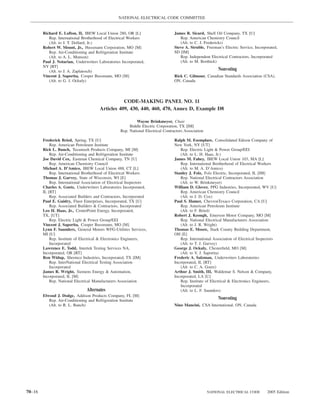 NATIONAL ELECTRICAL CODE COMMITTEE


        Richard E. Lofton, II, IBEW Local Union 280, OR [L]                        James R. Sicard, Shell Oil Company, TX [U]
           Rep. International Brotherhood of Electrical Workers                       Rep. American Chemistry Council
           (Alt. to J. T. Dollard, Jr.)                                               (Alt. to C. J. Fredericks)
        Robert W. Mount, Jr., Hussmann Corporation, MO [M]                         Steve A. Struble, Freeman’s Electric Service, Incorporated,
           Rep. Air-Conditioning and Refrigeration Institute                       SD [IM]
           (Alt. to A. L. Munson)                                                     Rep. Independent Electrical Contractors, Incorporated
        Paul J. Notarian, Underwriters Laboratories Incorporated,                     (Alt. to M. Borthick)
        NY [RT]
           (Alt. to J. A. Zaplatosch)                                                                       Nonvoting
        Vincent J. Saporita, Cooper Bussmann, MO [M]                               Rick C. Gilmour, Canadian Standards Association (CSA),
           (Alt. to G. J. Ockuly)                                                  ON, Canada



                                                   CODE-MAKING PANEL NO. 11
                                        Articles 409, 430, 440, 460, 470, Annex D, Example D8

                                                             Wayne Brinkmeyer, Chair
                                                         Biddle Electric Corporation, TX [IM]
                                                    Rep. National Electrical Contractors Association

        Frederick Bried, Spring, TX [U]                                            Ralph M. Esemplare, Consolidated Edison Company of
            Rep. American Petroleum Institute                                      New York, NY [UT]
        Rick L. Bunch, Tecumseh Products Company, MI [M]                              Rep. Electric Light & Power Group/EEI
            Rep. Air-Conditioning and Refrigeration Institute                         (Alt. to L. H. Haas, Jr.)
        Joe David Cox, Eastman Chemical Company, TN [U]                            James M. Fahey, IBEW Local Union 103, MA [L]
            Rep. American Chemistry Council                                           Rep. International Brotherhood of Electrical Workers
        Michael A. D’Amico, IBEW Local Union 488, CT [L]                              (Alt. to M. A. D’Amico)
            Rep. International Brotherhood of Electrical Workers                   Stanley J. Folz, Folz Electric, Incorporated, IL [IM]
        Thomas J. Garvey, State of Wisconsin, WI [E]                                  Rep. National Electrical Contractors Association
            Rep. International Association of Electrical Inspectors                   (Alt. to W. Brinkmeyer)
        Charles A. Goetz, Underwriters Laboratories Incorporated,                  William D. Glover, PPG Industries, Incorporated, WV [U]
        IL [RT]                                                                       Rep. American Chemistry Council
            Rep. Associated Builders and Contractors, Incorporated                    (Alt. to J. D. Cox)
        Paul E. Guidry, Fluor Enterprises, Incorporated, TX [U]                    Paul S. Hamer, ChevronTexaco Corporation, CA [U]
            Rep. Associated Builders & Contractors, Incorporated                      Rep. American Petroleum Institute
        Leo H. Haas, Jr., CenterPoint Energy, Incorporated,                           (Alt. to F. Bried)
        TX, [UT]                                                                   Robert J. Keough, Emerson Motor Company, MO [M]
            Rep. Electric Light & Power Group/EEI                                     Rep. National Electrical Manufacturers Association
        Vincent J. Saporita, Cooper Bussmann, MO [M]                                  (Alt. to J. R. Wright)
        Lynn F. Saunders, General Motors WFG-Utilities Services,                   Thomas E. Moore, Stark County Building Department,
        MI [U]                                                                     OH [E]
            Rep. Institute of Electrical & Electronics Engineers,                     Rep. International Association of Electrical Inspectors
            Incorporated                                                              (Alt. to T. J. Garvey)
        Lawrence E. Todd, Intertek Testing Services NA,                            George J. Ockuly, Chesterﬁeld, MO [M]
        Incorporated, OR [RT]                                                         (Alt. to V. J. Saporita)
        Ron Widup, Shermco Industries, Incorporated, TX [IM]                       Frederic A. Salzman, Underwriters Laboratories
            Rep. InterNational Electrical Testing Association                      Incorporated, IL [RT]
            Incorporated                                                              (Alt. to C. A. Goetz)
        James R. Wright, Siemens Energy & Automation,                              Arthur J. Smith, III, Waldemar S. Nelson & Company,
        Incorporated, IL [M]                                                       Incorporated, LA [U]
            Rep. National Electrical Manufacturers Association                        Rep. Institute of Electrical & Electronics Engineers,
                                                                                      Incorporated
                                Alternates                                            (Alt. to L. F. Saunders)
        Elwood J. Dodge, Addison Products Company, FL [M]
           Rep. Air-Conditioning and Refrigeration Institute
                                                                                                            Nonvoting
           (Alt. to R. L. Bunch)                                                   Nino Mancini, CSA International, ON, Canada




70–16                                                                                                  NATIONAL ELECTRICAL CODE         2005 Edition
 