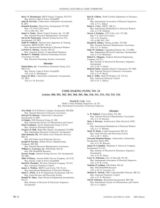 NATIONAL ELECTRICAL CODE COMMITTEE


        Barry N. Hornberger, PECO Energy Company, PA [UT]                         Ron B. Chilton, North Carolina Department of Insurance,
            Rep. Electric Light & Power Group/EEI                                 NC [E]
        John R. Kovacik, Underwriters Laboratories Incorporated,                     Rep. International Association of Electrical Inspectors
        IL [RT]                                                                      (Alt. to T. L. Baker)
        Kenneth Krastins, Plug Power, Incorporated, NY [M]                        Brian L. Crise, NIETC, OR [L]
            Rep. U.S. Fuel Cell Council                                              Rep. International Brotherhood of Electrical Workers
            (VL to 690, 692, 705)                                                    (Alt. to T. W. Stafford)
        James S. Nasby, Master Control Systems, Inc., IL [M]                      Steven J. Fredette, UTC Cells, LLC, CT [M]
            Rep. National Electrical Manufacturers Association                       Rep. U.S. Fuel Cell Council
        Steven H. Pasternack, Intertek Testing Services NA,                          (Alt. to K. Krastins)
        Incorporated, NY [RT]                                                        (VL to 690, 692, 705)
        Todd W. Stafford, National Joint Apprentice & Training                    Ronald H. Minter, Thomas & Betts, TN [M]
        Committee, IBEW-NJATC, TN [L]                                                Rep. National Electrical Manufacturers Association
            Rep. International Brotherhood of Electrical Workers                     (Alt. to J. S. Nasby)
        LaVerne E. Stetson, Lincoln, NE [U]                                       Duke W. Schamel, Copperhead Electric Inc, CA [IM]
            Rep. American Society of Agricultural Engineers                          Rep. Independent Electrical Contractors, Incorporated
        Herbert V. Whittall, Electrical Generating Systems                           (Alt. to T. D. Holleman)
        Association, FL [M]                                                       Robert L. Simpson, Simpson Electrical Engineering
            Rep. Electrical Generating Systems Association                        Company, GA [U]
                                                                                     Rep. Institute of Electrical & Electronics Engineers,
                                Alternates                                           Incorporated
        Daniel Batta, Jr., Constellation Generation Group, LLC,                      (Alt. to M. V. Glenn)
        MD [UT]                                                                   Richard Sobel, Quantum Electric Corporation, NY [IM]
           Rep. Electric Light & Power Group/EEI                                     Rep. National Electrical Contractors Association
           (Alt. to B. N. Hornberger)                                                (Alt. to T. H. Wood)
        Sonya M. Bird, Underwriters Laboratories Incorporated,                    Dale A. Triffo, Shell Oil Products US, TX [U]
        NC [RT]                                                                      Rep. American Chemistry Council
           (Alt. to J. R. Kovacik)                                                   (Alt. to D. L. Elkins)



                                                 CODE-MAKING PANEL NO. 14
                              Articles 500, 501, 502, 503, 504, 505, 506, 510, 511, 513, 514, 515, 516

                                                              Donald R. Cook, Chair
                                                    Shelby County Building Inspections, AL [E]
                                                Rep. International Association of Electrical Inspectors

        Troy Beall, B & D Electric Company, Incorporated, NM [IM]                                          Alternates
           Rep. National Electrical Contractors Association
                                                                                  A. W. Ballard, Crouse-Hinds, NY [M]
        Edward M. Briesch, Underwriters Laboratories
                                                                                     Rep. National Electrical Manufacturers Association
        Incorporated, IL [RT]
                                                                                     (Alt. to J. H. Kuczka)
        Al Engler, EGS Electrical Group, IL [M]
                                                                                  Marc J. Bernsen, Southwestern Idaho Electrical JATC,
           Rep. International Society for Measurement and Control
                                                                                  ID [L]
        Mark Goodman, Jacobs Engineering Group, CA [U]
                                                                                     Rep. International Brotherhood of Electrical Workers
           Rep. American Petroleum Institute
        Gregory D. Hall, Better-Way Electric, Incorporated, CO [IM]                  (Alt. to J. A. Weldon)
           Rep. Independent Electrical Contractors, Incorporated                  Mark W. Bonk, Cargill Incorporated, MN [U]
        John Katunar, III, GE Global Asset Protection Services,                      Rep. Grain Elevator and Processing Society
        MO [I]                                                                       (Alt. to M. C. Wirfs)
           Rep. GE Global Asset Protection Services                               Giovanni Hummel Borges, Underwriters Laboratories
        Joseph H. Kuczka, Killark Electric Manufacturing                          Incorporated, Brasil [RT]
        Company, MO [M]                                                              (Alt. to E. M. Briesch)
           Rep. National Electrical Manufacturers Association                     James D. Cospolich, Waldemar S. Nelson & Company
        William G. Lawrence, Jr., FM Global, MA [I]                               Incorporated, LA [U]
           Rep. FM Global/FM Research                                                Rep. Institute of Electrical & Electronics Engineers,
        Jeremy Neagle, Intertek Testing Services NA, Incorporated,                   Incorporated
        NY [RT]                                                                      (Alt. to D. W. Zipse)
        Mike O’Meara, Arizona Public Service Company, AZ [UT]                     Larry E. Fuhrman, City of Titusville, FL [E]
           Rep. Electric Light & Power Group/EEI                                     Rep. International Association of Electrical Inspectors
        David B. Wechsler, The Dow Chemical Company, TX [U]                          (Alt. to D. R. Cook)
           Rep. American Chemistry Council                                        Nicholas P. Ludlam, FM Global, MA [I]
        James A. Weldon, IBEW Local Union 728, FL [L]                                Rep. FM Global/FM Research
           Rep. International Brotherhood of Electrical Workers                      (Alt. to W. G. Lawrence, Jr.)
        Mark C. Wirfs, R & W Engineering Incorporated, OR [U]                     Michael E. McNeil, FMC Corporation/Bio Polymer, ME [U]
           Rep. Grain Elevator and Processing Society                                Rep. American Chemistry Council
        Donald W. Zipse, Zipse Electrical Engineering Incorporated,                  (Alt. to D. B. Wechsler)
        PA [U]                                                                    Ted H. Schnaare, Rosemount Incorporated, MN [M]
           Rep. Institute of Electrical & Electronics Engineers,                     Rep. International Society for Measurement and Control
           Incorporated                                                              (Alt. to A. Engler)




70–18                                                                                                 NATIONAL ELECTRICAL CODE         2005 Edition
 