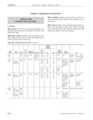 CHAPTER 4                                           ARTICLE 400 — FLEXIBLE CORDS AND CABLES




                                                     Chapter 4 Equipment for General Use

                                                                                      400.3 Suitability. Flexible cords and cables and their as-
                          ARTICLE 400                                                 sociated ﬁttings shall be suitable for the conditions of use
                    Flexible Cords and Cables                                         and location.

                                                                                      400.4 Types. Flexible cords and ﬂexible cables shall con-
    I. General
                                                                                      form to the description in Table 400.4. Types of ﬂexible
    400.1 Scope. This article covers general requirements, ap-                        cords and ﬂexible cables other than those listed in the table
    plications, and construction speciﬁcations for ﬂexible cords                      shall be the subject of special investigation.
    and ﬂexible cables.

    400.2 Other Articles. Flexible cords and ﬂexible cables
    shall comply with this article and with the applicable pro-
    visions of other articles of this Code.

    Table 400.4 Flexible Cords and Cables (See 400.4.)

                                                                                   Nominal
                                                                                  Insulation
                                                                                  Thickness1

                                        AWG                               AWG                           Braid
      Trade        Type                  or     Number of                  or                          on Each       Outer
      Name         Letter     Voltage   kcmil   Conductors   Insulation   kcmil    mm          mils   Conductor     Covering                      Use

    Lamp       C               300      18–16   2 or more    Thermoset    18–16    0.76        30     Cotton      None             Pendant or     Dry       Not
     cord                      600      14–10                or thermo-   14–10    1.14        45                                  portable       locations hard
                                                             plastic                                                                                        usage

    Elevator   E              300 or 20–2       2 or more    Thermoset    20–16    0.51        20     Cotton      Three cotton,    Elevator       Unclassiﬁed
     cable     See Note 5.     600                                        14–12    0.76        30                 Outer one        lighting and   locations
               See Note 9.                                                12–10    1.14        45                 ﬂame-retardant   control
               See Note 10.                                                8–2     1.52        60                 & moisture-
                                                                                                                  resistant. See
                                                                                                                  Note 3.

                                                                          20–16    0.51        20     Flexible
                                                                          14–12    0.76        30     nylon
                                                                          12–10    1.14        45     jacket
                                                                           8–2     1.52        60

    Elevator   EO             300 or 20–2       2 or more    Thermoset    20–16    0.51        20     Cotton      Outer one        Elevator       Unclassiﬁed
     cable     See Note 5.     600                                        14–12    0.76        30                 Three cotton,    lighting and   locations
               See Note 10.                                               12–10    1.14        45                 ﬂame-retardant   control
                                                                           8–2     1.52        60                 & moisture-
                                                                                                                  resistant. See
                                                                                                                  Note 3.

                                                                                                                  One cotton and                  Hazardous
                                                                                                                  a neoprene                      (classiﬁed)
                                                                                                                  jacket. See                     locations
                                                                                                                  Note 3.

    Elevator   ETP            300 or                                                                  Rayon       Thermoplastic    Hazardous (classiﬁed) locations
     cable     See Note 5.     600
               See Note 10.

•              ETT            300 or                                                                  None        One cotton or
               See Note 5.     600                                                                                equivalent and
               See Note 10.                                                                                       a thermo-
                                                                                                                  plastic jacket




    70–228                                                                                                     NATIONAL ELECTRICAL CODE              2005 Edition
 