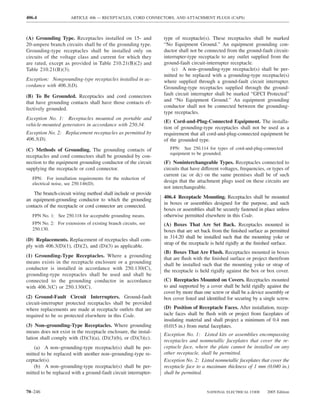 406.4                 ARTICLE 406 — RECEPTACLES, CORD CONNECTORS, AND ATTACHMENT PLUGS (CAPS)



(A) Grounding Type. Receptacles installed on 15- and             type of receptacle(s). These receptacles shall be marked
20-ampere branch circuits shall be of the grounding type.        “No Equipment Ground.” An equipment grounding con-
Grounding-type receptacles shall be installed only on            ductor shall not be connected from the ground-fault circuit-
circuits of the voltage class and current for which they         interrupter-type receptacle to any outlet supplied from the
are rated, except as provided in Table 210.21(B)(2) and          ground-fault circuit-interrupter receptacle.
Table 210.21(B)(3).                                                  (c) A non–grounding-type receptacle(s) shall be per-
                                                                 mitted to be replaced with a grounding-type receptacle(s)
Exception: Nongrounding-type receptacles installed in ac-        where supplied through a ground-fault circuit interrupter.
cordance with 406.3(D).                                          Grounding-type receptacles supplied through the ground-
(B) To Be Grounded. Receptacles and cord connectors              fault circuit interrupter shall be marked “GFCI Protected”
that have grounding contacts shall have those contacts ef-       and “No Equipment Ground.” An equipment grounding
                                                                 conductor shall not be connected between the grounding-
fectively grounded.
                                                                 type receptacles.
Exception No. 1: Receptacles mounted on portable and
                                                                 (E) Cord-and-Plug-Connected Equipment. The installa-
vehicle-mounted generators in accordance with 250.34.
                                                                 tion of grounding-type receptacles shall not be used as a
Exception No. 2: Replacement receptacles as permitted by         requirement that all cord-and-plug-connected equipment be
406.3(D).                                                        of the grounded type.
(C) Methods of Grounding. The grounding contacts of                 FPN: See 250.114 for types of cord-and-plug-connected
                                                                    equipment to be grounded.
receptacles and cord connectors shall be grounded by con-
nection to the equipment grounding conductor of the circuit      (F) Noninterchangeable Types. Receptacles connected to
supplying the receptacle or cord connector.                      circuits that have different voltages, frequencies, or types of
                                                                 current (ac or dc) on the same premises shall be of such
   FPN: For installation requirements for the reduction of
   electrical noise, see 250.146(D).
                                                                 design that the attachment plugs used on these circuits are
                                                                 not interchangeable.
   The branch-circuit wiring method shall include or provide
                                                                 406.4 Receptacle Mounting. Receptacles shall be mounted
an equipment-grounding conductor to which the grounding
                                                                 in boxes or assemblies designed for the purpose, and such
contacts of the receptacle or cord connector are connected.
                                                                 boxes or assemblies shall be securely fastened in place unless
   FPN No. 1: See 250.118 for acceptable grounding means.        otherwise permitted elsewhere in this Code.
   FPN No. 2: For extensions of existing branch circuits, see    (A) Boxes That Are Set Back. Receptacles mounted in
   250.130.                                                      boxes that are set back from the ﬁnished surface as permitted
                                                                 in 314.20 shall be installed such that the mounting yoke or
(D) Replacements. Replacement of receptacles shall com-
                                                                 strap of the receptacle is held rigidly at the ﬁnished surface.
ply with 406.3(D)(1), (D)(2), and (D)(3) as applicable.
                                                                 (B) Boxes That Are Flush. Receptacles mounted in boxes
(1) Grounding-Type Receptacles. Where a grounding
                                                                 that are ﬂush with the ﬁnished surface or project therefrom
means exists in the receptacle enclosure or a grounding          shall be installed such that the mounting yoke or strap of
conductor is installed in accordance with 250.130(C),            the receptacle is held rigidly against the box or box cover.
grounding-type receptacles shall be used and shall be
connected to the grounding conductor in accordance               (C) Receptacles Mounted on Covers. Receptacles mounted
with 406.3(C) or 250.130(C).                                     to and supported by a cover shall be held rigidly against the
                                                                 cover by more than one screw or shall be a device assembly or
(2) Ground-Fault Circuit Interrupters. Ground-fault              box cover listed and identiﬁed for securing by a single screw.
circuit-interrupter protected receptacles shall be provided
where replacements are made at receptacle outlets that are       (D) Position of Receptacle Faces. After installation, recep-
required to be so protected elsewhere in this Code.              tacle faces shall be ﬂush with or project from faceplates of
                                                                 insulating material and shall project a minimum of 0.4 mm
(3) Non–grounding-Type Receptacles. Where grounding              (0.015 in.) from metal faceplates.
means does not exist in the receptacle enclosure, the instal-
                                                                 Exception No. 1: Listed kits or assemblies encompassing
lation shall comply with (D)(3)(a), (D)(3)(b), or (D)(3)(c).
                                                                 receptacles and nonmetallic faceplates that cover the re-
    (a) A non–grounding-type receptacle(s) shall be per-         ceptacle face, where the plate cannot be installed on any
mitted to be replaced with another non–grounding-type re-        other receptacle, shall be permitted.
ceptacle(s).                                                     Exception No. 2: Listed nonmetallic faceplates that cover the
    (b) A non–grounding-type receptacle(s) shall be per-         receptacle face to a maximum thickness of 1 mm (0.040 in.)
mitted to be replaced with a ground-fault circuit interrupter-   shall be permitted.


70–246                                                                                NATIONAL ELECTRICAL CODE      2005 Edition
 