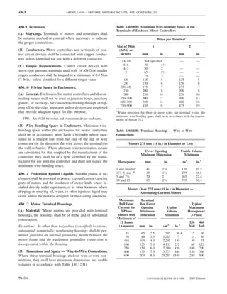 430.9                              ARTICLE 430 — MOTORS, MOTOR CIRCUITS, AND CONTROLLERS



430.9 Terminals.                                                   Table 430.10(B) Minimum Wire-Bending Space at the
                                                                   Terminals of Enclosed Motor Controllers
(A) Markings. Terminals of motors and controllers shall
be suitably marked or colored where necessary to indicate                                             Wires per Terminal*
the proper connections.
                                                                   Size of Wire                  1                               2
(B) Conductors. Motor controllers and terminals of con-             (AWG or
trol circuit devices shall be connected with copper conduc-           kcmil)          mm                in.            mm               in.
tors unless identiﬁed for use with a different conductor.
                                                                      14–10            Not speciﬁed                     —               —
(C) Torque Requirements. Control circuit devices with                  8–6             38         11⁄2                 —                —
                                                                       4–3             50         2                     —               —
screw-type pressure terminals used with 14 AWG or smaller               2              65         21⁄2                 —                —
copper conductors shall be torqued to a minimum of 0.8 N·m              1              75         3                     —               —
(7 lb-in.) unless identiﬁed for a different torque value.              1/0            125         5                    125               5
                                                                       2/0            150         6                    150               6
430.10 Wiring Space in Enclosures.                                   3/0–4/0          175         7                    175               7
                                                                       250            200         8                    200               8
(A) General. Enclosures for motor controllers and discon-              300            250        10                    250              10
necting means shall not be used as junction boxes, auxiliary         350–500          300        12                    300              12
gutters, or raceways for conductors feeding through or tap-          600–700          350        14                    400              16
                                                                     750–900          450        18                    475              19
ping off to the other apparatus unless designs are employed
that provide adequate space for this purpose.                      *
                                                                    Where provision for three or more wires per terminal exists, the
                                                                   minimum wire-bending space shall be in accordance with the require-
   FPN: See 312.8 for switch and overcurrent-device enclosures.    ments of Article 312.
(B) Wire-Bending Space in Enclosures. Minimum wire-
bending space within the enclosures for motor controllers          Table 430.12(B) Terminal Housings — Wire-to-Wire
shall be in accordance with Table 430.10(B) where mea-             Connections
sured in a straight line from the end of the lug or wire
connector (in the direction the wire leaves the terminal) to                Motors 275 mm (11 in.) in Diameter or Less
the wall or barrier. Where alternate wire termination means
are substituted for that supplied by the manufacturer of the                           Cover Opening                       Usable Volume
                                                                                     Minimum Dimension                       Minimum
controller, they shall be of a type identiﬁed by the manu-
facturer for use with the controller and shall not reduce the       Horsepower             mm                 in.          cm3          in.3
minimum wire-bending space.
                                                                   1 and smallera          41            1 5 ⁄8            170          10.5
430.11 Protection Against Liquids. Suitable guards or en-          11⁄2, 2, and 3b         45            1 3 ⁄4            275          16.8
                                                                   5 and 71⁄2              50            2                 365          22.4
closures shall be provided to protect exposed current-carrying
                                                                   10 and 15               65            21⁄2              595          36.4
parts of motors and the insulation of motor leads where in-
stalled directly under equipment, or in other locations where
                                                                           Motors Over 275 mm (11 in.) in Diameter —
dripping or spraying oil, water, or other injurious liquid may                    Alternating-Current Motors
occur, unless the motor is designed for the existing conditions.
                                                                    Maximum           Terminal
430.12 Motor Terminal Housings.                                     Full Load        Box Cover                                     Typical
                                                                   Current for        Opening                  Usable             Maximum
(A) Material. Where motors are provided with terminal                 3-Phase        Minimum                   Volume            Horsepower
housings, the housings shall be of metal and of substantial        Motors with       Dimension                Minimum              3-Phase
construction.                                                      Maximum of
                                                                     12 Leads                                                    230      460
Exception: In other than hazardous (classiﬁed) locations,           (Amperes)        mm     in.           cm3       in.3         Volt     Volt
substantial, nonmetallic, nonburning housings shall be per-
                                                                         45           65        2.5         595   36.4             15      30
mitted, provided an internal grounding means between the                 70           84        3.3       1,265   77               25      50
motor frame and the equipment grounding connection is                   110          100        4.0       2,295 140                40      75
incorporated within the housing.                                        160          125        5.0       4,135 252                60     125
                                                                        250          150        6.0       7,380 450               100     200
(B) Dimensions and Space — Wire-to-Wire Connections.                    400          175        7.0      13,775 840               150     300
Where these terminal housings enclose wire-to-wire con-                 600          200        8.0      25,255 1540              250     500
nections, they shall have minimum dimensions and usable
volumes in accordance with Table 430.12(B).


70–288                                                                                     NATIONAL ELECTRICAL CODE               2005 Edition
 