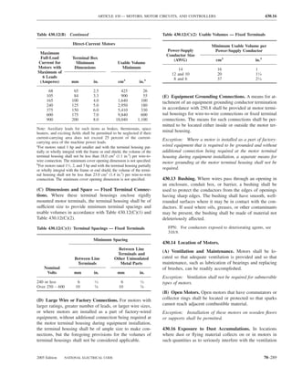 ARTICLE 430 — MOTORS, MOTOR CIRCUITS, AND CONTROLLERS                                           430.16



Table 430.12(B) Continued                                                      Table 430.12(C)(2) Usable Volumes — Fixed Terminals

                       Direct-Current Motors                                                             Minimum Usable Volume per
                                                                                 Power-Supply             Power-Supply Conductor
 Maximum                                                                         Conductor Size
 Full-Load             Terminal Box                                                 (AWG)                   cm3                  in.3
Current for              Minimum                     Usable Volume
Motors with             Dimensions                     Minimum                         14                   16                   1
Maximum of                                                                          12 and 10               20                   11⁄4
  6 Leads                                                                            8 and 6                37                   21⁄4
 (Amperes)             mm            in.              cm3           in.3

       68               65           2.5               425            26
      105               84           3.3               900            55       (E) Equipment Grounding Connections. A means for at-
      165              100           4.0             1,640           100       tachment of an equipment grounding conductor termination
      240              125           5.0             2,950           180
      375              150           6.0             5,410           330       in accordance with 250.8 shall be provided at motor termi-
      600              175           7.0             9,840           600       nal housings for wire-to-wire connections or ﬁxed terminal
      900              200           8.0            18,040         1,100       connections. The means for such connections shall be per-
                                                                               mitted to be located either inside or outside the motor ter-
Note: Auxiliary leads for such items as brakes, thermostats, space
heaters, and exciting ﬁelds shall be permitted to be neglected if their
                                                                               minal housing.
current-carrying area does not exceed 25 percent of the current-               Exception: Where a motor is installed as a part of factory-
carrying area of the machine power leads.
a
 For motors rated 1 hp and smaller and with the terminal housing par-          wired equipment that is required to be grounded and without
tially or wholly integral with the frame or end shield, the volume of the      additional connection being required at the motor terminal
terminal housing shall not be less than 18.0 cm3 (1.1 in.3) per wire-to-       housing during equipment installation, a separate means for
wire connection. The minimum cover opening dimension is not speciﬁed.          motor grounding at the motor terminal housing shall not be
b
  For motors rated 11⁄2, 2, and 3 hp and with the terminal housing partially
or wholly integral with the frame or end shield, the volume of the termi-      required.
nal housing shall not be less than 23.0 cm3 (1.4 in.3) per wire-to-wire
connection. The minimum cover opening dimension is not speciﬁed.               430.13 Bushing. Where wires pass through an opening in
                                                                               an enclosure, conduit box, or barrier, a bushing shall be
(C) Dimensions and Space — Fixed Terminal Connec-                              used to protect the conductors from the edges of openings
tions. Where these terminal housings enclose rigidly                           having sharp edges. The bushing shall have smooth, well-
mounted motor terminals, the terminal housing shall be of                      rounded surfaces where it may be in contact with the con-
sufficient size to provide minimum terminal spacings and                       ductors. If used where oils, greases, or other contaminants
usable volumes in accordance with Table 430.12(C)(1) and                       may be present, the bushing shall be made of material not
Table 430.12(C)(2).                                                            deleteriously affected.

Table 430.12(C)(1) Terminal Spacings — Fixed Terminals                            FPN: For conductors exposed to deteriorating agents, see
                                                                                  310.9.
                                     Minimum Spacing
                                                                               430.14 Location of Motors.
                                                     Between Line
                                                                               (A) Ventilation and Maintenance. Motors shall be lo-
                                                    Terminals and
                         Between Line              Other Uninsulated           cated so that adequate ventilation is provided and so that
                          Terminals                   Metal Parts              maintenance, such as lubrication of bearings and replacing
    Nominal                                                                    of brushes, can be readily accomplished.
     Volts              mm            in.            mm             in.
                                                                               Exception: Ventilation shall not be required for submersible
240 or less               6            ⁄
                                      14               6            14⁄        types of motors.
Over 250 – 600           10           3⁄8             10            3 ⁄8

                                                                               (B) Open Motors. Open motors that have commutators or
(D) Large Wire or Factory Connections. For motors with                         collector rings shall be located or protected so that sparks
larger ratings, greater number of leads, or larger wire sizes,                 cannot reach adjacent combustible material.
or where motors are installed as a part of factory-wired                       Exception: Installation of these motors on wooden ﬂoors
equipment, without additional connection being required at                     or supports shall be permitted.
the motor terminal housing during equipment installation,
the terminal housing shall be of ample size to make con-                       430.16 Exposure to Dust Accumulations. In locations
nections, but the foregoing provisions for the volumes of                      where dust or ﬂying material collects on or in motors in
terminal housings shall not be considered applicable.                          such quantities as to seriously interfere with the ventilation


2005 Edition      NATIONAL ELECTRICAL CODE                                                                                              70–289
 