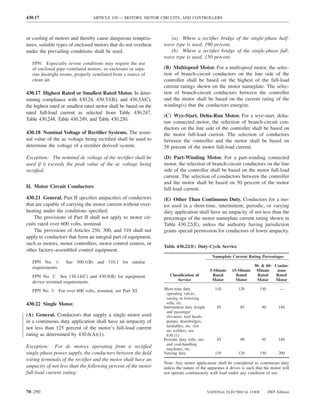430.17                            ARTICLE 430 — MOTORS, MOTOR CIRCUITS, AND CONTROLLERS



or cooling of motors and thereby cause dangerous tempera-            (a) Where a rectiﬁer bridge of the single-phase half-
tures, suitable types of enclosed motors that do not overheat     wave type is used, 190 percent.
under the prevailing conditions shall be used.                       (b) Where a rectiﬁer bridge of the single-phase full-
                                                                  wave type is used, 150 percent.
   FPN: Especially severe conditions may require the use
   of enclosed pipe-ventilated motors, or enclosure in sepa-      (B) Multispeed Motor. For a multispeed motor, the selec-
   rate dusttight rooms, properly ventilated from a source of     tion of branch-circuit conductors on the line side of the
   clean air.                                                     controller shall be based on the highest of the full-load
                                                                  current ratings shown on the motor nameplate. The selec-
430.17 Highest Rated or Smallest Rated Motor. In deter-           tion of branch-circuit conductors between the controller
mining compliance with 430.24, 430.53(B), and 430.53(C),          and the motor shall be based on the current rating of the
the highest rated or smallest rated motor shall be based on the   winding(s) that the conductors energize.
rated full-load current as selected from Table 430.247,
                                                                  (C) Wye-Start, Delta-Run Motor. For a wye-start, delta-
Table 430.248, Table 430.249, and Table 430.250.
                                                                  run connected motor, the selection of branch-circuit con-
                                                                  ductors on the line side of the controller shall be based on
430.18 Nominal Voltage of Rectiﬁer Systems. The nomi-             the motor full-load current. The selection of conductors
nal value of the ac voltage being rectiﬁed shall be used to       between the controller and the motor shall be based on
determine the voltage of a rectiﬁer derived system.               58 percent of the motor full-load current.

Exception: The nominal dc voltage of the rectiﬁer shall be        (D) Part-Winding Motor. For a part-winding connected
used if it exceeds the peak value of the ac voltage being         motor, the selection of branch-circuit conductors on the line
rectiﬁed.                                                         side of the controller shall be based on the motor full-load
                                                                  current. The selection of conductors between the controller
                                                                  and the motor shall be based on 50 percent of the motor
II. Motor Circuit Conductors                                      full-load current.
430.21 General. Part II speciﬁes ampacities of conductors         (E) Other Than Continuous Duty. Conductors for a mo-
that are capable of carrying the motor current without over-      tor used in a short-time, intermittent, periodic, or varying
heating under the conditions speciﬁed.                            duty application shall have an ampacity of not less than the
    The provisions of Part II shall not apply to motor cir-       percentage of the motor nameplate current rating shown in
cuits rated over 600 volts, nominal.                              Table 430.22(E), unless the authority having jurisdiction
    The provisions of Articles 250, 300, and 310 shall not        grants special permission for conductors of lower ampacity.
apply to conductors that form an integral part of equipment,
such as motors, motor controllers, motor control centers, or
                                                                  Table 430.22(E) Duty-Cycle Service
other factory-assembled control equipment.
                                                                                                Nameplate Current Rating Percentages
   FPN No. 1:       See 300.1(B) and 310.1 for similar
   requirements.                                                                                                      30- & 60- Contin-
                                                                                               5-Minute   15-Minute    Minute    uous
   FPN No. 2: See 110.14(C) and 430.9(B) for equipment               Classiﬁcation of            Rated      Rated       Rated    Rated
                                                                         Service                Motor       Motor      Motor    Motor
   device terminal requirements.
   FPN No. 3: For over 600 volts, nominal, see Part XI.           Short-time duty                110         120         150         —
                                                                    operating valves,
                                                                    raising or lowering
430.22 Single Motor.                                                rolls, etc.
                                                                  Intermittent duty freight       85          85          90         140
                                                                    and passenger
(A) General. Conductors that supply a single motor used             elevators, tool heads,
in a continuous duty application shall have an ampacity of          pumps, drawbridges,
                                                                    turntables, etc. (for
not less than 125 percent of the motor’s full-load current          arc welders, see
rating as determined by 430.6(A)(1).                                630.11)
                                                                  Periodic duty rolls, ore-       85          90          95         140
                                                                    and coal-handling
Exception: For dc motors operating from a rectiﬁed                  machines, etc.
single-phase power supply, the conductors between the ﬁeld        Varying duty                   110         120         150         200
wiring terminals of the rectiﬁer and the motor shall have an
                                                                  Note: Any motor application shall be considered as continuous duty
ampacity of not less than the following percent of the motor      unless the nature of the apparatus it drives is such that the motor will
full-load current rating:                                         not operate continuously with load under any condition of use.



70–290                                                                                        NATIONAL ELECTRICAL CODE         2005 Edition
 