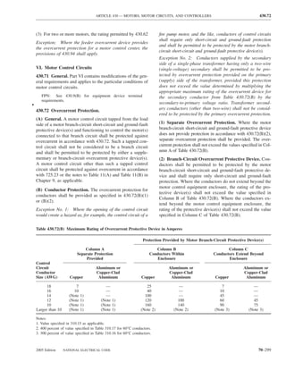 ARTICLE 430 — MOTORS, MOTOR CIRCUITS, AND CONTROLLERS                                         430.72



    (3) For two or more motors, the rating permitted by 430.62               ﬁre pump motor, and the like, conductors of control circuits
                                                                             shall require only short-circuit and ground-fault protection
    Exception: Where the feeder overcurrent device provides
                                                                             and shall be permitted to be protected by the motor branch-
    the overcurrent protection for a motor control center, the
                                                                             circuit short-circuit and ground-fault protective device(s).
    provisions of 430.94 shall apply.
                                                                             Exception No. 2: Conductors supplied by the secondary
                                                                             side of a single-phase transformer having only a two-wire
    VI. Motor Control Circuits                                               (single-voltage) secondary shall be permitted to be pro-
    430.71 General. Part VI contains modiﬁcations of the gen-                tected by overcurrent protection provided on the primary
    eral requirements and applies to the particular conditions of            (supply) side of the transformer, provided this protection
    motor control circuits.                                                  does not exceed the value determined by multiplying the
                                                                             appropriate maximum rating of the overcurrent device for
       FPN: See 430.9(B) for equipment device terminal                       the secondary conductor from Table 430.72(B) by the
       requirements.
•                                                                            secondary-to-primary voltage ratio. Transformer second-
    430.72 Overcurrent Protection.                                           ary conductors (other than two-wire) shall not be consid-
                                                                             ered to be protected by the primary overcurrent protection.
    (A) General. A motor control circuit tapped from the load
    side of a motor branch-circuit short-circuit and ground-fault            (1) Separate Overcurrent Protection. Where the motor
    protective device(s) and functioning to control the motor(s)             branch-circuit short-circuit and ground-fault protective device
    connected to that branch circuit shall be protected against              does not provide protection in accordance with 430.72(B)(2),
    overcurrent in accordance with 430.72. Such a tapped con-                separate overcurrent protection shall be provided. The over-
    trol circuit shall not be considered to be a branch circuit              current protection shall not exceed the values speciﬁed in Col-
    and shall be permitted to be protected by either a supple-               umn A of Table 430.72(B).
    mentary or branch-circuit overcurrent protective device(s).              (2) Branch-Circuit Overcurrent Protective Device. Con-
    A motor control circuit other than such a tapped control                 ductors shall be permitted to be protected by the motor
    circuit shall be protected against overcurrent in accordance             branch-circuit short-circuit and ground-fault protective de-
    with 725.23 or the notes to Table 11(A) and Table 11(B) in               vice and shall require only short-circuit and ground-fault
    Chapter 9, as applicable.                                                protection. Where the conductors do not extend beyond the
                                                                             motor control equipment enclosure, the rating of the pro-
    (B) Conductor Protection. The overcurrent protection for
                                                                             tective device(s) shall not exceed the value speciﬁed in
    conductors shall be provided as speciﬁed in 430.72(B)(1)
                                                                             Column B of Table 430.72(B). Where the conductors ex-
    or (B)(2).
                                                                             tend beyond the motor control equipment enclosure, the
    Exception No. 1: Where the opening of the control circuit                rating of the protective device(s) shall not exceed the value
    would create a hazard as, for example, the control circuit of a          speciﬁed in Column C of Table 430.72(B).

    Table 430.72(B) Maximum Rating of Overcurrent Protective Device in Amperes

                                                                    Protection Provided by Motor Branch-Circuit Protective Device(s)

                                Column A                                   Column B                               Column C
                            Separate Protection                         Conductors Within                  Conductors Extend Beyond
                                 Provided                                  Enclosure                              Enclosure
    Control
    Circuit                            Aluminum or                                Aluminum or                               Aluminum or
    Conductor                          Copper-Clad                                Copper-Clad                               Copper-Clad
    Size (AWG)          Copper          Aluminum                   Copper          Aluminum                 Copper           Aluminum

          18                7               —                        25                 —                       7                —
          16              10                —                        40                 —                     10                 —
          14            (Note   1)          —                       100                 —                     45                 —
          12            (Note   1)        (Note 1)                  120                100                    60                 45
          10            (Note   1)        (Note 1)                  160                140                    90                 75
    Larger than 10      (Note   1)        (Note 1)                (Note 2)           (Note 2)               (Note 3)           (Note 3)

    Notes:
    1. Value speciﬁed in 310.15 as applicable.
    2. 400 percent of value speciﬁed in Table 310.17 for 60°C conductors.
    3. 300 percent of value speciﬁed in Table 310.16 for 60°C conductors.



    2005 Edition     NATIONAL ELECTRICAL CODE                                                                                       70–299
 