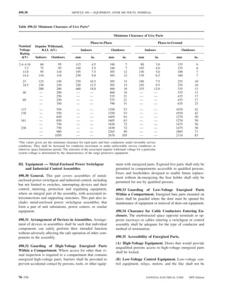 490.30                                    ARTICLE 490 — EQUIPMENT, OVER 600 VOLTS, NOMINAL



Table 490.24 Minimum Clearance of Live Parts*

                                                                           Minimum Clearance of Live Parts

                                                         Phase-to-Phase                                          Phase-to-Ground
Nominal      Impulse Withstand,
Voltage         B.I.L (kV)                         Indoors               Outdoors                    Indoors                   Outdoors
 Rating
  (kV)       Indoors      Outdoors           mm          in.           mm         in.          mm           in.             mm         in.

2.4–4.16         60            95            115          4.5           180         7           80              3.0          155          6
    7.2          75            95            140          5.5           180         7          105              4.0          155          6
   13.8          95           110            195          7.5           305        12          130              5.0          180          7
   14.4         110           110            230          9.0           305        12          170              6.5          180          7
   23          125            150            270        10.5            385        15          190          7.5              255       10
   34.5        150            150            320        12.5            385        15          245          9.5              255       10
               200            200            460        18.0            460        18          335         13.0              335       13
   46           —             200             —         —               460        18          —           —                 335       13
                —             250             —         —               535        21           —          —                 435       17
   69           —             250             —         —               535        21          —           —                 435       17
                —             350             —         —               790        31           —          —                 635       25
  115           —            550              —         —              1350        53           —          —                1070       42
  138           —            550              —         —              1350        53           —          —                1070       42
                —            650              —         —              1605        63           —          —                1270       50
  161           —            650              —         —              1605        63           —          —                1270       50
                —            750              —         —              1830        72           —          —                1475       58
  230           —            750              —         —              1830        72           —          —                1475       58
                —            900              —         —              2265        89           —          —                1805       71
                —           1050              —         —              2670       105           —          —                2110       83

*The values given are the minimum clearance for rigid parts and bare conductors under favorable service
conditions. They shall be increased for conductor movement or under unfavorable service conditions or
wherever space limitations permit. The selection of the associated impulse withstand voltage for a particular
system voltage is determined by the characteristics of the surge protective equipment.


III. Equipment — Metal-Enclosed Power Switchgear                              ment with energized parts. Exposed live parts shall only be
     and Industrial Control Assemblies                                        permitted in compartments accessible to qualiﬁed persons.
                                                                              Fuses and fuseholders designed to enable future replace-
490.30 General. This part covers assemblies of metal-                         ment without de-energizing the fuse holder shall only be
enclosed power switchgear and industrial control, including                   permitted for use by qualiﬁed persons.
but not limited to switches, interrupting devices and their
control, metering, protection and regulating equipment,                       490.33 Guarding of Low-Voltage Energized Parts
where an integral part of the assembly, with associated in-                   Within a Compartment. Energized bare parts mounted on
terconnections and supporting structures. This part also in-                  doors shall be guarded where the door must be opened for
cludes metal-enclosed power switchgear assemblies that                        maintenance of equipment or removal of draw-out equipment.
form a part of unit substations, power centers, or similar
equipment.                                                                    490.34 Clearance for Cable Conductors Entering En-
                                                                              closure. The unobstructed space opposite terminals or op-
490.31 Arrangement of Devices in Assemblies. Arrange-                         posite raceways or cables entering a switchgear or control
ment of devices in assemblies shall be such that individual                   assembly shall be adequate for the type of conductor and
components can safely perform their intended function                         method of termination.
without adversely affecting the safe operation of other com-
ponents in the assembly.                                                      490.35 Accessibility of Energized Parts.
                                                                              (A) High-Voltage Equipment. Doors that would provide
490.32 Guarding of High-Voltage Energized Parts                               unqualiﬁed persons access to high-voltage energized parts
Within a Compartment. Where access for other than vi-                         shall be locked.
sual inspection is required to a compartment that contains
energized high-voltage parts, barriers shall be provided to                   (B) Low-Voltage Control Equipment. Low-voltage con-
prevent accidental contact by persons, tools, or other equip-                 trol equipment, relays, motors, and the like shall not be


70–336                                                                                               NATIONAL ELECTRICAL CODE      2005 Edition
 