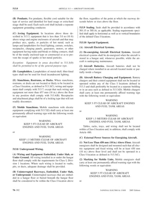 513.8                                         ARTICLE 513 — AIRCRAFT HANGARS



(B) Pendants. For pendants, ﬂexible cord suitable for the       the ﬂoor, regardless of the point at which the raceway de-
type of service and identiﬁed for hard usage or extra-hard      scends below or rises above the ﬂoor.
usage shall be used. Each such cord shall include a separate
equipment grounding conductor.                                  513.9 Sealing. Seals shall be provided in accordance with
                                                                501.15 or 505.16, as applicable. Sealing requirements speci-
(C) Arcing Equipment. In locations above those de-              ﬁed shall apply to horizontal as well as to vertical boundaries
scribed in 513.3, equipment that is less than 3.0 m (10 ft)     of the deﬁned Class I locations.
above wings and engine enclosures of aircraft and that may
produce arcs, sparks, or particles of hot metal, such as        513.10 Special Equipment.
lamps and lampholders for ﬁxed lighting, cutouts, switches,
receptacles, charging panels, generators, motors, or other      (A) Aircraft Electrical Systems.
equipment having make-and-break or sliding contacts, shall      (1) De-energizing Aircraft Electrical Systems. Aircraft
be of the totally enclosed type or constructed so as to pre-    electrical systems shall be de-energized when the aircraft is
vent the escape of sparks or hot metal particles.               stored in a hangar and, whenever possible, while the air-
                                                                craft is undergoing maintenance.
Exception: Equipment in areas described in 513.3(D)
shall be permitted to be of the general-purpose type.           (2) Aircraft Batteries. Aircraft batteries shall not be
                                                                charged where installed in an aircraft located inside or par-
(D) Lampholders. Lampholders of metal-shell, ﬁber-lined         tially inside a hangar.
types shall not be used for ﬁxed incandescent lighting.
                                                                (B) Aircraft Battery Charging and Equipment. Battery
(E) Stanchions, Rostrums, or Docks. Where stanchions,           chargers and their control equipment shall not be located or
rostrums, or docks are not located or likely to be located in   operated within any of the Class I locations deﬁned in
a Class I location, as deﬁned in 513.3(C), wiring and equip-    513.3 and shall preferably be located in a separate building
ment shall comply with 513.7, except that such wiring and       or in an area such as deﬁned in 513.3(D). Mobile chargers
equipment not more than 457 mm (18 in.) above the ﬂoor          shall carry at least one permanently affixed warning sign
in any position shall comply with 513.4(B). Receptacles         with the following words or equivalent:
and attachment plugs shall be of a locking type that will not
                                                                                    WARNING
readily disconnect.
                                                                     KEEP 5 FT CLEAR OF AIRCRAFT ENGINES
(F) Mobile Stanchions. Mobile stanchions with electric                       AND FUEL TANK AREAS
equipment complying with 513.7(E) shall carry at least one      or
permanently affixed warning sign with the following words
or equivalent:                                                                      WARNING
                                                                      KEEP 1.5 METERS CLEAR OF AIRCRAFT
                      WARNING                                           ENGINES AND FUEL TANK AREAS
           KEEP 5 FT CLEAR OF AIRCRAFT
          ENGINES AND FUEL TANK AREAS                               Tables, racks, trays, and wiring shall not be located
                                                                within a Class I location and, in addition, shall comply with
or                                                              Article 480.
                      WARNING                                   (C) External Power Sources for Energizing Aircraft.
        KEEP 1.5 METERS CLEAR OF AIRCRAFT
          ENGINES AND FUEL TANK AREAS                           (1) Not Less Than 450 mm (18 in.) Above Floor. Aircraft
                                                                energizers shall be designed and mounted such that all elec-
513.8 Underground Wiring.                                       tric equipment and ﬁxed wiring will be at least 450 mm
                                                                (18 in.) above ﬂoor level and shall not be operated in a
(A) Wiring and Equipment Embedded, Under Slab, or               Class I location as deﬁned in 513.3(C).
Under Ground. All wiring installed in or under the hangar
ﬂoor shall comply with the requirements for Class I, Divi-      (2) Marking for Mobile Units. Mobile energizers shall
sion 1 locations. Where such wiring is located in vaults,       carry at least one permanently affixed warning sign with the
pits, or ducts, adequate drainage shall be provided.            following words or equivalent:
                                                                                      WARNING
(B) Uninterrupted Raceways, Embedded, Under Slab,
                                                                           KEEP 5 FT CLEAR OF AIRCRAFT
or Underground. Uninterrupted raceways that are embed-
                                                                          ENGINES AND FUEL TANK AREAS
ded in a hangar ﬂoor or buried beneath the hangar ﬂoor
shall be considered to be within the Class I location above     or


70–392                                                                               NATIONAL ELECTRICAL CODE      2005 Edition
 
