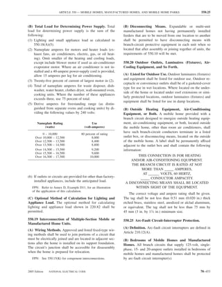 ARTICLE 550 — MOBILE HOMES, MANUFACTURED HOMES, AND MOBILE HOME PARKS                            550.25



(B) Total Load for Determining Power Supply. Total                (B) Disconnecting Means. Expandable or multi-unit
load for determining power supply is the sum of the               manufactured homes not having permanently installed
following:                                                        feeders that are to be moved from one location to another
(1) Lighting and small appliance load as calculated in            shall be permitted to have disconnecting means with
    550.18(A)(5).                                                 branch-circuit protective equipment in each unit when so
(2) Nameplate amperes for motors and heater loads (ex-            located that after assembly or joining together of units, the
    haust fans, air conditioners, electric, gas, or oil heat-     requirements of 550.10 will be met.
    ing). Omit smaller of the heating and cooling loads,
    except include blower motor if used as air-conditioner        550.20 Outdoor Outlets, Luminaires (Fixtures), Air-
    evaporator motor. Where an air conditioner is not in-         Cooling Equipment, and So Forth.
    stalled and a 40-ampere power-supply cord is provided,
    allow 15 amperes per leg for air conditioning.                (A) Listed for Outdoor Use. Outdoor luminaires (ﬁxtures)
                                                                  and equipment shall be listed for outdoor use. Outdoor re-
(3) Twenty-ﬁve percent of current of largest motor in (2).
                                                                  ceptacle or convenience outlets shall be of a gasketed-cover
(4) Total of nameplate amperes for waste disposer, dish-
                                                                  type for use in wet locations. Where located on the under-
    washer, water heater, clothes dryer, wall-mounted oven,
                                                                  side of the home or located under roof extensions or simi-
    cooking units. Where the number of these appliances
                                                                  larly protected locations, outdoor luminaires (ﬁxtures) and
    exceeds three, use 75 percent of total.
                                                                  equipment shall be listed for use in damp locations.
(5) Derive amperes for freestanding range (as distin-
    guished from separate ovens and cooking units) by di-         (B) Outside Heating Equipment, Air-Conditioning
    viding the following values by 240 volts:                     Equipment, or Both. A mobile home provided with a
                                                                  branch circuit designed to energize outside heating equip-
       Nameplate Rating                       Use                 ment, air-conditioning equipment, or both, located outside
           (watts)                      (volt-amperes)            the mobile home, other than room air conditioners, shall
                                                                  have such branch-circuit conductors terminate in a listed
            0 – 10,000                80 percent of rating
     Over   10,000 – 12,500                  8,000                outlet box, or disconnecting means, located on the outside
     Over   12,500 – 13,500                  8,400                of the mobile home. A label shall be permanently affixed
     Over   13,500 – 14,500                  8,800                adjacent to the outlet box and shall contain the following
     Over   14,500 – 15,500                  9,200                information:
     Over   15,500 – 16,500                  9,600
     Over   16,500 – 17,500                 10,000                       THIS CONNECTION IS FOR HEATING
                                                                      AND/OR AIR-CONDITIONING EQUIPMENT.
                                                                      THE BRANCH CIRCUIT IS RATED AT NOT
                                                                           MORE THAN _____ AMPERES,
                                                                           AT ______ VOLTS, 60 HERTZ,
(6) If outlets or circuits are provided for other than factory-           _____ CONDUCTOR AMPACITY.
    installed appliances, include the anticipated load.
                                                                   A DISCONNECTING MEANS SHALL BE LOCATED
   FPN: Refer to Annex D, Example D11, for an illustration              WITHIN SIGHT OF THE EQUIPMENT.
   of the application of this calculation.
                                                                      The correct voltage and ampere rating shall be given.
(C) Optional Method of Calculation for Lighting and               The tag shall be not less than 0.51 mm (0.020 in.) thick
Appliance Load. The optional method for calculating               etched brass, stainless steel, anodized or alclad aluminum,
lighting and appliance load shown in 220.82 shall be              or equivalent. The tag shall not be less than 75 mm by
permitted.                                                        45 mm (3 in. by 13⁄4 in.) minimum size.

550.19 Interconnection of Multiple-Section Mobile or              550.25 Arc-Fault Circuit-Interrupter Protection.
Manufactured Home Units.
                                                                  (A) Deﬁnition. Arc-fault circuit interrupters are deﬁned in
(A) Wiring Methods. Approved and listed ﬁxed-type wir-
                                                                  Article 210.12(A).
ing methods shall be used to join portions of a circuit that
must be electrically joined and are located in adjacent sec-      (B) Bedrooms of Mobile Homes and Manufactured
tions after the home is installed on its support foundation.      Homes. All branch circuits that supply 125-volt, single-
The circuit’s junction shall be accessible for disassembly        phase, 15- and 20-ampere outlets installed in bedrooms of
when the home is prepared for relocation.
                                                                  mobile homes and manufactured homes shall be protected
   FPN: See 550.15(K) for component interconnections.             by arc-fault circuit interrupter(s).


2005 Edition    NATIONAL ELECTRICAL CODE                                                                                70–453
 