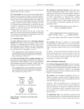 ARTICLE 552 — PARK TRAILERS                                              552.45



provisions for protection against corrosion and mechanical                  (D) Labeling at Electrical Entrance. Each park trailer
damage while the unit is in transit.                                        shall have permanently affixed to the exterior skin, at or
                                                                            near the point of entrance of the power-supply assembly, a
(B) Cord Length. The cord-exposed usable length shall be
                                                                            label 75 mm × 45 mm (3 in. × 13⁄4 in.) minimum size, made
measured from the point of entrance to the park trailer or
                                                                            of etched, metal-stamped, or embossed brass, stainless
the face of the ﬂanged surface inlet (motor-base attachment
                                                                            steel, or anodized or alclad aluminum not less than
plug) to the face of the attachment plug at the supply end.
                                                                            0.51 mm (0.020 in.) thick, or other suitable material [e.g.,
    The cord-exposed usable length, measured to the point
of entry on the unit exterior, shall be a minimum of 7.0 m                  0.13 mm (0.005 in.) thick plastic laminate], that reads, as
(23 ft) where the point of entrance is at the side of the unit,             appropriate, either
or shall be a minimum 8.5 m (28 ft) where the point of                           THIS CONNECTION IS FOR 110–125-VOLT AC,
entrance is at the rear of the unit. The maximum length                                60 HZ, 30 AMPERE SUPPLY
shall not exceed 11 m (361⁄2 ft).
    Where the cord entrance into the unit is more than                      or
900 mm (3 ft) above the ground, the minimum cord lengths                        THIS CONNECTION IS FOR 120/240-VOLT AC,
above shall be increased by the vertical distance of the cord                3-POLE, 4-WIRE, 60 HZ, ______ AMPERE SUPPLY.
entrance heights above 900 mm (3 ft).
                                                                               The correct ampere rating shall be marked in the blank
(C) Attachment Plugs.                                                       space.
(1) Units with Two to Five 15- or 20-Ampere Branch
                                                                            (E) Location. The point of entrance of a power-supply
Circuits. Park trailers wired in accordance with 552.46(A)
shall have an attachment plug that shall be 2-pole, 3-wire                  assembly shall be located within 4.5 m (15 ft) of the rear,
grounding-type, rated 30 amperes, 125 volts, conforming to                  on the left (road) side or at the rear, left of the longitudinal
the conﬁguration shown in Figure 552.44(C) intended for                     center of the unit, within 450 mm (18 in.) of the outside
use with units rated at 30 amperes, 125 volts.                              wall.

   FPN: Complete details of this conﬁguration can be found                  Exception: A park trailer shall be permitted to have the
   in ANSI/NEMA WD 6-1989, National Electrical Manufac-                     electrical point of entrance located more than 4.5 m (15 ft)
   turers Association’s Standard for Dimensions of Attachment               from the rear. Where this occurs, the distance beyond the
   Plugs and Receptacles, Figure TT.
                                                                            4.5-m (15-ft) dimension shall be added to the cord’s mini-
(2) Units with 50-Ampere Power Supply Assembly. Park                        mum length as speciﬁed in 551.46(B).
trailers having a power-supply assembly rated 50 amperes as
permitted by 552.43(B) shall have a 3-pole, 4-wire grounding-               552.45 Distribution Panelboard.
type attachment plug rated 50 amperes, 125/250 volts, con-
                                                                            (A) Listed and Appropriately Rated. A listed and appro-
forming to the conﬁguration shown in Figure 552.44(C).
                                                                            priately rated distribution panelboard shall be used. The
   FPN: Complete details of this conﬁguration can be found                  grounded conductor termination bar shall be insulated from
   in ANSI/NEMA WD 6-1989, National Electrical Manufac-                     the enclosure as provided in 552.55(C). An equipment
   turers Association Standard for Dimensions of Attachment
   Plugs and Receptacles, Figure 14-50.
                                                                            grounding terminal bar shall be attached inside the metal
                                                                            enclosure of the panelboard.

                                                                            (B) Location. The distribution panelboard shall be in-
                   Receptacles              Caps                            stalled in a readily accessible location. Working clearance
                                                                            for the panelboard shall be not less than 600 mm (24 in.)
                           G                    G
                                                                            wide and 750 mm (30 in.) deep.
                          W                 W                               Exception: Where the panelboard cover is exposed to the
               30-A,125-V, 2-pole, 3-wire, grounding type                   inside aisle space, one of the working clearance dimensions
                                                                            shall be permitted to be reduced to a minimum of 550 mm
                          G                     G                           (22 in.). A panelboard shall be considered exposed where
                     Y         X        X           Y                       the panelboard cover is within 50 mm (2 in.) of the aisle’s
                          W                     W                           ﬁnished surface.
          50-A,125/250-V, 3-pole, 4-wire, grounding type
                                                                            (C) Dead-Front Type. The distribution panelboard shall
Figure 552.44(C) Attachment Cap and Receptacle                              be of the dead-front type. A main disconnecting means shall
Conﬁgurations.                                                              be provided where fuses are used or where more than two


2005 Edition       NATIONAL ELECTRICAL CODE                                                                                         70–471
 