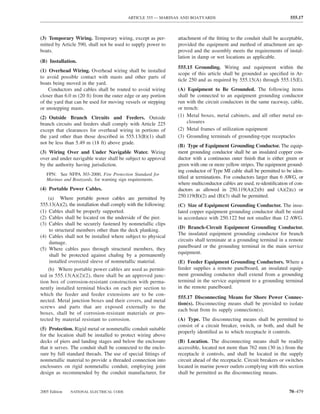 ARTICLE 555 — MARINAS AND BOATYARDS                                          555.17



(3) Temporary Wiring. Temporary wiring, except as per-            attachment of the ﬁtting to the conduit shall be acceptable,
mitted by Article 590, shall not be used to supply power to       provided the equipment and method of attachment are ap-
boats.                                                            proved and the assembly meets the requirements of instal-
                                                                  lation in damp or wet locations as applicable.
(B) Installation.
                                                                  555.15 Grounding. Wiring and equipment within the
(1) Overhead Wiring. Overhead wiring shall be installed
                                                                  scope of this article shall be grounded as speciﬁed in Ar-
to avoid possible contact with masts and other parts of
                                                                  ticle 250 and as required by 555.15(A) through 555.15(E).
boats being moved in the yard.
    Conductors and cables shall be routed to avoid wiring         (A) Equipment to Be Grounded. The following items
closer than 6.0 m (20 ft) from the outer edge or any portion      shall be connected to an equipment grounding conductor
of the yard that can be used for moving vessels or stepping       run with the circuit conductors in the same raceway, cable,
or unstepping masts.                                              or trench:
(2) Outside Branch Circuits and Feeders. Outside                  (1) Metal boxes, metal cabinets, and all other metal en-
branch circuits and feeders shall comply with Article 225              closures
except that clearances for overhead wiring in portions of         (2) Metal frames of utilization equipment
the yard other than those described in 555.13(B)(1) shall         (3) Grounding terminals of grounding-type receptacles
not be less than 5.49 m (18 ft) above grade.
                                                                  (B) Type of Equipment Grounding Conductor. The equip-
(3) Wiring Over and Under Navigable Water. Wiring                 ment grounding conductor shall be an insulated copper con-
over and under navigable water shall be subject to approval       ductor with a continuous outer ﬁnish that is either green or
by the authority having jurisdiction.                             green with one or more yellow stripes. The equipment ground-
                                                                  ing conductor of Type MI cable shall be permitted to be iden-
   FPN: See NFPA 303-2000, Fire Protection Standard for
   Marinas and Boatyards, for warning sign requirements.          tiﬁed at terminations. For conductors larger than 6 AWG, or
                                                                  where multiconductor cables are used, re-identiﬁcation of con-
(4) Portable Power Cables.                                        ductors as allowed in 250.119(A)(2)(b) and (A)(2)(c) or
    (a) Where portable power cables are permitted by              250.119(B)(2) and (B)(3) shall be permitted.
555.13(A)(2), the installation shall comply with the following:   (C) Size of Equipment Grounding Conductor. The insu-
(1) Cables shall be properly supported.                           lated copper equipment grounding conductor shall be sized
(2) Cables shall be located on the underside of the pier.         in accordance with 250.122 but not smaller than 12 AWG.
(3) Cables shall be securely fastened by nonmetallic clips
                                                                  (D) Branch-Circuit Equipment Grounding Conductor.
    to structural members other than the deck planking.
                                                                  The insulated equipment grounding conductor for branch
(4) Cables shall not be installed where subject to physical
                                                                  circuits shall terminate at a grounding terminal in a remote
    damage.
                                                                  panelboard or the grounding terminal in the main service
(5) Where cables pass through structural members, they
                                                                  equipment.
    shall be protected against chaﬁng by a permanently
    installed oversized sleeve of nonmetallic material.           (E) Feeder Equipment Grounding Conductors. Where a
    (b) Where portable power cables are used as permit-           feeder supplies a remote panelboard, an insulated equip-
ted in 555.13(A)(2)(2), there shall be an approved junc-          ment grounding conductor shall extend from a grounding
tion box of corrosion-resistant construction with perma-          terminal in the service equipment to a grounding terminal
nently installed terminal blocks on each pier section to          in the remote panelboard.
which the feeder and feeder extensions are to be con-
                                                                  555.17 Disconnecting Means for Shore Power Connec-
nected. Metal junction boxes and their covers, and metal
                                                                  tion(s). Disconnecting means shall be provided to isolate
screws and parts that are exposed externally to the
                                                                  each boat from its supply connection(s).
boxes, shall be of corrosion-resistant materials or pro-
tected by material resistant to corrosion.                        (A) Type. The disconnecting means shall be permitted to
                                                                  consist of a circuit breaker, switch, or both, and shall be
(5) Protection. Rigid metal or nonmetallic conduit suitable
                                                                  properly identiﬁed as to which receptacle it controls.
for the location shall be installed to protect wiring above
decks of piers and landing stages and below the enclosure         (B) Location. The disconnecting means shall be readily
that it serves. The conduit shall be connected to the enclo-      accessible, located not more than 762 mm (30 in.) from the
sure by full standard threads. The use of special ﬁttings of      receptacle it controls, and shall be located in the supply
nonmetallic material to provide a threaded connection into        circuit ahead of the receptacle. Circuit breakers or switches
enclosures on rigid nonmetallic conduit, employing joint          located in marine power outlets complying with this section
design as recommended by the conduit manufacturer, for            shall be permitted as the disconnecting means.


2005 Edition   NATIONAL ELECTRICAL CODE                                                                                  70–479
 
