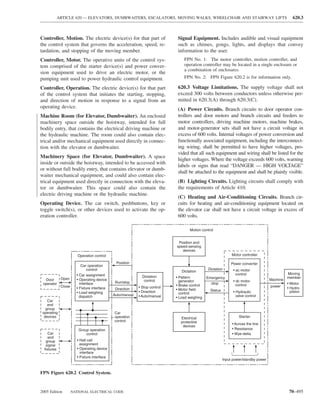 ARTICLE 620 — ELEVATORS, DUMBWAITERS, ESCALATORS, MOVING WALKS, WHEELCHAIR AND STAIRWAY LIFTS                                         620.3



Controller, Motion. The electric device(s) for that part of                   Signal Equipment. Includes audible and visual equipment
the control system that governs the acceleration, speed, re-                  such as chimes, gongs, lights, and displays that convey
tardation, and stopping of the moving member.                                 information to the user.
Controller, Motor. The operative units of the control sys-                       FPN No. 1: The motor controller, motion controller, and
tem comprised of the starter device(s) and power conver-                         operation controller may be located in a single enclosure or
                                                                                 a combination of enclosures.
sion equipment used to drive an electric motor, or the
pumping unit used to power hydraulic control equipment.                          FPN No. 2: FPN Figure 620.2 is for information only.

Controller, Operation. The electric device(s) for that part                   620.3 Voltage Limitations. The supply voltage shall not
of the control system that initiates the starting, stopping,                  exceed 300 volts between conductors unless otherwise per-
and direction of motion in response to a signal from an                       mitted in 620.3(A) through 620.3(C).
operating device.                                                             (A) Power Circuits. Branch circuits to door operator con-
Machine Room (for Elevator, Dumbwaiter). An enclosed                          trollers and door motors and branch circuits and feeders to
machinery space outside the hoistway, intended for full                       motor controllers, driving machine motors, machine brakes,
bodily entry, that contains the electrical driving machine or                 and motor-generator sets shall not have a circuit voltage in
the hydraulic machine. The room could also contain elec-                      excess of 600 volts. Internal voltages of power conversion and
trical and/or mechanical equipment used directly in connec-                   functionally associated equipment, including the interconnect-
tion with the elevator or dumbwaiter.                                         ing wiring, shall be permitted to have higher voltages, pro-
                                                                              vided that all such equipment and wiring shall be listed for the
Machinery Space (for Elevator, Dumbwaiter). A space
                                                                              higher voltages. Where the voltage exceeds 600 volts, warning
inside or outside the hoistway, intended to be accessed with
                                                                              labels or signs that read “DANGER — HIGH VOLTAGE”
or without full bodily entry, that contains elevator or dumb-
                                                                              shall be attached to the equipment and shall be plainly visible.
waiter mechanical equipment, and could also contain elec-
trical equipment used directly in connection with the eleva-                  (B) Lighting Circuits. Lighting circuits shall comply with
tor or dumbwaiter. This space could also contain the                          the requirements of Article 410.
electric driving machine or the hydraulic machine.
                                                                              (C) Heating and Air-Conditioning Circuits. Branch cir-
Operating Device. The car switch, pushbuttons, key or                         cuits for heating and air-conditioning equipment located on
toggle switch(s), or other devices used to activate the op-                   the elevator car shall not have a circuit voltage in excess of
eration controller.                                                           600 volts.

                                                                                     Motion control


                                                                              Position and
                                                                             speed-sensing
                                                                                devices
                         Operation control                                                                     Motor controller

                                               Position                                                       Power converter
                           Car operation
                               control                                                          Dictation       • ac motor
                                                                                Dictation
                        • Car assignment                                                                          control                       Moving
                                                              Dictation      • Pattern         Emergency                                        member
  Door        Open      • Operating device                                                                                            Machine
                                               Run/stop        control         generator                        • dc motor
 operator                 interface                                                              stop             control                       • Motor
              Close                                                          • Brake control                                          power
                        • Fixture interface    Direction    • Stop control                                                                      • Hydro
                                                                             • Motor field       Status
                        • Load weighing                     • Direction        control                          • Hydraulic                       piston
                          dispatch            Auto/manual   • Auto/manual                                         valve control
                                                                             • Load weighing
    Car
    and
   group
 operating                                    Car
  devices                                     operation                        Electrical                          Starter
                                              control                          protective                      • Across the line
                                                                                devices
                         Group operation                                                                       • Resistance
     Car                     control                                                                           • Wye-delta
     and
   group                • Hall call
   signal                 assignment
  fixtures              • Operating device
                          interface
                        • Fixture interface
                                                                                                          Input power/standby power


FPN Figure 620.2 Control System.


2005 Edition          NATIONAL ELECTRICAL CODE                                                                                                   70–495
 