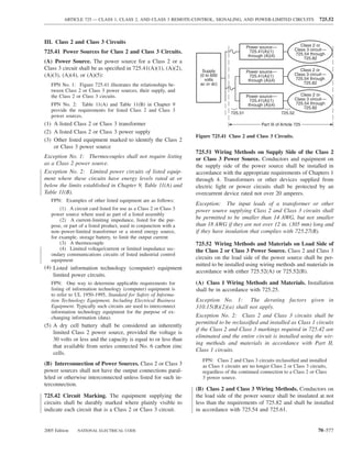 ARTICLE 725 — CLASS 1, CLASS 2, AND CLASS 3 REMOTE-CONTROL, SIGNALING, AND POWER-LIMITED CIRCUITS                          725.52



III. Class 2 and Class 3 Circuits
                                                                                             Power source—                 Class 2 or
                                                                                                                        Class 3 circuit—
725.41 Power Sources for Class 2 and Class 3 Circuits.                                         725.41(A)(1)
                                                                                                                        725.54 through
                                                                                              through (A)(4)
                                                                                                                            725.82
(A) Power Source. The power source for a Class 2 or a
Class 3 circuit shall be as speciﬁed in 725.41(A)(1), (A)(2),        Supply                                                Class 2 or
                                                                                             Power source—
(A)(3), (A)(4), or (A)(5):                                          (0 to 600                  725.41(A)(1)             Class 3 circuit—
                                                                      volts                   through (A)(4)            725.54 through
   FPN No. 1: Figure 725.41 illustrates the relationships be-       ac or dc)                                               725.82
   tween Class 2 or Class 3 power sources, their supply, and
   the Class 2 or Class 3 circuits.                                                          Power source—                 Class 2 or
                                                                                               725.41(A)(1)             Class 3 circuit—
   FPN No. 2: Table 11(A) and Table 11(B) in Chapter 9                                        through (A)(4)            725.54 through
                                                                                                                            725.82
   provide the requirements for listed Class 2 and Class 3
                                                                                    725.51                     725.52
   power sources.
(1) A listed Class 2 or Class 3 transformer                                                         Part III of Article 725
(2) A listed Class 2 or Class 3 power supply
                                                                   Figure 725.41 Class 2 and Class 3 Circuits.
(3) Other listed equipment marked to identify the Class 2
    or Class 3 power source
                                                                   725.51 Wiring Methods on Supply Side of the Class 2
Exception No. 1: Thermocouples shall not require listing           or Class 3 Power Source. Conductors and equipment on
as a Class 2 power source.                                         the supply side of the power source shall be installed in
Exception No. 2: Limited power circuits of listed equip-           accordance with the appropriate requirements of Chapters 1
ment where these circuits have energy levels rated at or           through 4. Transformers or other devices supplied from
below the limits established in Chapter 9, Table 11(A) and         electric light or power circuits shall be protected by an
Table 11(B).                                                       overcurrent device rated not over 20 amperes.
   FPN: Examples of other listed equipment are as follows:
                                                                   Exception: The input leads of a transformer or other
       (1) A circuit card listed for use as a Class 2 or Class 3   power source supplying Class 2 and Class 3 circuits shall
   power source where used as part of a listed assembly
       (2) A current-limiting impedance, listed for the pur-       be permitted to be smaller than 14 AWG, but not smaller
   pose, or part of a listed product, used in conjunction with a   than 18 AWG if they are not over 12 in. (305 mm) long and
   non–power-limited transformer or a stored energy source,        if they have insulation that complies with 725.27(B).
   for example, storage battery, to limit the output current
       (3) A thermocouple                                          725.52 Wiring Methods and Materials on Load Side of
       (4) Limited voltage/current or limited impedance sec-       the Class 2 or Class 3 Power Source. Class 2 and Class 3
   ondary communications circuits of listed industrial control
   equipment                                                       circuits on the load side of the power source shall be per-
                                                                   mitted to be installed using wiring methods and materials in
(4) Listed information technology (computer) equipment
                                                                   accordance with either 725.52(A) or 725.52(B).
    limited power circuits.
   FPN: One way to determine applicable requirements for           (A) Class 1 Wiring Methods and Materials. Installation
   listing of information technology (computer) equipment is       shall be in accordance with 725.25.
   to refer to UL 1950-1995, Standard for Safety of Informa-
   tion Technology Equipment, Including Electrical Business        Exception No. 1: The derating factors given in
   Equipment. Typically such circuits are used to interconnect     310.15(B)(2)(a) shall not apply.
   information technology equipment for the purpose of ex-
   changing information (data).                                    Exception No. 2: Class 2 and Class 3 circuits shall be
                                                                   permitted to be reclassiﬁed and installed as Class 1 circuits
(5) A dry cell battery shall be considered an inherently
                                                                   if the Class 2 and Class 3 markings required in 725.42 are
    limited Class 2 power source, provided the voltage is
                                                                   eliminated and the entire circuit is installed using the wir-
    30 volts or less and the capacity is equal to or less than
                                                                   ing methods and materials in accordance with Part II,
    that available from series connected No. 6 carbon zinc
                                                                   Class 1 circuits.
    cells.
                                                                      FPN: Class 2 and Class 3 circuits reclassiﬁed and installed
(B) Interconnection of Power Sources. Class 2 or Class 3              as Class 1 circuits are no longer Class 2 or Class 3 circuits,
power sources shall not have the output connections paral-            regardless of the continued connection to a Class 2 or Class
leled or otherwise interconnected unless listed for such in-          3 power source.
terconnection.
                                                                   (B) Class 2 and Class 3 Wiring Methods. Conductors on
725.42 Circuit Marking. The equipment supplying the                the load side of the power source shall be insulated at not
circuits shall be durably marked where plainly visible to          less than the requirements of 725.82 and shall be installed
indicate each circuit that is a Class 2 or Class 3 circuit.        in accordance with 725.54 and 725.61.


2005 Edition   NATIONAL ELECTRICAL CODE                                                                                            70–577
 