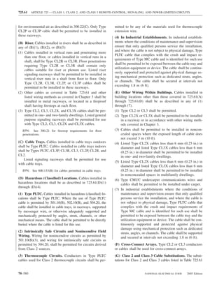 725.61   ARTICLE 725 — CLASS 1, CLASS 2, AND CLASS 3 REMOTE-CONTROL, SIGNALING, AND POWER-LIMITED CIRCUITS



for environmental air as described in 300.22(C). Only Type        mitted to be any of the materials used for thermocouple
CL2P or CL3P cable shall be permitted to be installed in          extension wire.
these raceways.
                                                                  (4) In Industrial Establishments. In industrial establish-
(B) Riser. Cables installed in risers shall be as described in    ments where the conditions of maintenance and supervision
any of (B)(1), (B)(2), or (B)(3):                                 ensure that only qualiﬁed persons service the installation,
                                                                  and where the cable is not subject to physical damage, Type
(1) Cables installed in vertical runs and penetrating more
                                                                  PLTC cable that complies with the crush and impact re-
    than one ﬂoor, or cables installed in vertical runs in a
                                                                  quirements of Type MC cable and is identiﬁed for such use
    shaft, shall be Type CL2R or CL3R. Floor penetrations
                                                                  shall be permitted to be exposed between the cable tray and
    requiring Type CL2R or CL3R shall contain only
                                                                  utilization equipment or device. The cable shall be continu-
    cables suitable for riser or plenum use. Listed riser
                                                                  ously supported and protected against physical damage us-
    signaling raceways shall be permitted to be installed in
                                                                  ing mechanical protection such as dedicated struts, angles,
    vertical riser runs in a shaft from ﬂoor to ﬂoor. Only
                                                                  or channels. The cable shall be secured at intervals not
    Type CL2R, CL3R, CL2P, or CL3P cables shall be
                                                                  exceeding 1.8 m (6 ft).
    permitted to be installed in these raceways.
(2) Other cables as covered in Table 725.61 and other             (E) Other Wiring Within Buildings. Cables installed in
    listed wiring methods as covered in Chapter 3 shall be        building locations other than those covered in 725.61(A)
    installed in metal raceways, or located in a ﬁreproof         through 725.61(D) shall be as described in any of (1)
    shaft having ﬁrestops at each ﬂoor.                           through (7).
(3) Type CL2, CL3, CL2X, and CL3X cables shall be per-            (1) Type CL2 or CL3 shall be permitted.
    mitted in one- and two-family dwellings. Listed general       (2) Type CL2X or CL3X shall be permitted to be installed
    purpose signaling raceways shall be permitted for use             in a raceway or in accordance with other wiring meth-
    with Type CL2, CL3, CL2X and CL3X cables.                         ods covered in Chapter 3.
   FPN: See 300.21 for ﬁrestop requirements for ﬂoor              (3) Cables shall be permitted to be installed in noncon-
   penetrations.                                                      cealed spaces where the exposed length of cable does
                                                                      not exceed 3 m (10 ft).
(C) Cable Trays. Cables installed in cable trays outdoors         (4) Listed Type CL2X cables less than 6 mm (0.25 in.) in
shall be Type PLTC. Cables installed in cable trays indoors           diameter and listed Type CL3X cables less than 6 mm
shall be Types PLTC, CL3P, CL3R, CL3, CL2P, CL2R, and                 (0.25 in.) in diameter shall be permitted to be installed
CL2.                                                                  in one- and two-family dwellings.
    Listed signaling raceways shall be permitted for use
                                                                  (5) Listed Type CL2X cables less than 6 mm (0.25 in.) in
with cable trays.
                                                                      diameter and listed Type CL3X cables less than 6 mm
   FPN: See 800.133(B) for cables permitted in cable trays.           (0.25 in.) in diameter shall be permitted to be installed
                                                                      in nonconcealed spaces in multifamily dwellings.
(D) Hazardous (Classiﬁed) Locations. Cables installed in          (6) Type CMUC undercarpet communications wires and
hazardous locations shall be as described in 725.61(D)(1)             cables shall be permitted to be installed under carpet.
through (D)(4).
                                                                  (7) In industrial establishments where the conditions of
(1) Type PLTC. Cables installed in hazardous (classiﬁed) lo-          maintenance and supervision ensure that only qualiﬁed
cations shall be Type PLTC. Where the use of Type PLTC                persons service the installation, and where the cable is
cable is permitted by 501.10(B), 502.10(B), and 504.20, the           not subject to physical damage, Type PLTC cable that
cable shall be installed in cable trays, in raceways, supported       complies with the crush and impact requirements of
by messenger wire, or otherwise adequately supported and              Type MC cable and is identiﬁed for such use shall be
mechanically protected by angles, struts, channels, or other          permitted to be exposed between the cable tray and the
mechanical means. The cable shall be permitted to be directly         utilization equipment or device. The cable shall be con-
buried where the cable is listed for this use.                        tinuously supported and protected against physical
                                                                      damage using mechanical protection such as dedicated
(2) Intrinsically Safe Circuits and Nonincendive Field                struts, angles, or channels. The cable shall be supported
Wiring. Wiring for nonincendive circuits as permitted by              and secured at intervals not exceeding 1.8 m (6 ft).
501.10(B)(3), and wiring for intrinsically safe circuits as
permitted by 504.20, shall be permitted for circuits derived      (F) Cross-Connect Arrays. Type CL2 or CL3 conductors
from Class 2 sources.                                             or cables shall be used for cross-connect arrays.
(3) Thermocouple Circuits. Conductors in Type PLTC                (G) Class 2 and Class 3 Cable Substitutions. The substi-
cables used for Class 2 thermocouple circuits shall be per-       tutions for Class 2 and Class 3 cables listed in Table 725.61


70–580                                                                                NATIONAL ELECTRICAL CODE      2005 Edition
 