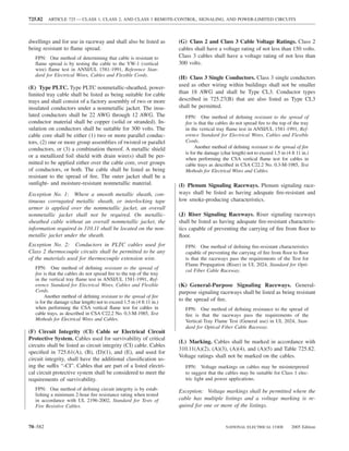 725.82   ARTICLE 725 — CLASS 1, CLASS 2, AND CLASS 3 REMOTE-CONTROL, SIGNALING, AND POWER-LIMITED CIRCUITS



dwellings and for use in raceway and shall also be listed as           (G) Class 2 and Class 3 Cable Voltage Ratings. Class 2
being resistant to ﬂame spread.                                        cables shall have a voltage rating of not less than 150 volts.
   FPN: One method of determining that cable is resistant to           Class 3 cables shall have a voltage rating of not less than
   ﬂame spread is by testing the cable to the VW-1 (vertical           300 volts.
   wire) ﬂame test in ANSI/UL 1581-1991, Reference Stan-
   dard for Electrical Wires, Cables and Flexible Cords.
                                                                       (H) Class 3 Single Conductors. Class 3 single conductors
                                                                       used as other wiring within buildings shall not be smaller
(E) Type PLTC. Type PLTC nonmetallic-sheathed, power-
limited tray cable shall be listed as being suitable for cable         than 18 AWG and shall be Type CL3. Conductor types
trays and shall consist of a factory assembly of two or more           described in 725.27(B) that are also listed as Type CL3
insulated conductors under a nonmetallic jacket. The insu-             shall be permitted.
lated conductors shall be 22 AWG through 12 AWG. The                      FPN: One method of deﬁning resistant to the spread of
conductor material shall be copper (solid or stranded). In-               ﬁre is that the cables do not spread ﬁre to the top of the tray
sulation on conductors shall be suitable for 300 volts. The               in the vertical tray ﬂame test in ANSI/UL 1581-1991, Ref-
cable core shall be either (1) two or more parallel conduc-               erence Standard for Electrical Wires, Cables and Flexible
tors, (2) one or more group assemblies of twisted or parallel             Cords.
conductors, or (3) a combination thereof. A metallic shield                    Another method of deﬁning resistant to the spread of ﬁre
                                                                          is for the damage (char length) not to exceed 1.5 m (4 ft 11 in.)
or a metallized foil shield with drain wire(s) shall be per-              when performing the CSA vertical ﬂame test for cables in
mitted to be applied either over the cable core, over groups              cable trays as described in CSA C22.2 No. 0.3-M-1985, Test
of conductors, or both. The cable shall be listed as being                Methods for Electrical Wires and Cables.
resistant to the spread of ﬁre. The outer jacket shall be a
sunlight- and moisture-resistant nonmetallic material.                 (I) Plenum Signaling Raceways. Plenum signaling race-
Exception No. 1: Where a smooth metallic sheath, con-                  ways shall be listed as having adequate ﬁre-resistant and
tinuous corrugated metallic sheath, or interlocking tape               low smoke-producing characteristics.
armor is applied over the nonmetallic jacket, an overall
nonmetallic jacket shall not be required. On metallic-                 (J) Riser Signaling Raceways. Riser signaling raceways
sheathed cable without an overall nonmetallic jacket, the              shall be listed as having adequate ﬁre-resistant characteris-
information required in 310.11 shall be located on the non-            tics capable of preventing the carrying of ﬁre from ﬂoor to
metallic jacket under the sheath.                                      ﬂoor.
Exception No. 2: Conductors in PLTC cables used for                       FPN: One method of deﬁning ﬁre-resistant characteristics
Class 2 thermocouple circuits shall be permitted to be any                capable of preventing the carrying of ﬁre from ﬂoor to ﬂoor
of the materials used for thermocouple extension wire.                    is that the raceways pass the requirements of the Test for
                                                                          Flame Propagation (Riser) in UL 2024, Standard for Opti-
   FPN: One method of deﬁning resistant to the spread of
                                                                          cal Fiber Cable Raceway.
   ﬁre is that the cables do not spread ﬁre to the top of the tray
   in the vertical tray ﬂame test in ANSI/UL 1581-1991, Ref-
   erence Standard for Electrical Wires, Cables and Flexible           (K) General-Purpose Signaling Raceways. General-
   Cords.                                                              purpose signaling raceways shall be listed as being resistant
        Another method of deﬁning resistant to the spread of ﬁre
   is for the damage (char length) not to exceed 1.5 m (4 ft 11 in.)   to the spread of ﬁre.
   when performing the CSA vertical ﬂame test for cables in               FPN: One method of deﬁning resistance to the spread of
   cable trays, as described in CSA C22.2 No. 0.3-M-1985, Test            ﬁre is that the raceways pass the requirements of the
   Methods for Electrical Wires and Cables.                               Vertical-Tray Flame Test (General use) in UL 2024, Stan-
                                                                          dard for Optical Fiber Cable Raceway.
(F) Circuit Integrity (CI) Cable or Electrical Circuit
Protective System. Cables used for survivability of critical
                                                                       (L) Marking. Cables shall be marked in accordance with
circuits shall be listed as circuit integrity (CI) cable. Cables
                                                                       310.11(A)(2), (A)(3), (A)(4), and (A)(5) and Table 725.82.
speciﬁed in 725.61(A), (B), (D)(1), and (E), and used for
                                                                       Voltage ratings shall not be marked on the cables.
circuit integrity, shall have the additional classiﬁcation us-
ing the suffix “-CI”. Cables that are part of a listed electri-           FPN: Voltage markings on cables may be misinterpreted
cal circuit protective system shall be considered to meet the             to suggest that the cables may be suitable for Class 1 elec-
requirements of survivability.                                            tric light and power applications.
   FPN: One method of deﬁning circuit integrity is by estab-           Exception: Voltage markings shall be permitted where the
   lishing a minimum 2-hour ﬁre resistance rating when tested
   in accordance with UL 2196-2002, Standard for Tests of              cable has multiple listings and a voltage marking is re-
   Fire Resistive Cables.                                              quired for one or more of the listings.


70–582                                                                                         NATIONAL ELECTRICAL CODE          2005 Edition
 