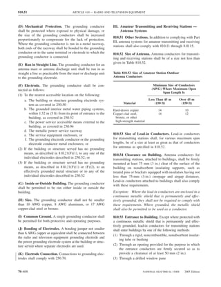 810.51                                ARTICLE 810 — RADIO AND TELEVISION EQUIPMENT



(D) Mechanical Protection. The grounding conductor               III. Amateur Transmitting and Receiving Stations —
shall be protected where exposed to physical damage, or               Antenna Systems
the size of the grounding conductors shall be increased
                                                                 810.51 Other Sections. In addition to complying with Part
proportionately to compensate for the lack of protection.
                                                                 III, antenna systems for amateur transmitting and receiving
Where the grounding conductor is run in a metal raceway,
                                                                 stations shall also comply with 810.11 through 810.15.
both ends of the raceway shall be bonded to the grounding
conductor or to the same terminal or electrode to which the      810.52 Size of Antenna. Antenna conductors for transmit-
grounding conductor is connected.                                ting and receiving stations shall be of a size not less than
                                                                 given in Table 810.52.
(E) Run in Straight Line. The grounding conductor for an
antenna mast or antenna discharge unit shall be run in as
straight a line as practicable from the mast or discharge unit   Table 810.52 Size of Amateur Station Outdoor
to the grounding electrode.                                      Antenna Conductors

(F) Electrode. The grounding conductor shall be con-                                         Minimum Size of Conductors
nected as follows:                                                                          (AWG) Where Maximum Open
                                                                                                  Span Length Is
(1) To the nearest accessible location on the following:
    a. The building or structure grounding electrode sys-                                  Less Than 45 m       Over 45 m
                                                                        Material               (150 ft)          (150 ft)
        tem as covered in 250.50
    b. The grounded interior metal water piping systems,         Hard-drawn copper              14                 10
        within 1.52 m (5 ft) from its point of entrance to the   Copper-clad steel,             14                 12
        building, as covered in 250.52                            bronze, or other
    c. The power service accessible means external to the         high-strength material
        building, as covered in 250.94
    d. The metallic power service raceway
    e. The service equipment enclosure, or                       810.53 Size of Lead-in Conductors. Lead-in conductors
     f. The grounding electrode conductor or the grounding       for transmitting stations shall, for various maximum span
        electrode conductor metal enclosures; or                 lengths, be of a size at least as great as that of conductors
                                                                 for antennas as speciﬁed in 810.52.
(2) If the building or structure served has no grounding
    means, as described in 810.21(F)(1), to any one of the       810.54 Clearance on Building. Antenna conductors for
    individual electrodes described in 250.52; or                transmitting stations, attached to buildings, shall be ﬁrmly
(3) If the building or structure served has no grounding         mounted at least 75 mm (3 in.) clear of the surface of the
    means, as described in 810.21(F)(1) or (F)(2), to an         building on nonabsorbent insulating supports, such as
    effectively grounded metal structure or to any of the        treated pins or brackets equipped with insulators having not
    individual electrodes described in 250.52                    less than 75-mm (3-in.) creepage and airgap distances.
                                                                 Lead-in conductors attached to buildings shall also comply
(G) Inside or Outside Building. The grounding conductor          with these requirements.
shall be permitted to be run either inside or outside the
building.                                                        Exception: Where the lead-in conductors are enclosed in a
                                                                 continuous metallic shield that is permanently and effec-
(H) Size. The grounding conductor shall not be smaller           tively grounded, they shall not be required to comply with
than 10 AWG copper, 8 AWG aluminum, or 17 AWG                    these requirements. Where grounded, the metallic shield
copper-clad steel or bronze.                                     shall also be permitted to be used as a conductor.

(I) Common Ground. A single grounding conductor shall            810.55 Entrance to Building. Except where protected with
be permitted for both protective and operating purposes.         a continuous metallic shield that is permanently and effec-
                                                                 tively grounded, lead-in conductors for transmitting stations
(J) Bonding of Electrodes. A bonding jumper not smaller          shall enter buildings by one of the following methods:
than 6 AWG copper or equivalent shall be connected between
                                                                 (1) Through a rigid, noncombustible, nonabsorbent insulat-
the radio and television equipment grounding electrode and
                                                                      ing tube or bushing
the power grounding electrode system at the building or struc-
ture served where separate electrodes are used.                  (2) Through an opening provided for the purpose in which
                                                                      the entrance conductors are ﬁrmly secured so as to
(K) Electrode Connection. Connections to grounding elec-              provide a clearance of at least 50 mm (2 in.)
trodes shall comply with 250.70.                                 (3) Through a drilled window pane


70–608                                                                                NATIONAL ELECTRICAL CODE     2005 Edition
 