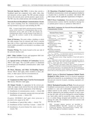 830.3                     ARTICLE 830 — NETWORK-POWERED BROADBAND COMMUNICATIONS SYSTEMS



Network Interface Unit (NIU). A device that converts a                (E) Hazardous (Classiﬁed) Locations. Network-powered
broadband signal into component voice, audio, video, data,            broadband communications circuits and equipment installed in
and interactive services signals. The NIU provides isolation          a location that is classiﬁed in accordance with Article 500
between the network power and the premises signal circuits.           shall comply with the applicable requirements of Chapter 5.
The NIU may also contain primary and secondary protectors.        •
                                                                      830.15 Power Limitations. Network-powered broadband
Network-Powered Broadband Communications Circuit.                     communications systems shall be classiﬁed as having low
The circuit extending from the communications utility’s               or medium power sources as deﬁned in Table 830.15.
serving terminal or tap up to and including the NIU.
                                                                      Table 830.15 Limitations for Network-Powered Broadband
   FPN: A typical single-family network-powered communi-              Communications Systems
   cations circuit consists of a communications drop or com-
   munications service cable and an NIU and includes the
   communications utility’s serving terminal or tap where it is          Network Power Source                  Low             Medium
   not under the exclusive control of the communications
                                                                      Circuit voltage, Vmax (volts)1          0–100             0–150
   utility.
                                                                      Power                                    250               250
Point of Entrance. The point within a building at which                limitation,VAmax(volt-amperes)1
                                                                      Current limitation, Imax              1000/Vmax         1000/Vmax
the cable emerges from an external wall, from a concrete               (amperes)1
ﬂoor slab, or from a rigid metal conduit or an intermediate           Maximum power rating                      100               100
metal conduit grounded to an electrode in accordance with              (volt-amperes)
830.100(B).                                                           Maximum voltage rating                    100               150
                                                                       (volts)
Premises Wiring. The circuits located on the user side of             Maximum overcurrent                    100/Vmax             NA
                                                                       protection (amperes)2
the network interface unit.
                                                                      1
                                                                       Vmax, Imax, and VAmax are determined with the current-limiting im-
830.3 Other Articles. Circuits and equipment shall com-               pedance in the circuit (not bypassed) as follows:
ply with 830.3(A) through 830.3(E).                                      Vmax—Maximum system voltage regardless of load with rated in-
                                                                      put applied.
                                                                         Imax—Maximum system current under any noncapacitive load, in-
(A) Spread of Fire or Products of Combustion. Section                 cluding short circuit, and with overcurrent protection bypassed if
300.21 shall apply. The accessible portion of abandoned               used. Imax limits apply after 1 minute of operation.
network-powered broadband communications cables shall                    VAmax—Maximum volt-ampere output after 1 minute of operation
be removed.                                                              regardless of load and overcurrent protection bypassed if used.
                                                                      2
                                                                       Overcurrent protection is not required where the current-limiting de-
                                                                      vice provides equivalent current limitation and the current-limiting
(B) Ducts, Plenums, and Other Air-Handling Spaces.                    device does not reset until power or the load is removed.
Section 300.22 shall apply where installed in ducts, ple-
nums, or other spaces used for environmental air.
                                                                      830.21 Access to Electrical Equipment Behind Panels
Exception: As permitted in 830.154(B).                                Designed to Allow Access. Access to electrical equipment
                                                                      shall not be denied by an accumulation of wires and cables
(C) Equipment in Other Space Used for Environmental                   that prevents removal of panels, including suspended ceil-
Air. Section 300.22(C) shall apply.                                   ing panels.

(D) Output Circuits. As appropriate for the services pro-             830.24 Mechanical Execution of Work. Network-powered
vided, the output circuits derived from the network interface         broadband communications circuits and equipment shall be
unit shall comply with the requirements of the following:             installed in a neat and workmanlike manner. Cables in-
(1) Installations of communications circuits — Article 800            stalled exposed on the surface of ceilings and sidewalls
                                                                      shall be supported by the building structure in such a man-
(2) Installations of community antenna television and radio
                                                                      ner that the cable will not be damaged by normal building
     distribution circuits — Article 820
                                                                      use. Such cables shall be secured by straps, staples, hang-
Exception: 830.90(B)(3) shall apply where protection is               ers, or similar ﬁttings designed and installed so as not to
provided in the output of the NIU.                                    damage the cable. The installation shall also conform with
(3) Installations of optical ﬁber cables — Article 770                300.4(D) and 300.11.

(4) Installations of Class 2 and Class 3 circuits — Article 725          FPN: Accepted industry practices are described in
                                                                         ANSI/NECA/BICSI 568–2001, Standard for Installing
(5) Installations of power-limited ﬁre alarm circuits —                  Commercial Building Telecommunications Cabling, and
    Article 760                                                          other ANSI-approved installation standards.



70–616                                                                                        NATIONAL ELECTRICAL CODE         2005 Edition
 