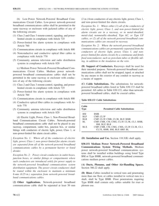 830.151                 ARTICLE 830 — NETWORK-POWERED BROADBAND COMMUNICATIONS SYSTEMS



    (b) Low-Power Network-Powered Broadband Com-                (2 in.) from conductors of any electric light, power, Class 1,
munications Circuit Cables. Low-power network-powered           and non–power-limited ﬁre alarm circuits.
broadband communications cables shall be permitted in the       Exception No. 1: Where either (1) all of the conductors of
same raceway or enclosure with jacketed cables of any of        electric light, power, Class 1, and non–power-limited ﬁre
the following circuits:                                         alarm circuits are in a raceway, or in metal-sheathed,
(1) Class 2 and Class 3 remote-control, signaling, and power-   metal-clad, nonmetallic-sheathed, Type AC, or Type UF
    limited circuits in compliance with Article 725             cables, or (2) all of the network-powered broadband com-
(2) Power-limited ﬁre alarm systems in compliance with          munications cables are encased in raceway.
    Article 760                                                 Exception No. 2: Where the network-powered broadband
(3) Communications circuits in compliance with Article 800      communications cables are permanently separated from the
                                                                conductors of electric light, power, Class 1, and non-
(4) Nonconductive and conductive optical ﬁber cables in
                                                                power-limited ﬁre alarm circuits by a continuous and ﬁrmly
    compliance with Article 770
                                                                ﬁxed nonconductor, such as porcelain tubes or ﬂexible tub-
(5) Community antenna television and radio distribution         ing, in addition to the insulation on the wire.
    systems in compliance with Article 820
                                                                (B) Support of Conductors. Raceways shall be used for
    (c) Medium Power Network-Powered Broadband Com-             their intended purpose. Network-powered broadband com-
munications Circuit Cables. Medium power network-               munications cables shall not be strapped, taped, or attached
powered broadband communications cables shall not be            by any means to the exterior of any conduit or raceway as
permitted in the same raceway or enclosure with conduc-         a means of support.
tors of any of the following circuits:
(1) Class 2 and Class 3 remote-control, signaling, and power-   (C) Cable Substitutions. The substitutions for network-
    limited circuits in compliance with Article 725             powered broadband cables listed in Table 830.133 shall be
                                                                permitted. All cables in Table 830.133, other than network-
(2) Power-limited ﬁre alarm systems in compliance with
                                                                powered broadband cables, shall be coaxial cables.
    Article 760
(3) Communications circuits in compliance with Article 800
                                                                Table 830.133 Cable Substitutions
(4) Conductive optical ﬁber cables in compliance with Ar-
    ticle 770                                                   Cable
(5) Community antenna television and radio distribution         Type                  Permitted Cable Substitutions
    systems in compliance with Article 820
                                                                 BM         BMR
    (d) Electric Light, Power, Class 1, Non–Powered Broad-       BLP        CMP, CL3P
                                                                 BLR        CMP, CL3P, CMR, CL3R, BLP, BMR
band Communications Circuit Cables. Network-powered              BL         CMP, CMR, CM, CMG, CL3P, CL3R, CL3, BMR,
broadband communications cable shall not be placed in any                    BM, BLP, BLR
raceway, compartment, outlet box, junction box, or similar       BLX        CMP, CMR, CM, CMG, CMX, CL3P, CL3R, CL3,
ﬁttings with conductors of electric light, power, Class 1, or                CL3X, BMR, BM, BLP, BRP, BL
non–power-limited ﬁre alarm circuit cables.
Exception No. 1: Where all of the conductors of electric        (D) Installation and Use. Section 110.3(B) shall apply.
light, power, Class 1, non–power-limited ﬁre alarm circuits
are separated from all of the network-powered broadband         830.151 Medium Power Network-Powered Broadband
communications cables by a permanent barrier or listed          Communications System Wiring Methods. Medium
divider.                                                        power network-powered broadband communications sys-
                                                                tems shall be installed within buildings using listed Type
Exception No. 2: Power circuit conductors in outlet boxes,
                                                                BM or Type BMR, network-powered broadband communi-
junction boxes, or similar ﬁttings or compartments where        cations medium power cables.
such conductors are introduced solely for power supply to
the network-powered broadband communications system             (A) Ducts, Plenums, and Other Air-Handling Spaces.
distribution equipment. The power circuit conductors shall      Section 300.22 shall apply.
be routed within the enclosure to maintain a minimum
6-mm (0.25-in.) separation from network-powered broad-          (B) Riser. Cables installed in vertical runs and penetrating
                                                                more than one ﬂoor, or cables installed in vertical runs in a
band communications cables.
                                                                shaft, shall be Type BMR. Floor penetrations requiring
(2) Other Applications. Network-powered broadband               Type BMR shall contain only cables suitable for riser or
communications cable shall be separated at least 50 mm          plenum use.


70–622                                                                               NATIONAL ELECTRICAL CODE      2005 Edition
 