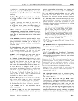 ARTICLE 830 — NETWORK-POWERED BROADBAND COMMUNICATIONS SYSTEMS                                      830.179



Exception No. 1: Type BM cables encased in metal raceway         conduit or intermediate metal conduit. Such conduits shall
or located in a ﬁreproof shaft that has ﬁrestops at each ﬂoor.   be grounded to an electrode in accordance with 830.100(B)
Exception No. 2: Type BM cables in one- and two-family           (4) One- and Two-Family Dwellings. Type BLX or BL
dwellings.                                                       cables less than 10 mm (0.375 in.) in diameter shall be
                                                                 permitted to be installed in one- and two-family dwellings.
(C) Other Wiring. Cables installed in locations other than
the locations covered in 830.151(A) and 830.151(B) shall         (5) Type BLX Cable. Type BLX cable entering the build-
be Type BM.                                                      ing from outside and terminated at a grounding block or a
                                                                 primary protection location shall be permitted to be in-
Exception: Type BMU cable where the cable enters the
                                                                 stalled, provided that the length of cable within the building
building from the outside and is run in rigid metal conduit
                                                                 does not exceed 15 m (50 ft).
or intermediate metal conduit, and such conduits are
grounded to an electrode in accordance with 830.100(B).             FPN: This provision limits the length of Type BLX cable
                                                                    to 15 m (50 ft), while 830.90(B) requires that the primary
830.154 Low-Power Network-Powered Broadband                         protector, or NIU with integral protection, be located as
Communications System Wiring Methods. Low-power                     close as practicable to the point at which the cable enters
                                                                    the building. Therefore, in installations requiring a primary
network-powered broadband communications systems shall              protector, or NIU with integral protection, Type BLX cable
comply with any of the requirements of 830.154(A) through           may not be permitted to extend 15 m (50 ft) into the build-
830.154(D).                                                         ing if it is practicable to place the primary protector closer
                                                                    than 15 m (50 ft) to the entrance point.
(A) In Buildings. Low-power network-powered broad-
band communications systems shall be installed within            830.157 Protection Against Physical Damage. Section
buildings using listed Type BLX, Type BL, Type BLR, or           300.4 shall apply.
Type BLP network-powered broadband communications
low-power cables.                                                830.160 Bends. Bends in network broadband cable shall
                                                                 be made so as not to damage the cable.
(B) Ducts, Plenums, and Other Air-Handling Spaces.
Cables installed in ducts, plenums, and other spaces used
for environmental air shall be Type BLP. Type BLX cable          VI. Listing Requirements
installed in compliance with 300.22 shall be permitted.          830.179 Network-Powered Broadband Communica-
                                                                 tions Equipment and Cables. Network-powered broad-
(C) Riser. Cables installed in risers shall comply with any
                                                                 band communications equipment and cables shall be listed
of the requirements in 830.154(C)(1), (C)(2), or (C)(3).
                                                                 as suitable for the purpose.
(1) Cables in Vertical Runs. Cables installed in vertical
                                                                 Exception No. 1: This listing requirement shall not apply to
runs and penetrating more than one ﬂoor, or cables installed
                                                                 community antenna television and radio distribution system
in vertical runs in a shaft, shall be Type BLP, BLR, or
                                                                 coaxial cables that were installed prior to January 1, 2000, in
BMR. Floor penetrations requiring Type BMR or BLR
                                                                 accordance with Article 820 and are used for low-power
shall contain only cables suitable for riser or plenum use.
                                                                 network-powered broadband communications circuits.
(2) Metal Raceways or Fireproof Shafts. Type BLX                 Exception No. 2: Substitute cables for network-powered
cables shall be permitted to be encased in a metal raceway       broadband communications cables shall be permitted as
or located in a ﬁreproof shaft having ﬁrestops at each ﬂoor.     shown in Table 830.133.
(3) One- and Two-Family Dwellings. Type BLX or BL
cables less than 10 mm (0.375 in.) in diameter shall be          (A) Listing and Marking. Listing and marking of network-
permitted in one- and two-family dwellings.                      powered broadband communications cables shall comply with
                                                                 830.179(A)(1) or (A)(2).
(D) Other Wiring. Cables installed in locations other than
those covered in 830.154(A), (B), and (C) shall comply           (1) Type BMU, Type BM, and Type BMR Cables.
with the requirements of 830.154(D)(1) through (D)(5).           Network-powered broadband communications medium power
                                                                 underground cable, Type BMU; network-powered broadband
(1) General. Type BLP, BL, or BM shall be permitted.             communications medium power cable, Type BM; and
                                                                 network-powered broadband communications medium power
(2) In Raceways. Type BLX shall be permitted to be in-
                                                                 riser cable, Type BMR, shall be factory-assembled cables con-
stalled in a raceway.
                                                                 sisting of a jacketed coaxial cable, a jacketed combination of
(3) Type BLU Cable. Type BLU cable entering the build-           coaxial cable and multiple individual conductors, or a jacketed
ing from outside shall be permitted to be run in rigid metal     combination of an optical ﬁber cable and multiple individual


2005 Edition   NATIONAL ELECTRICAL CODE                                                                                      70–623
 