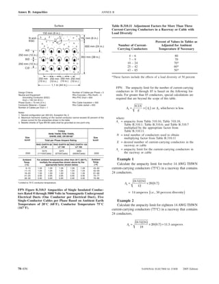 Annex B: Ampacities                                                                  ANNEX B



                                      Surface                                             Table B.310.11 Adjustment Factors for More Than Three
                                                                                          Current-Carrying Conductors in a Raceway or Cable with
                           150 mm (6 in.)                                                 Load Diversity
          N and                                                150 mm (6 in.)
          EGC                                                                                                                        Percent of Values in Tables as
                                                                      600 mm (24 in.)           Number of Current-                       Adjusted for Ambient
       AØ
                                                                                                Carrying Conductors                    Temperature if Necessary
250 mm (10 in.)                                                                                          4   –   6                                 80
                                                               950 mm (38 in.)
       BØ                                                                                                7   –   9                                 70
250 mm (10 in.)                                                                                         10   –   24                               70*
       CØ
                                                                                                        25   –   42                               60*
                                                                                                        43   –   85                               50*

                                                                                          *These factors include the effects of a load diversity of 50 percent.
                     250 mm 250 mm 250 mm 250 mm
                     (10 in.) (10 in.) (10 in.) (10 in.)
                                   1.1 m (44 in.)
                                                                                               FPN: The ampacity limit for the number of current-carrying
Design Criteria                                        Number of Cables per Phase = 5          conductors in 10 through 85 is based on the following for-
Neutral and Equipment                                  Rho Concrete = Rho Earth – 5            mula. For greater than 85 conductors, special calculations are
    Grounding Conductor (EGC)                          Rho PVC Duct = 650
    Duct = 150 mm (6 in.)
                                                                                               required that are beyond the scope of this table.
Phase Ducts = 75 mm (3 in.)                            Rho Cable Insulation = 500
Conductor Material = Copper                            Rho Cable Jacket = 650
                                                                                                                  0.5N
Number of Cables per Duct = 1                                                                          A2 =            × ( A1 ) or A1, whichever is less
                                                                                                                    E
Notes:
1. Neutral configuration per 300.5(I), Exception No. 2.
2. Maximum harmonic loading on the neutral conductor cannot exceed 50 percent of the           where:
   phase current for the ampacities shown in the table.
3. Metallic shields of Type MV-90 cable shall be grounded at one point only.
                                                                                               A1 = ampacity from Table 310.16; Table 310.18;
                                                                                                    Table B.310.1; Table B.310.6; and Table B.310.7
                                                                                                    multiplied by the appropriate factor from
                                       TYPES                                                        Table B.310.11.
                               RHW, THHW, THW, THWN,
                                XHHW, USE, OR MV-90*
                                                                                               N = total number of conductors used to obtain
      Size                                                                  Size                    multiplying factor from Table B.310.11
      kcmil                 Total per Phase Ampere Rating                   kcmil
                                                                                               E = desired number of current-carrying conductors in the
                  RHO EARTH 60 RHO EARTH 90 RHO EARTH 120                                           raceway or cable
                     LF 50        LF 100       LF 100
                       5575               3375             3000
                                                                                               A2 = ampacity limit for the current-carrying conductors in
       2000        (1115A/Cable)      (675A/Cable)     (600A/Cable)          2000                   the raceway or cable

    Ambient        For ambient temperatures other than 20°C (68°F),        Ambient            Example 1
     Temp.           multiply the ampacities shown above by the             Temp.
      (°C)                 appropriate factor shown below.                   (°F)             Calculate the ampacity limit for twelve 14 AWG THWN
       6–10         1.09       1.09       1.09       1.09      1.09         43–50         current-carrying conductors (75°C) in a raceway that contains
      11–15         1.04       1.04       1.04       1.04      1.04         52–59
      16–20         1.00       1.00       1.00       1.00      1.00         61–68         24 conductors.
      21–25         0.95       0.95       0.95       0.95      0.95         70–77
      26–30         0.90       0.90       0.90       0.90      0.90         79–86
                                                                                                                 (0.5)(24 ) × 20
*Limited to 75°C conductor temperature.                                                              A2 =                          (0.7 )
                                                                                                                      12
FPN Figure B.310.5 Ampacities of Single Insulated Conduc-
tors Rated 0 through 5000 Volts in Nonmagnetic Underground                                              = 14 amperes (i.e., 50 percent diversity )
                                                                                                                                             i
Electrical Ducts (One Conductor per Electrical Duct), Five
Single-Conductor Cables per Phase Based on Ambient Earth                                      Example 2
Temperature of 20°C (68°F), Conductor Temperature 75°C                                        Calculate the ampacity limit for eighteen 14 AWG THWN
(167°F).
                                                                                          current-carrying conductors (75°C) in a raceway that contains
                                                                                          24 conductors.

                                                                                                                  (0.5)(24 ) × 20
                                                                                                       A2 =                         (0.7 ) = 11.5 amperes
                                                                                                                       18




70–656                                                                                                                     NATIONAL ELECTRICAL CODE         2005 Edition
 