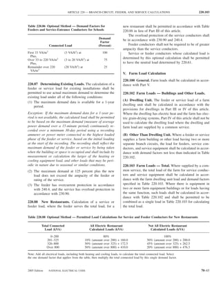 ARTICLE 220 — BRANCH-CIRCUIT, FEEDER, AND SERVICE CALCULATIONS                                      220.103



Table 220.86 Optional Method — Demand Factors for                           new restaurant shall be permitted in accordance with Table
Feeders and Service-Entrance Conductors for Schools                         220.88 in lieu of Part III of this article.
                                                                                The overload protection of the service conductors shall
                                                         Demand
                                                                            be in accordance with 230.90 and 240.4.
                                                          Factor
                Connected Load                           (Percent)              Feeder conductors shall not be required to be of greater
                                                                            ampacity than the service conductors.
First 33 VA/m2               (3 VA/ft2) at                 100                  Service or feeder conductors whose calculated load is
  Plus,
Over 33 to 220 VA/m2         (3 to 20 VA/ft2) at            75
                                                                            determined by this optional calculation shall be permitted
  Plus,                                                                     to have the neutral load determined by 220.61.
Remainder over 220           (20 VA/ft2) at                 25
  VA/m2
                                                                            V. Farm Load Calculation
                                                                            220.100 General. Farm loads shall be calculated in accor-
220.87 Determining Existing Loads. The calculation of a                     dance with Part V.
feeder or service load for existing installations shall be
permitted to use actual maximum demand to determine the                     220.102 Farm Loads — Buildings and Other Loads.
existing load under all of the following conditions:
                                                                            (A) Dwelling Unit. The feeder or service load of a farm
(1) The maximum demand data is available for a 1-year
    period.                                                                 dwelling unit shall be calculated in accordance with the
                                                                            provisions for dwellings in Part III or IV of this article.
Exception: If the maximum demand data for a 1-year pe-                      Where the dwelling has electric heat and the farm has elec-
riod is not available, the calculated load shall be permitted               tric grain-drying systems, Part IV of this article shall not be
to be based on the maximum demand (measure of average                       used to calculate the dwelling load where the dwelling and
power demand over a 15-minute period) continuously re-                      farm load are supplied by a common service.
corded over a minimum 30-day period using a recording
ammeter or power meter connected to the highest loaded                      (B) Other Than Dwelling Unit. Where a feeder or service
phase of the feeder or service, based on the initial loading                supplies a farm building or other load having two or more
at the start of the recording. The recording shall reﬂect the               separate branch circuits, the load for feeders, service con-
maximum demand of the feeder or service by being taken                      ductors, and service equipment shall be calculated in accor-
when the building or space is occupied and shall include by                 dance with demand factors not less than indicated in Table
measurement or calculation the larger of the heating or                     220.102.
cooling equipment load, and other loads that may be peri-
odic in nature due to seasonal or similar conditions.                       220.103 Farm Loads — Total. Where supplied by a com-
(2) The maximum demand at 125 percent plus the new                          mon service, the total load of the farm for service conduc-
    load does not exceed the ampacity of the feeder or                      tors and service equipment shall be calculated in accor-
    rating of the service.                                                  dance with the farm dwelling unit load and demand factors
(3) The feeder has overcurrent protection in accordance                     speciﬁed in Table 220.103. Where there is equipment in
    with 240.4, and the service has overload protection in                  two or more farm equipment buildings or for loads having
    accordance with 230.90.                                                 the same function, such loads shall be calculated in accor-
                                                                            dance with Table 220.102 and shall be permitted to be
220.88 New Restaurants. Calculation of a service or                         combined as a single load in Table 220.103 for calculating
feeder load, where the feeder serves the total load, for a                  the total load.

Table 220.88 Optional Method — Permitted Load Calculations for Service and Feeder Conductors for New Restaurants

          Total Connected                          All Electric Restaurant                      Not All Electric Restaurant
            Load (kVA)                             Calculated Loads (kVA)                        Calculated Loads (kVA)

                 0–200                                    80%                                            100%
               201–325                        10% (amount over 200) + 160.0                    50% (amount over 200) + 200.0
               326–800                        50% (amount over 325) + 172.5                    45% (amount over 325) + 262.5
               Over 800                       50% (amount over 800) + 410.0                    20% (amount over 800) + 476.3

Note: Add all electrical loads, including both heating and cooling loads, to calculate the total connected load. Select
the one demand factor that applies from the table, then multiply the total connected load by this single demand factor.



2005 Edition    NATIONAL ELECTRICAL CODE                                                                                             70–65
 