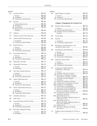 CONTENTS



ARTICLE                                                                       ARTICLE
 366      Auxiliary Gutters ................................. 70–202           398      Open Wiring on Insulators ...................... 70–226
         I. General .......................................... 70–202                    I. General .......................................... 70–226
        II. Installation ...................................... 70–202                  II. Installation ...................................... 70–226
       III. Construction Speciﬁcations .................. 70–203                       III. Construction Speciﬁcations .................. 70–227
 368      Busways ............................................ 70–204
                                                                                         Chapter 4 Equipment for General Use
         I.   General Requirements ........................         70–204
        II.   Installation ......................................   70–204     400      Flexible Cords and Cables ...................... 70–228
       III.   Construction ....................................     70–205
       IV.    Requirements for Over 600 Volts,                                           I. General .......................................... 70–228
              Nominal ..........................................    70–205              II. Construction Speciﬁcations .................. 70–238
                                                                                       III. Portable Cables Over 600 Volts,
 370      Cablebus ........................................... 70–206                       Nominal .......................................... 70–238
 372      Cellular Concrete Floor Raceways ............ 70–207                 402      Fixture Wires ...................................... 70–239
 374      Cellular Metal Floor Raceways ................ 70–208                404      Switches ............................................ 70–242
           I. Installation ...................................... 70–209                 I. Installation ...................................... 70–242
          II. Construction Speciﬁcations .................. 70–209                      II. Construction Speciﬁcations .................. 70–245
 376      Metal Wireways ................................... 70–209            406      Receptacles, Cord Connectors, and
         I. General .......................................... 70–209                   Attachment Plugs (Caps) ......................... 70–245
        II. Installation ...................................... 70–209         408      Switchboards and Panelboards ................. 70–248
       III. Construction Speciﬁcations .................. 70–210
                                                                                         I.   General ..........................................   70–248
 378      Nonmetallic Wireways ........................... 70–210                       II.   Switchboards ...................................     70–249
         I. General .......................................... 70–210                  III.   Panelboards .....................................    70–250
        II. Installation ...................................... 70–211                 IV.    Construction Speciﬁcations ..................        70–251
       III. Construction Speciﬁcations .................. 70–212               409      Industrial Control Panels ........................ 70–252
 380      Multioutlet Assembly ............................ 70–212                       I. General .......................................... 70–252
                                                                                        II. Installation ...................................... 70–252
 382      Nonmetallic Extensions .......................... 70–212
                                                                                       III. Construction Speciﬁcations .................. 70–253
           I. General .......................................... 70–212
          II. Installation ...................................... 70–212       410      Luminaires (Lighting Fixtures),
                                                                                        Lampholders, and Lamps ........................ 70–254
 384      Strut-Type Channel Raceway ................... 70–213
                                                                                         I. General ..........................................     70–254
         I. General .......................................... 70–213                   II. Luminaire (Fixture) Locations ..............           70–254
        II. Installation ...................................... 70–213                 III. Provisions at Luminaire (Fixture)
       III. Construction Speciﬁcations .................. 70–214                            Outlet Boxes, Canopies, and Pans ...........           70–255
                                                                                       IV. Luminaire (Fixture) Supports ................           70–256
 386      Surface Metal Raceways ........................ 70–214                        V. Grounding ......................................        70–257
         I. General .......................................... 70–214                 VI. Wiring of Luminaires (Fixtures) ............             70–257
        II. Installation ...................................... 70–214                VII. Construction of Luminaires (Fixtures) .....             70–259
       III. Construction Speciﬁcations .................. 70–215                     VIII. Installation of Lampholders ..................          70–260
                                                                                      IX. Construction of Lampholders ................             70–260
 388      Surface Nonmetallic Raceways ................ 70–215                          X. Lamps and Auxiliary Equipment ...........               70–260
         I. General .......................................... 70–215                 XI. Special Provisions for Flush and
        II. Installation ...................................... 70–215                      Recessed Luminaires (Fixtures) ..............          70–260
       III. Construction Speciﬁcations .................. 70–216                      XII. Construction of Flush and Recessed
                                                                                            Luminaires (Fixtures) ..........................       70–261
 390      Underﬂoor Raceways ............................ 70–216                     XIII. Special Provisions for
                                                                                            Electric-Discharge Lighting Systems of
 392      Cable Trays ........................................ 70–217                       1000 Volts or Less .............................       70–261
 394      Concealed Knob-and-Tube Wiring ............. 70–224                        XIV. Special Provisions for
                                                                                            Electric-Discharge Lighting Systems of
         I. General .......................................... 70–224                       More Than 1000 Volts .........................         70–263
        II. Installation ...................................... 70–224                XV. Lighting Track .................................         70–263
       III. Construction Speciﬁcations .................. 70–225                     XVI. Decorative Lighting and Similar
                                                                                            Accessories ......................................     70–264
 396      Messenger Supported Wiring ................... 70–225
           I. General .......................................... 70–225        411      Lighting Systems Operating at 30 Volts or
          II. Installation ...................................... 70–225                Less .................................................. 70–264



70–4                                                                                                     NATIONAL ELECTRICAL CODE            2005 Edition
 