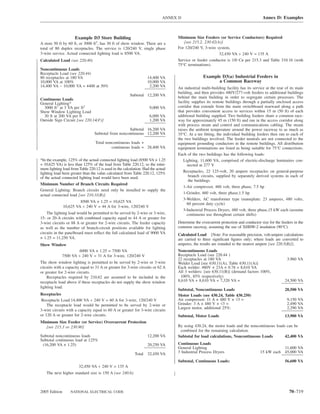 ANNEX D                                                   Annex D: Examples



                     Example D3 Store Building                                   Minimum Size Feeders (or Service Conductors) Required
A store 50 ft by 60 ft, or 3000 ft2, has 30 ft of show window. There are a          [see 215.2, 230.42(A)]
total of 80 duplex receptacles. The service is 120/240 V, single phase           For 120/240 V, 3-wire system,
3-wire service. Actual connected lighting load is 8500 VA.                                              32,450 VA ÷ 240 V = 135 A
Calculated Load (see 220.40)                                                     Service or feeder conductor is 1/0 Cu per 215.3 and Table 310.16 (with
                                                                                 75°C terminations).
Noncontinuous Loads
Receptacle Load (see 220.44)
80 receptacles at 180 VA                                          14,400 VA                     Example D3(a) Industrial Feeders in
10,000 VA at 100%                                                 10,000 VA                           a Common Raceway
14,400 VA − 10,000 VA = 4400 at 50%                                2,200 VA      An industrial multi-building facility has its service at the rear of its main
                                                                                 building, and then provides 480Y/277-volt feeders to additional buildings
                                                       Subtotal 12,200 VA
Continuous Loads                                                                 behind the main building in order to segregate certain processes. The
General Lighting*                                                                facility supplies its remote buildings through a partially enclosed access
  3000 ft2 at 3 VA per ft2                                          9,000 VA     corridor that extends from the main switchboard rearward along a path
Show Window Lighting Load                                                        that provides convenient access to services within 15 m (50 ft) of each
  30 ft at 200 VA per ft                                            6,000 VA     additional building supplied. Two building feeders share a common race-
Outside Sign Circuit [see 220.14(F)]                                1,200 VA     way for approximately 45 m (150 ft) and run in the access corridor along
                                                                                 with process steam and control and communications cabling. The steam
                                                    Subtotal 16,200 VA           raises the ambient temperature around the power raceway to as much as
                                 Subtotal from noncontinuous 12,200 VA           35°C. At a tee ﬁtting, the individual building feeders then run to each of
                                                                                 the two buildings involved. The feeder neutrals are not connected to the
                                  Total noncontinuous loads +                    equipment grounding conductors in the remote buildings. All distribution
                                           continuous loads = 28,400 VA          equipment terminations are listed as being suitable for 75°C connections.
                                                                                 Each of the two buildings has the following loads:
*In the example, 125% of the actual connected lighting load (8500 VA × 1.25          Lighting, 11,600 VA, comprised of electric-discharge luminaires con-
= 10,625 VA) is less than 125% of the load from Table 220.12, so the mini-             nected at 277 V
mum lighting load from Table 220.12 is used in the calculation. Had the actual
lighting load been greater than the value calculated from Table 220.12, 125%         Receptacles, 22 125-volt, 20 ampere receptacles on general-purpose
of the actual connected lighting load would have been used.                             branch circuits, supplied by separately derived systems in each of
                                                                                        the buildings
Minimum Number of Branch Circuits Required
                                                                                     1-Air compressor, 460 volt, three phase, 7.5 hp
General Lighting: Branch circuits need only be installed to supply the
                                                                                     1-Grinder, 460 volt, three phase,1.5 hp
actual connected load [see 210.11(B)].
                                                                                     3-Welders, AC transformer type (nameplate: 23 amperes, 480 volts,
                        8500 VA × 1.25 = 10,625 VA
                                                                                       60 percent duty cycle)
               10,625 VA ÷ 240 V = 44 A for 3-wire, 120/240 V
                                                                                     3-Industrial Process Dryers, 480 volt, three phase,15 kW each (assume
    The lighting load would be permitted to be served by 2-wire or 3-wire,             continuous use throughout certain shifts)
15- or 20-A circuits with combined capacity equal to 44 A or greater for
3-wire circuits or 88 A or greater for 2-wire circuits. The feeder capacity      Determine the overcurrent protection and conductor size for the feeders in the
as well as the number of branch-circuit positions available for lighting         common raceway, assuming the use of XHHW-2 insulation (90°C):
circuits in the panelboard must reﬂect the full calculated load of 9000 VA       Calculated Load {Note: For reasonable precision, volt-ampere calculations
× 1.25 = 11,250 VA.                                                              are carried to three signiﬁcant ﬁgures only; where loads are converted to
Show Window                                                                      amperes, the results are rounded to the nearest ampere [see 220.5(B)]}.
                      6000 VA × 1.25 = 7500 VA                                   Noncontinuous Loads
             7500 VA ÷ 240 V = 31 A for 3-wire, 120/240 V                        Receptacle Load (see 220.44 )
                                                                                 22 receptacles at 180 VA                                           3,960 VA
The show window lighting is permitted to be served by 2-wire or 3-wire           Welder Load [see 630.11(A), Table 630.11(A)]
circuits with a capacity equal to 31 A or greater for 3-wire circuits or 62 A    Each welder: 480V × 23A × 0.78 = 8,610 VA
or greater for 2-wire circuits.                                                  All 3 welders: [see 630.11(B)] (demand factors 100%,
    Receptacles required by 210.62 are assumed to be included in the               100%, 85% respectively)
receptacle load above if these receptacles do not supply the show window         8,610 VA + 8,610 VA + 7,320 VA =                                  24,500 VA
lighting load.
                                                                                 Subtotal, Noncontinuous Loads                                     28,500 VA
Receptacles                                                                      Motor Loads (see 430.24, Table 430.250)
 Receptacle Load:14,400 VA ÷ 240 V = 60 A for 3-wire, 120/240 V                  Air compressor: 11 A × 480 V × √3 =                                9,150 VA
    The receptacle load would be permitted to be served by 2-wire or             Grinder: 3 A × 480 V × √3 =                                        2,490 VA
                                                                                 Largest motor, additional 25%:                                     2,290 VA
3-wire circuits with a capacity equal to 60 A or greater for 3-wire circuits
or 120 A or greater for 2-wire circuits.                                         Subtotal, Motor Loads                                             13,900 VA
Minimum Size Feeder (or Service) Overcurrent Protection
   [see 215.3 or 230.90]                                                         By using 430.24, the motor loads and the noncontinuous loads can be
                                                                                  combined for the remaining calculation.
Subtotal noncontinuous loads                                      12,200 VA      Subtotal for load calculations, Noncontinuous Loads         42,400 VA
Subtotal continuous load at 125%
 (16,200 VA × 1.25)                                               20,250 VA      Continuous Loads
                                                                                 General Lighting                                              11,600 VA
                                                          Total 32,450 VA        3 Industrial Process Dryers                        15 kW each 45,000 VA

                                                                                 Subtotal, Continuous Loads:                                       56,600 VA
                       32,450 VA ÷ 240 V = 135 A
   The next higher standard size is 150 A (see 240.6).



2005 Edition       NATIONAL ELECTRICAL CODE                                                                                                           70–719
 