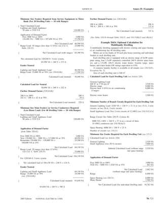 ANNEX D                                                 Annex D: Examples



Minimum Size Feeders Required from Service Equipment to Meter            Further Demand Factor [see 220.61(B)]
   Bank (For 20 Dwelling Units — 10 with Ranges)
                                                                         200 A at 100%                                                        200 A
Total Calculated Load:                                                   390 A − 200 A = 190 A at 70%                                         133 A
Lighting and Small Appliance
  20 units × 5520 VΑ                                        110,400 VA                                    Net Calculated Load (neutral)       333 A
Application of Demand Factor
  First 3000 VA at 100%                                       3,000 VA    [See Table 310.16 through Table 310.21, and 310.15(B)(2) and (B)(4).]
  110,400 VA − 3000 VA = 107,400 VA at 35%                   37,590 VA

                                      Net Calculated Load 40,590 VA
                                                                                       Example D4(b) Optional Calculation for
Range Load: 10 ranges (less than 12 kVA) (see Col. C,     25,000 VA                            Multifamily Dwelling
 Table 220.55)                                                           A multifamily dwelling equipped with electric cooking and space heating
                                                                         or air conditioning has 40 dwelling units.
                        Net Calculated Load (with ranges) 65,590 VA          Meters are in two banks of 20 each plus house metering and individual
                                                                         feeders to each dwelling unit.
Net calculated load for 120/240-V, 3-wire system,                            Each dwelling unit is equipped with an electric range of 8-kW name-
                                                                         plate rating, four 1.5-kW separately controlled 240-V electric space heat-
                        65,590 VA ÷ 240 V = 273 A                        ers, and a 2.5-kW, 240-V electric water heater. Assume range, space
Feeder Neutral                                                           heater, and water heater kW ratings equivalent to kVA.
                                                                             A common laundry facility is available to all tenants [see 210.52(F),
Lighting and Small Appliance Load                            40,590 VA   Exception No. 1].
Range Load: 25,000 VA at 70% [see 220.61(B)]                 17,500 VA       Area of each dwelling unit is 840 ft2.
                               Calculated Load (neutral)     58,090 VA   Calculated Load for Each Dwelling Unit (see Article 220)

                                                                         General Lighting Load:
Calculated Load for Neutral                                              840 ft2 at 3 VA per ft2                                            2,520 VA
                                                                         Electric range                                                     8,000 VA
                     58,090 VA ÷ 240 V = 242 A                           Electric heat: 6 kVA (or air conditioning                          6,000 VA
Further Demand Factor [220.61(B)]                                         if larger)

200 A at 100%                                                   200 A    Electric water heater                                              2,500 VA
242 A − 200 A = 42 A at 70%                                      29 A

                                Net Calculated Load (neutral)   229 A    Minimum Number of Branch Circuits Required for Each Dwelling Unit
                                                                         General Lighting Load: 2520 VA ÷ 120 V = 21 A or two 15-A, 2-wire
Minimum Size Main Feeders (or Service Conductors) Required               circuits, or two 20-A, 2-wire circuits
   (Less House Load) (For 40 Dwelling Units — 20 with Ranges)
                                                                         Small Appliance Load: Two 2-wire circuits of 12 AWG [see 210.11(C)(1)]
Total Calculated Load:
Lighting and Small Appliance Load                                        Range Circuit (See Table 220.55, Column B):
  40 units × 5520 VΑ                                        220,800 VA
                                                                              8000 VA × 80% ÷ 240 V = 27 A on a circuit of three
                                                                              10 AWG conductors per 210.19(A)(3)

Application of Demand Factor                                             Space Heating: 6000 VA ÷ 240 V = 25 A
(from Table 220.42)                                                      Number of circuits (see 210.11)
                                                                         Minimum Size Feeder Required for Each Dwelling Unit (see 215.2)
First 3000 VA at 100%                                         3,000 VA
Next 120,000 VA − 3000 VA = 117,000 VA at 35%                40,950 VA   Calculated Load (see Article 220):
Remainder 220,800 VA − 120,000 VA =                          25,200 VA
 100,800 VA at 25%                                                       General Lighting                                                   2,520 VA
                                                                         Small Appliance (two 20-A circuits)                                3,000 VA
                                      Net Calculated Load    69,150 VA
Range Load: 20 ranges (less than 12 kVA)                                                         Subtotal Calculated Load (without range    5,520 VA
  (see Col. C, Table 220.55)                                 35,000 VA                                                and space heating)

                                     Net Calculated Load 104,150 VA
For 120/240-V, 3-wire system                                             Application of Demand Factor

   Net calculated load of 104,150 VA ÷ 240 V = 434 A                     First 3000 VA at 100%                                              3,000 VA
                                                                         5520 VA − 3000 VA = 2520 VA at 35%                                   882 VA
Feeder Neutral
                                                                                                                   Net Calculated Load      3,882 VA
Lighting and Small Appliance Load                            69,150 VA                                (without range and space heating)
Range: 35,000 VA at 70%                                      24,500 VA   Range                                                              6,400 VA
 [see 220.61(B)]
                                                                         Space Heating (see 220.51)                                         6,000 VA
                                Calculated Load (neutral)    93,650 VA   Water Heater                                                       2,500 VA

                                                                                    Net Calculated Load (for individual dwelling unit)     18,782 VA
                     93,650 VA ÷ 240 V = 390 A




2005 Edition     NATIONAL ELECTRICAL CODE                                                                                                   70–721
 