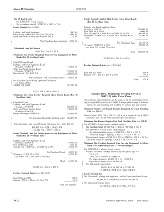 Annex D: Examples                                                    ANNEX D



Size of Each Feeder                                                       Feeder Neutral Load of Main Feeder (Less House Load)
   For 120/240-V, 3-wire system,                                             (For 40 Dwelling Units)
   Net calculated load of 18,782 VA ÷ 240 V = 78 A
Feeder Neutral (see 220.61)                                               Lighting and Small Appliance Load
                                                                          40 units × 5520 VΑ                                            220,800 VA
Lighting and Small Appliance                                   3,882 VA   First 3000 VA at 100%                                           3,000 VA
Range Load: 6400 VA at 70% [see 220.61(B)]                     4,480 VA   Next 120,000 VA − 3000 VA = 117,000 VA at 35%                  40,950 VA
Space and Water Heating (no neutral): 240 V                        0 VA   Remainder 220,800 VA − 120,000 VA = 100,800 VA at              25,200 VA
                                                                           25%
                             Net Calculated Load (neutral)     8,362 VA
                                                                                                                Net Calculated Load        69,150 VA
                                                                          40 ranges: 55,000 VA at 70%                                      38,500 VA
Calculated Load for Neutral                                                [see Table 220.55 and 220.61(B)]
                      8362 VA ÷ 240 V = 35 Α                                                                                    Total   107,650 VA
Minimum Size Feeder Required from Service Equipment to Meter
   Bank (For 20 Dwelling Units)                                                                 107,650 VA ÷ 240 V = 449 A
Total Calculated Load:
Lighting and Small Appliance Load                                         Further Demand Factor [see 220.61(B)]
  20 units × 5520 VΑ                                         110,400 VA
Water and Space Heating Load
  20 units × 8500 VΑ                                         170,000 VA
Range Load: 20 × 8000 VΑ                                     160,000 VA   First 200 A at 100%                                                 200 A
                                                                          Balance: 449 − 200 A = 249 A at 70%                                 174 A
                 Net Calculated Load (20 dwelling units)     440,400 VA
                                                                                                                                   Total      374 A
Net Calculated Load Using Optional Calculation
 (see Table 220.84)
440,400 VA × 0.38                                            167,352 VA

                     167,352 VA ÷ 240 V = 697 A
Minimum Size Main Feeder Required (Less House Load) (For 40                       Example D5(a) Multifamily Dwelling Served at
   Dwelling Units)                                                                        208Y/120 Volts, Three Phase
                                                                          All conditions and calculations are the same as for the multifamily dwell-
Calculated Load:                                                          ing [Example D4(a)] served at 120/240 V, single phase except as follows:
Lighting and Small Appliance Load                                             Service to each dwelling unit would be two phase legs and neutral.
  40 units × 5520 VΑ                                         220,800 VA
Water and Space Heating Load                                 340,000 VA   Minimum Number of Branch Circuits Required for Each Dwelling
  40 units × 8500 VΑ                                                         Unit (see 210.11)
Range: 40 ranges × 8000 VΑ                                   320,000 VA
                                                                          Range Circuit: 8000 VA ÷ 208 V = 38 A or a circuit of two 8 AWG
                 Net Calculated Load (40 dwelling units)     880,800 VA     conductors and one 10 AWG conductor per 210.19(A)(3)
                                                                          Minimum Size Feeder Required for Each Dwelling Unit (see 215.2)
Net Calculated Load Using Optional Calculation (see Table 220.84)         For 120/208-V, 3-wire system (without ranges),
                   880,800 VA × 0.28 = 246,624 VA                           Net calculated load of 3882 VA ÷ 2 legs ÷ 120 V/leg = 16.2 A
                    246,624 VA ÷ 240 V = 1028 A                             For 120/208-V, 3-wire system (with ranges),
                                                                                Net calculated load (range) of 8000 VA ÷ 208 V = 38.5 A
Feeder Neutral Load for Feeder from Service Equipment to Meter
                                                                                Total load (range + lighting) = 38.5 A + 16.2 A = 54.7 A
   Bank (For 20 Dwelling Units)
                                                                            Feeder neutral: (range) of 8000 VA × 70% = 5600 VA ÷ 208 V = 26.9 A
                                                                            Total load: (range + lighting) = 26.9 A + 16.2 A = 43.1 A
Lighting and Small Appliance Load
  20 units × 5520 VΑ                                         110,400 VA   Minimum Size Feeders Required from Service Equipment to Meter
First 3000 VA at 100%                                          3,000 VA      Bank (For 20 Dwelling Units — 10 with Ranges)
110,400 VA − 3000 VA = 107,400 VA at 35%                      37,590 VA
                                                                          For 208Y/120-V, 3-phase, 4-wire system,
                                    Net Calculated Load       40,590 VA     Ranges: Maximum number between any two phase legs = 4
20 ranges: 35,000 VA at 70%                                   24,500 VA         2 × 4 = 8.
 [see Table 220.55 and Table 220.61(B)]                                         Table 220.55 demand = 23,000 VA
                                                                                Per phase demand = 23,000 VA ÷ 2 = 11,500 VA
                                                   Total      65,090 VA         Equivalent 3-phase load = 34,500 VA
                                                                            Net Calculated Load (total):
                     65,090 VA ÷ 240 V = 271 A                                               40,590 VA + 34,500 VA = 75,090 VA
                                                                                            75,090 VA ÷ (208 V)(1.732) = 208.4 A
Further Demand Factor [see 220.61(B)]                                     Feeder Neutral Size
                                                                          Net Calculated Lighting and Appliance Load & Equivalent Range Load:
First 200 A at 100%                                              200 A
Balance: 271 A − 200 A = 71 A at 70%                              50 A                  40,590 VA + (34,500 VA at 70%) = 64,700 VA
                                                                          Net Calculated Neutral Load:
                                                   Total 250 amperes
                                                                                            64,700 VA ÷ (208 V)(1.732) = 179.7 A




70–722                                                                                             NATIONAL ELECTRICAL CODE             2005 Edition
 