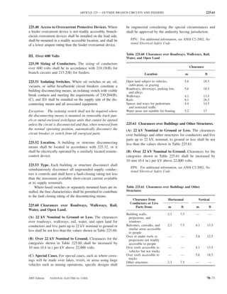 ARTICLE 225 — OUTSIDE BRANCH CIRCUITS AND FEEDERS                                             225.61



225.40 Access to Overcurrent Protective Devices. Where               be engineered considering the special circumstances and
a feeder overcurrent device is not readily accessible, branch-       shall be approved by the authority having jurisdiction.
circuit overcurrent devices shall be installed on the load side,
shall be mounted in a readily accessible location, and shall be         FPN: For additional information, see ANSI C2-2002, Na-
                                                                        tional Electrical Safety Code.
of a lower ampere rating than the feeder overcurrent device.

                                                                     Table 225.60 Clearances over Roadways, Walkways, Rail,
III. Over 600 Volts                                                  Water, and Open Land
225.50 Sizing of Conductors. The sizing of conductors
over 600 volts shall be in accordance with 210.19(B) for                                                                Clearance
branch circuits and 215.2(B) for feeders.                                         Location                        m                 ft

225.51 Isolating Switches. Where oil switches or air, oil,           Open land subject to vehicles,               5.6            18.5
vacuum, or sulfur hexaﬂuoride circuit breakers constitute a           cultivation, or grazing
                                                                     Roadways, driveways, parking lots,           5.6            18.5
building disconnecting means, an isolating switch with visible        and alleys
break contacts and meeting the requirements of 230.204(B),           Walkways                                     4.1            13.5
(C), and (D) shall be installed on the supply side of the dis-       Rails                                        8.1            26.5
connecting means and all associated equipment.                       Spaces and ways for pedestrians              4.4            14.5
                                                                      and restricted traffic
Exception: The isolating switch shall not be required where          Water areas not suitable for boating         5.2            17
the disconnecting means is mounted on removable truck pan-
els or metal-enclosed switchgear units that cannot be opened
unless the circuit is disconnected and that, when removed from       225.61 Clearances over Buildings and Other Structures.
the normal operating position, automatically disconnect the          (A) 22 kV Nominal to Ground or Less. The clearances
circuit breaker or switch from all energized parts.                  over buildings and other structures for conductors and live
                                                                     parts up to 22 kV, nominal, to ground or less shall be not
225.52 Location. A building or structure disconnecting               less than the values shown in Table 225.61.
means shall be located in accordance with 225.32, or it
shall be electrically operated by a similarly located remote-        (B) Over 22 kV Nominal to Ground. Clearances for the
control device.                                                      categories shown in Table 225.61 shall be increased by
                                                                     10 mm (0.4 in.) per kV above 22,000 volts.
225.53 Type. Each building or structure disconnect shall
                                                                        FPN: For additional information, see ANSI C2-2002, Na-
simultaneously disconnect all ungrounded supply conduc-                 tional Electrical Safety Code.
tors it controls and shall have a fault-closing rating not less
than the maximum available short-circuit current available
at its supply terminals.
     Where fused switches or separately mounted fuses are in-        Table 225.61 Clearances over Buildings and Other
stalled, the fuse characteristics shall be permitted to contribute   Structures
to the fault closing rating of the disconnecting means.
                                                                        Clearance from             Horizontal                Vertical
                                                                       Conductors or Live
225.60 Clearances over Roadways, Walkways, Rail,                          Parts from:               m       ft              m            ft
Water, and Open Land.
                                                                     Building walls,               2.3      7.5             —            —
(A) 22 kV Nominal to Ground or Less. The clearances                   projections, and
over roadways, walkways, rail, water, and open land for               windows
conductors and live parts up to 22 kV nominal to ground or           Balconies, catwalks, and      2.3      7.5            4.1        13.5
less shall be not less than the values shown in Table 225.60.         similar areas accessible
                                                                      to people
                                                                     Over or under roofs or        —        —              3.8        12.5
(B) Over 22 kV Nominal to Ground. Clearances for the                  projections not readily
categories shown in Table 225.60 shall be increased by                accessible to people
10 mm (0.4 in.) per kV above 22,000 volts.                           Over roofs accessible to      —        —              4.1        13.5
                                                                      vehicles but not trucks
(C) Special Cases. For special cases, such as where cross-           Over roofs accessible to      —        —              5.6        18.5
                                                                      trucks
ings will be made over lakes, rivers, or areas using large
                                                                     Other structures              2.3      7.5             —            —
vehicles such as mining operations, speciﬁc designs shall


2005 Edition   NATIONAL ELECTRICAL CODE                                                                                              70–71
 