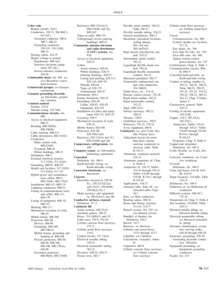 INDEX



Color code                               Raceways, 800.133(A)(1),              Flexible metal conduit, 348.22,    Cellular metal ﬂoor raceways.
  Branch circuits, 210.5                           800.154(B) and (E),                 Table 348.22                        see Cellular metal ﬂoor
  Conductors, 310.12, 504.80(C),                   800.182                     Flexible metallic tubing, 358.22            raceways
            647.4(C)                     Types of cable, 800.179               General installations, 300.17      Circuit
     Grounded conductor, 200.6,          Underground circuits entering         Hazardous (classiﬁed) locations,      Communications, Art. 800
            200.7, 400.22                          buildings, 800.47                   sealing ﬁttings,              Control, health care facilities,
     Grounding conductor,              Community antenna television                    501.15(C)(6),                       517.74
            250.119, 310.12(B),                    and radio distribution              505.16(D)(5)                  Fire alarm, Art. 760
            400.23                                 (CATV) systems, Art.        High density polyethylene con-        Less than 50 volts, Art. 720
  Heating cables, 424.35                           820                                 duit, 353.22                  Over 600 volts, Art. 490
  Higher voltage to ground               Access to electrical equipment,       Intermediate metal conduit,           Signal, remote-control,
     Panelboards, 408.3(E)                         820.21                              342.22                              power-limited, Art. 725
     Sensitive electronic equip-         Cables                                Liquidtight ﬂexible metal con-     Combinations, Chap. 9, Table 1
            ment, 647.4(C)                  Aerial entrance, 820.44                    duit, 350.22               Communications circuits, 800–
     Service-entrance conductors,           Within buildings, 820–V            Liquidtight ﬂexible nonmetallic             II, 800–V
            230.56                          Entering buildings, 820.47                 conduit, 356.22            Concealed knob-and-tube. see
Combustible dusts, Art. 502. see            Listing and marking, 820.113,      Maximum permitted, 300.17                   Knob-and-tube wiring
            also Hazardous (classi-                820.154, 820–VI             Nonmetallic underground con-       Conduit or tubing, number in,
            ﬁed) locations                  Outside, 820.44                            duit with conductors,               342.22, 344.22, 348.22,
Commercial garages. see Garages,            Types of, 820.179                          354.100(D)                          Table 348.22, 350.22,
            commercial                      Underground, 820.47                Outlet boxes, etc., 314.16                  352.22, 353.22, 354.22,
Common grounding electrode.              Deﬁnitions, 820.2                     Remote control circuits, 725.28             356.22, 358.22, 360.22,
            see Electrodes, ground-      Energy limitations, 820.15            Rigid metal conduit, 344.22                 362.22, Chap. 9 Tables,
            ing, common                  Grounding, 820–IV                     Rigid nonmetallic conduit,                  Annex C
Common neutral                              Cables, 820.93, 820–IV                     352.22                     Construction, general, Table
  Feeders, 215.4                            Equipment, 820.103                 Signs, 600.31(C)                            310.13
  Outside wiring, 225.7(B)               Installation of cables and equip-     Surface raceways, 386.22,          Cooling of electric equipment,
Communications circuits, Art.                      ment, 820.113, 820.133              388.22                              110.13(B)
            800                          Locations, 820.3                      Theaters, 520.6                    Copper, 110.5, 505.18(A),
  Access to electrical equipment,        Mechanical execution of work,         Underﬂoor raceways, 390.5                   760.27(C)
            800.21                                                                                                   Ampacities, Tables 310.16
                                                   820.24                      Wireways, 376.22, 378.22
  Bonding, 800.100(D),
                                         Mobile homes, 820.106                 X-ray equipment, 660.8                      through 310.21, Tables
            800.106(B)
                                         Protection, 820–III,                Conductors. see also Cords, ﬂex-              310.69 through 310.86,
  Cable marking, 800.113
                                                   820.100(A)(6)                       ible; Fixture wires                 B.310.1 through
  Cable substitution, 800.154(G)
                                         Raceways, 820.133(A) and (C),         Adjustment factors for more                 B.310.10
  Conductors
                                                   820.154(B) and (D)                  than three current-           Properties, Chap. 9, Table 8
     Other circuits with,
                                       Compressors, refrigeration, Art.                carrying conductors in     Copper-clad aluminum
            800.154(E)
                                                   440                                 raceway, cable, Table         Deﬁnition, Art. 100–I
     Overhead, 800.44
                                       Computer rooms. see Information                 B.310.11                   Cords, ﬂexible. see Cords, ﬂex-
     Within buildings, 800–V
  Deﬁnitions, 800.2                                technology equipment        Aluminum, conductor material,               ible
  Essential electrical systems,        Concealed                                       310.14                     Corrosive conditions. see Corro-
            517.32(D), 517.42(D)         Deﬁnition, Art. 100–I                 Aluminum, properties of, Chap.              sive conditions
  Grounding, 800.93, 800–IV              Knob-and-tube wiring. see                     9, Table 8                 Covered
  Health care facilities, 517.32(D),               Knob-and-tube wiring        Ampacities of, 310.15, Tables         Deﬁnition, Art. 100–I
            517.42(D), 517–VI          Concentric knockouts. see                       310.16 through 310.21,     Crane and hoists, 610–II, 610–
  Hybrid power and communica-                      Knockouts                           Tables 310.69 through               III, 610.41
            tions cables, 800.3,       Concrete                                        310.86, B.310.1 through    Damp locations, 310.8(B), Table
            800.154(F), 800.179(J)       Electrodes encased in, 250.50                 B.310.10                            310.13
  Installation, 800.113, 800.133                   Ex., 250.52(A)(2)(a)        Applications, 310.13               Deﬁnitions, Art. 100–I
  Lightning conductors, 800.53                     and (A)(3), 250.66(B),      Armored cable, Type AC. see        Deﬂection of. see Deﬂection of
  Listing of communications wires                  250.68(A) Ex.1                      Armored cable (Type                 conductors
            and cables, 800.113,         Metal raceways and equipment                  AC)                        Different systems, 300.3(C),
            800.179                                in, 300.6(A)(3) and (B)     Bare. see Bare conductors                   725.26
  Listing of equipment, 800–18,        Conductive surfaces, exposed            Bending radius, 300.34             Dimensions of, Chap. 9, Table 4
            800–VI                       Deﬁnition, 517.2                      Boxes and ﬁttings, junction,       Dry locations, 310.8(B), Table
  Marking, 800.113                     Conductor ﬁll                                   314.16, 314.17                      310.13
  Mechanical execution of work,          Audio systems, 640.23(A)              Branch circuits, Art. 210. see     Electrical metallic tubing. see
            800.24                       Auxiliary gutters, 366.22                     also Branch circuits                Electrical metallic tubing
  Mobile homes, 800.106                  Boxes, 314.16(B)(1) and (5)           Bundled, in theaters, etc.         Electrical nonmetallic tubing.
  Protection, 800–III                    Cable trays, 392.9, 392.10               Deﬁnition, 520.2                         see Electrical nonmetal-
     Devices, 800.90                     Cellular concrete ﬂoor raceways,      Buried, 310.7                               lic tubing
     Grounding, 800.100,                           372.11                      Busways. see Busways               Elevators, dumbwaiters, escala-
            800.106(A)                   Cellular metal ﬂoor raceways,         Cabinets and cutout boxes,                  tors, moving walks,
     Mobile homes, grounding and                   374.5                               312.5 through 312.7                 620–II through 620–IV
            bonding at, 800.106          Control circuits, 517.74(A)           Cablebus. see Cablebus             Enclosure, grounding, 250–IV
     Primary protectors, 800.50,         Electrical metallic tubing,           Calculations, examples, Annex         Grounding electrode conduc-
            800.90, 800.100,                       358.22                              D                                   tors, 250.64(E)
            800.106, 800.170(A),         Electrical nonmetallic tubing,        Capacitors, 460.8                  Equipment grounding. see
            830.90                                 362.22                      Cellular concrete ﬂoor raceways.            Equipment grounding
     Secondary protectors,               Elevators, 620.32, 620.33                     see Cellular concrete               conductors
            800.90(D), 800.170(B)        Fixture wire, 402.7                           ﬂoor raceways              Feeder, Art. 215



2005 Edition     NATIONAL ELECTRICAL CODE                                                                                                   70–743
 