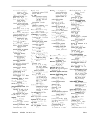 INDEX



  Interconnected electric power        Dressing rooms                         Dwellings. see also Appliances;        Electrical noise, 647.3. see also
           production sources,           Motion picture studios, 530–III                Boxes; Branch circuits;                  Sensitive electronic
           705.20, 705.21, 705.22        Theaters, 520–VI                               Grounding, and similar                   equipment
  Irrigation machines, 675.8           Drip loops                                       general categories; Lu-        Grounding, 250.96(B),
  Marinas and boatyards, 555.17          Conductors entering buildings,                 minaires (lighting ﬁx-                   250.146(D)
  Mobile homes, 550.11                            230.24(B)(1), 230.52,                 tures)                         Panelboards, 408.40 Ex.
  Motors and controllers, 430.74.                 230.54(F), 398.15(B),         Branch-circuit voltages,               Receptacles, 406.2(D)
           430.95, 430–IX,                                                              210.6(A)                     Electrical nonmetallic tubing
                                                  800.12(C)
           430.128, 430.227                                                     Deﬁnitions, Art. 100–I                           (Type ENT), Art. 362
                                         Service heads, 230.54(F)
  Naturally and artiﬁcially made                                                Farm, services, 220.102(A),            Bends, 362.24, 362.26
                                       Driveways                                                                       Bushings, 362.46
           bodies of water, electri-                                                    220.103
                                         Clearance of conductors, 225.18                                               Construction speciﬁcations,
           cal equipment for,                                                   Feeder load, calculations for,
           682.14                        Clearance of service drop,                                                              362–III
                                                  230.24(B)                             220.14(J), 220.82 through      Deﬁnition, 362.2
  Outside branch circuits. see Out-                                                     220.85, Annex D
           side branch circuits and    Drop. see Service drops; Voltage                                                Grounding, 362.60
                                                  and volts, drop               Lighting loads for, Table 220.12       Installation, 362–II
           feeders
                                       Dryers, clothes. see Clothes dryers      Lighting outlets required,             Joints, 362.48
  Phase converters, 455.8, 455.20
                                                                                        210.70(A)                      Listing, 362.6
  Pools, spas, and hot tubs, 680.12    Dry location,. 110.11. see also
  Portable equipment, 517.17(C)                                                 Luminaires (lighting ﬁxtures),         Marking, 362.120
                                                  Damp or wet locations
  Receptacles, cord connectors                                                          410.75, 410.80(B)              Maximum number of conductors
                                         Conductors, types, 310.8, Table
           and attachment plugs                                                 Panelboards as services, 408.3(C),               and ﬁxture wires in,
                                                  310.13
           (caps), 422.33, 440.63                                                       408.36(A) Ex. 2                          Tables C2 and C2A
                                         Deﬁnition, Art. 100–I
  Recreational vehicle parks,                                                   Receptacle circuits required,          Number of conductors in,
                                         Electric signs, portable or mo-                                                         362.22
           551.77(B)                                                                    210.11
                                                  bile, 600.10(D)                                                      Securing and supporting, 362.30
  Recreational vehicles, 551.45(C)                                              Receptacle outlets required,
                                         Nonmetallic extensions,                                                       Size, 362.20
  Sensitive electronic equipment,                                                       210.52, 680.22(A)
                                                  382.10(B)                                                            Splices and taps, 362.56
           lighting equipment,                                                    Protection by ground-fault
                                         Rigid nonmetallic conduit,                                                    Through metal framing mem-
           647.8(A)                                                                     circuit interrupters,
                                                  352.10(E)                                                                      bers, 300.4(B)
  Separate building on same pre-                                                        210.8(A), 680.22(A)(5)
                                         Surface metal raceways,                                                       Trimming, 362.28
           mises, 250.32(D)
                                                  386.10(1)                                                            Uses not permitted, 362.12
  Services, 230–VI
                                       Dry-type transformers, 450.1 Ex.                                                Uses permitted, 362.10
     Connections, ahead of,
                                                  2, 450.21, 450.22                           -E-                    Electric discharge lighting
           230.82
                                       Dual-voltage motor, locked-rotor       Eccentric knockouts. see Knock-          Connection to luminaires (light-
     Over 600 volts, 225.51
                                                  rating, 430.7(B)(3)                     outs                                   ing ﬁxtures), 410.14,
           through 225.53,
                                                                              Elbows, metal, protection from                     410.30(C)
           230.205, 230.206            Duct heaters, installation of,
                                                                                          corrosion, 300.6             Deﬁnition, 600.2
  Shore power connections,                        424–VI
                                                                              Electrical datum plane, 555.23,          More than 1000 volts, 410–XIV
           555.17                      Ducts                                                                           Signs and outline lighting, Art.
  Signs and outline lighting, 600.6      Deﬁnition, 820.2                                 682.10 to 682.12,
                                                                                                                                 600
  Solar photovoltaic systems,            Electrical, 310.15, 310.60(C),                   682.14, 682.15
                                                                                                                       1000 volts or less, 410–VIII
           690–III                                Fig. 310.60, Tables           Deﬁnition, 555.2, 682.2                Wiring, equipment, 410.73(A),
  Standby systems, optional,                      310.77 through 310.80,      Electrical ducts. see Ducts                        410–XIV
           702.11                                 B.310.15(B)(4)              Electrical life support equipment      Electric heating equipment, ﬁxed.
  Temporary circuits, 590.4(E)              Deﬁnition, 310.60(A)                Deﬁnition, 517.2                                 see Fixed electric heat-
  Thermal cutouts, 240.40                Luminaires (lighting ﬁxtures) in,    Electrically operated pool covers.                 ing equipment for pipe-
  Tunnels, 110.58                                                                         see Covers                             lines and vessels; Fixed
                                                  410.4(C)
  Welders, 630.13, 630.33                                                     Electrical metallic tubing (Type                   electric space heating
                                         Wiring in, 300.21, 300.22,
  X-ray equipment, 517.72, 660.5,                                                         EMT), Art. 358                         equipment; Fixed out-
                                                  725.3(C), 760.3(B),
           660.24                                                               Bends, 358.24, 358.26                            door electric deicing
                                                  770.3(B), 800.133(D),
Discontinued outlets. see Outlets,                                              Connectors and couplings,                        and snow-melting
           discontinued                           800.154(A), 800.182,
                                                  820.113, 820.154(A),                    358.42                                 equipment
Dissimilar metals. see Metals,                                                  Construction speciﬁcations,          Electric power production
           dissimilar                             830.154(B),
                                                  830.179(A)(2)                           358–III                                sources. see Generators;
Distribution panelboards. see                                                                                                    Interconnected electric
                                       Dumbwaiters. see Elevators,              Deﬁnition, 358.2
           Panelboards                                                                                                           power production
                                                  dumbwaiters, escalators,      Grounding, 358.60
Doors, transformer vaults, 450.43                                                                                                sources; Solar photovol-
                                                  moving walks, wheel-          Installation, 358–II
Double insulated                                                                                                                 taic systems
                                                  chair lifts, and stairway     Listing, 358.6
  Appliances and tools, 250.114                                                                                      Electric signs. see Signs, electric
           Ex., 422.16(B)(1) Ex.,                 chair lifts                   Marking, 358.120
                                                                                                                     Electric vehicle charging system
           422.16(B)(2) Ex.                                                     Maximum number of conductors
                                       Dust-ignitionproof, 500.7(B),                                                             equipment, Art. 625
  Pool pumps, 680.21(B), 680.31                                                           and ﬁxture wires in,
                                                  506.8(A)                                                             Automatic de-energization,
Double locknuts. see Locknuts,                                                            Tables C1 and C1A
                                         Deﬁnition, 500.2                                                                        625.19
           double, required                                                     Number of conductors in,               Cable, Table 400.4, 625.17
                                       Dusts. see Hazardous (classiﬁed)
Drainage                                                                                  358.22                       Coupler, 625.9
                                                  locations
  Equipment, 501.15(F),                                                         Reaming and threading, 358.28          Coupling method, 625.16
                                       Dusttight, 500.7(C), 506.8(D)            Securing and supporting, 358.30
           505.16(E)                                                                                                   Deﬁnitions, 625.2
                                         Deﬁnition, Art. 100–I, 500.2           Size, 358.20
  Oil-insulated outdoor transform-                                                                                     Disconnecting means, 625.23
           ers, 450.27                 Duty, types                              Splices and taps, 358.56               Interactive system, 625.26
  Raceways. see Raceways, drain-         Deﬁnitions, Art. 100–I                 Uses not permitted, 358.12             Listed, 625.5
           age                         Duty cycle, welding, 630.31(B)           Uses permitted, 358.10                 Marking, 625.15
  Transformer vaults, 450.46                      FPN                           Wet locations, in, 358.10(C)           Primary source, loss of, 625.25



2005 Edition     NATIONAL ELECTRICAL CODE                                                                                                       70–747
 