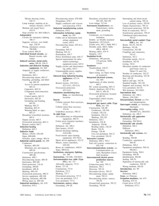 INDEX



     Theater dressing rooms,              Disconnecting means, 670.4(B)          Hazardous (classiﬁed) location,          Interrupting and short-circuit
            520.72                        Nameplates, 670.3                                501.105, 502.150                         current rating, 705.16
  Lamp wattage, marking on lu-            Supply conductors and overcur-         Low-voltage, 517.64                      Loss of primary source, 705.40
            minaire (ﬁxture), 410.70               rent protection, 670.4     Instrument transformers. see                Output characteristics, 705.14
  Medium and mogul bases,              Industrial manufacturing system                     Transformers, instru-          Overcurrent protection, 705.30
            410.53                        Deﬁnition, 670.2                                 ment, grounding                Point of connection, 705.12
  Snap switches for, 404.14(B)(3)      Information technology equip-          Insulation                                  Synchronous generators, 705.43
Independent                                        ment, Art. 645                Conductors. see Conductors,              Unbalanced interconnections,
  Circuits for emergency lighting,        Cables not in information tech-                  insulation                               705.42
            700.17                                 nology equipment              Double. see Double insulated          Intermediate metal conduit (Type
  Supports, services, over build-                  rooms, 645.6                  Equipment, 110.3(A)(4)                             IMC), Art. 342
            ings, 230.29                  Disconnecting means, 645.4(1),         Fixture wire, 402.3, Table 402.3         Bends, 342.24, 342.26
  Wiring, emergency circuits,                      645.10                        Flexible cords, 400.4, Table             Bushings, 342.46
            700.9(B)                      Grounding, 645.15                                400.4, 400–II                  Construction, 342–III
  X-ray control, 660.24                   Marking, 645.16                        Heating cables, 424–V                    Couplings and connectors,
Individual branch circuits. see           Penetrations, 645.7                    Integrity, 110.7                                   342.42
            Branch circuits, indi-        Power distribution units, 645.17    Insulation levels                           Deﬁnition, 342.2
            vidual                        Special requirements for infor-        Deﬁnitions, 100 percent,                 Dissimilar metals, 342.14
Induced currents, metal enclo-                     mation technology                       133 percent, Table             Installation, 342–II
            sures, 300.20, 330.31                  equipment rooms, 645.4                  310.64                         Listing, 342.6
Induction and dielectric heating          Supply circuits and interconnect-   Insulators                                  Maximum number of conductors
            equipment, Art. 665                    ing cables, 645.5             Nonabsorbent, 230.27,                              and ﬁxture wires in,
  Ampacity of supply conductors,          Uninterruptible power supplies                   394.30(A)                                Tables C4 and C4A
            665.10                                 (UPS), 645.11                 Open wiring. see Open wiring             Number of conductors, 342.22
  Deﬁnitions, 665.2                    Infrared lamp industrial heating                    on insulators                  Reaming and threading, 342.28
  Disconnecting means, 665.12                      appliances, 422.14,        Integrated electrical systems,              Size, 342.20
  Guarding, grounding, and label-                  422.48                                  Art. 685                       Splices and taps, 342.56
            ing, 665–II                   Branch circuits, 210.23(C),            Applications of other articles,          Standard lengths, 342.130
     Access to interior equipment,                 422.11(C), 424.3(A)                     685.2                          Supports and securing, 342.30
            665.22                        Overcurrent protection,                DC system grounding, 685.12              Uses permitted, 342.10
     Capacitors, 665.24                                                          Orderly shutdown, 645.10 Ex.,
                                                   422.11(C)                                                              Wet locations, 342.10(D)
     Component interconnection,                                                            645.11, 685–II
                                       Inhalation anesthetizing loca-                                                  Intermittent duty
            665.19                                                               Overcurrent protection, location
                                                   tions. see Anesthetizing                                               Deﬁnition, Art. 100–I
     Control panels, 665.21                                                                of, 685.10
                                                   locations                                                              Motors, 430.22(E)
     Enclosures, 665.20                                                          Ungrounded control circuits,
                                       Inserts                                                                         Interpretations, formal. see For-
     Grounding and bonding,                                                                685.14
                                          Cellular concrete ﬂoor raceways,                                                          mal interpretations
            665.26                                                            Integrated gas spacer cable (Type
                                                   372.9                                                               Interrupter switch. see Switches,
     Marking, 665.27                                                                       IGS), Art. 326
                                          Cellular metal ﬂoor raceways,                                                             interrupter
     Shielding, 665.25                                                           Construction, 326–III
                                                   374.10                                                              Interrupting rating, 110.9,
     Warning labels or signs,                                                       Conductors, 326.104
            665.23                        Underﬂoor raceways, 390.14                Conduit, 326.116                                240.60(C)(3), 240.83(C)
  Hazardous (classiﬁed) locations,     In sight from                                Insulation, 326.112                   Deﬁnition, Art. 100–I
            665.4                         Air-conditioning or refrigerating         Marking, 326.120                   Intrinsically safe apparatus
  Output circuits, 665.5                           equipment, 440.14             Deﬁnition, 326.2                         Deﬁnition, 504.2
  Overcurrent protection, 665.11          Center pivot irrigation machines,      Installation, 326–II                     Grounding, 504.50(A)
  Remote control, 665.7                            675.8(B)                         Ampacity, 326.80                   Intrinsically safe circuits
Induction heating                         Deﬁnition, Art. 100–I                     Bending radius, 326.24                Deﬁnition, 504.2
  Deﬁnition, 665.2                        Duct heaters, 424.65                      Bends, 326.26                         Different
Inductive loads                           Electric-discharge lighting,              Fittings, 326.40                         Deﬁnition, 504.2
  Motors, 430.83, 430.109                          410.81(B)                        Uses not permitted, 326.12         Intrinsically safe systems, Art.
  Signs, 600.6(B)                         Fixed electric space heating              Uses permitted, 326.10                          504
  Switches, types, ratings, 404.14                 equipment, 424.19(A)       Interactive systems                         Bonding, 504.60
Industrial control panels, Art. 409       Motor driven appliances, 422.32        Deﬁnition, 690.2, 705.2                  Conductors, separation of,
  Conductors                              Motors, motor controllers,             Fuel cell systems, connection to,                  504.30
     Busbars, 409.102                              430.102                                 692–VII                        Deﬁnitions, 504.2
     Minimum size and ampacity,           Room air conditioners, 440.63       Intercommunications systems. see            Equipment installation, 504.10,
            409.20                        Signs, 600.6(A)                                  Communications cir-                      506.8(C)
  Construction speciﬁcations,          Institutions, emergency lighting,                   cuits; Hazardous (classi-      Equipment listing, 504.4
            409–III                                Art. 700                                ﬁed) locations                 Grounding, 504.50
  Deﬁnition, 409.2                     Instructions, 110.3(B), 230.95(C)      Interconnected electric power               Identiﬁcation, 504.80
  Disconnecting means, 409.30          Instrumentation tray cable (Type                    production sources,            Sealing, 504.70
  Enclosures, 409.100                              ITC), Art. 727                          Art. 705                       Separation of intrinsically safe
  Flash protection, 110.16                Allowable ampacity, 727.8              Connection point, 705.12                           conductors, 504.30
  Grounding, 409.60                       Bends, 727.10                          Deﬁnition, 705.2                         Wiring methods, 504.20
  Installation, 409–II                    Construction, 727.6                    Directory, 705.10                     Introduction, Art. 90
  Marking, 409.110                        Deﬁnition, 727.2                       Disconnect device, 705.22             Inverter
  Overcurrent protection, 409.21          Marking, 727.7                         Disconnecting means, equip-              Deﬁnition, 690.2
  Service equipment, 409.108              Overcurrent protection, 727.9                    ment, 705.21                Irons. see Flatirons
  Spacing, minimum, 409.106               Uses not permitted, 727.5              Disconnecting means, sources,         Irrigation machines, Art. 675
  Wiring space in, 409.104                Uses permitted, 727.4                            705.20                         Bonding, 675.14
Industrial machinery, Art. 670         Instruments, meters, relays               Ground-fault protection, 705.32          Center pivot, 675–II
  Deﬁnition, 670.2                        Grounding, 250–IX                      Grounding, 705.50                           Deﬁnition, 675.2



2005 Edition      NATIONAL ELECTRICAL CODE                                                                                                        70–755
 