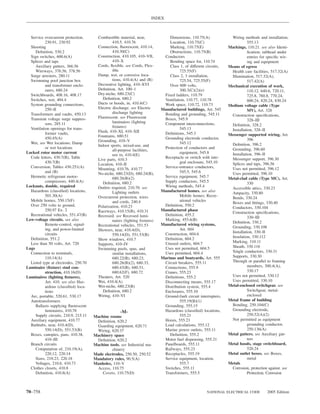 INDEX



  Service overcurrent protection,       Combustible material, near,              Dimensions, 110.75(A)              Wiring methods and installation,
           230.91, 230.92                        410.5, 410.76                   Location, 110.75(C)                          555.13
  Shooting                              Connection, ﬂuorescent, 410.14,          Marking, 110.75(E)                Markings, 110.21. see also Identi-
     Deﬁnition, 530.2                            410.30(C)                       Obstructions, 110.75(B)                      ﬁcation; subhead under
  Sign switches, 600.6(A)               Construction, 410.105, 410–VII,       Conductors                                      entries for speciﬁc wir-
  Splices and taps                               410–X                           Bending space for, 110.74                    ing and equipment
     Auxiliary gutters, 366.56          Cords, ﬂexible. see Cords, Flex-         Class 1, of different circuits,   Means of egress
     Wireways, 376.56, 378.56                    ible                                  725.55(F)                    Health care facilities, 517.32(A)
  Surge arresters, 280.11               Damp, wet, or corrosive loca-            Class 2, 3 installation,           Illumination, 517.32(A),
  Swimming pool junction box                     tions, 410.4(A) and (B)               725.54, 725.55(F)                      517.42(A)
           and transformer enclo-       Decorative lighting, 410–XVI             Over 600 volts,                   Mechanical execution of work,
           sures, 680.24                Deﬁnition, Art. 100–1                          300.3(C)(2)(e)                         110.12, 640.6, 720.11,
  Switchboards, 408.16, 408.17          Dry-niche, 680.23(C)                  Fixed ladders, 110.79                           725.8, 760.8, 770.24,
  Switches, wet, 404.4                     Deﬁnition, 680.2                   Ventilation, 110.77, 110.78                     800.24, 820.24, 830.24
  System grounding connections,         Ducts or hoods, in, 410.4(C)          Work space, 110.72, 110.73           Medium voltage cable (Type
           250–II                       Electric discharge. see Electric     Manufactured buildings, Art. 545                 MV), Art. 328
  Transformers and vaults, 450.13                discharge lighting           Bonding and grounding, 545.11
                                        Fluorescent. see Fluorescent                                                Construction speciﬁcations,
  Transient voltage surge suppres-                                            Boxes, 545.9                                    328–III
           sors, 285.11                          luminaires (lighting         Component interconnections,
                                                 ﬁxtures)                                                           Deﬁnition, 328.2
  Ventilation openings for trans-                                                      545.13                       Installation, 328–II
           former vaults,               Flush, 410–XI, 410–XII                Deﬁnitions, 545.3
                                        Fountains, 680.51                                                          Messenger supported wiring, Art.
           450.45(A)                                                          Grounding electrode conductor,                  396
                                        Grounding, 410–V
  Wet, see Wet locations; Damp                                                         545.12                       Deﬁnition, 396.2
                                        Indoor sports, mixed-use, and
           or wet locations                                                   Protection of conductors and          Grounding, 396.60
                                                 all-purpose facilities,
Locked rotor motor current                                                             equipment, 545.8             Installation, 396–II
                                                 use in, 410.4(E)
  Code letters, 430.7(B), Table                                               Receptacle or switch with inte-       Messenger support, 396.30
                                        Live parts, 410.3
           430.7(B)                     Location, 410–II                               gral enclosure, 545.10       Splices and taps, 396.56
  Conversion, Tables 430.251(A)         Mounting, 410.76, 410.77              Service-entrance conductors,          Uses not permitted, 396.12
           and (B)                      No-niche, 680.23(D), 680.24(B),                545.5, 545.6                 Uses permitted, 396.10
  Hermetic refrigerant motor-                    680.26(B)(2)                 Service equipment, 545.7             Metal-clad cable (Type MC), Art.
           compressors, 440.4(A)           Deﬁnition, 680.2                   Supply conductors, 545.5                        330
Locknuts, double, required              Outlets required, 210.70. see         Wiring methods, 545.4                 Accessible attics, 330.23
  Hazardous (classiﬁed) locations,               Lighting outlets            Manufactured homes. see also
                                                                                                                    Ampacity, 330.80
           501.30(A)                    Overcurrent protection, wires                  Mobile homes; Recre-
                                                                                                                    Bends, 330.24
  Mobile homes, 550.15(F)                        and cords, 240.4                      ational vehicles
                                                                                                                    Boxes and ﬁttings, 330.40
  Over 250 volts to ground,             Polarization, 410.23                  Deﬁnition, 550.2
                                                                                                                    Conductors, 330.104
           250.97 Ex. 2                 Raceways, 410.15(B), 410.31          Manufactured phase
                                                                                                                    Construction speciﬁcations,
  Recreational vehicles, 551.47(B)      Recessed. see Recessed lumi-          Deﬁnition, 455.2
                                                                                                                              330–III
Low-voltage circuits. see also                   naires (lighting ﬁxtures)    Marking, 455.6(B)
                                                                                                                    Deﬁnition, 330.2
           Remote-control, signal-      Recreational vehicles, 551.53        Manufactured wiring systems,
                                                                                                                    Grounding, 330.108
           ing, and power-limited       Showers, near, 410.4(D),                       Art. 604
           circuits                                                           Construction, 604.6                   Installation, 330–II
                                                 550.14(D), 551.53(B)
  Deﬁnition, 551.2                                                            Deﬁnition, 604.2                      Insulation, 330.112
                                        Show windows, 410.7
  Less than 50 volts, Art. 720                                                Unused outlets, 604.7                 Marking, 310.11
                                        Supports, 410–IV
Lugs                                                                          Uses not permitted, 604.5             Sheath, 330.116
                                        Swimming pools, spas, and
  Connection to terminals,                       similar installations,       Uses permitted, 604.4                 Single conductors, 330.31
           110.14(A)                             680.22(B), 680.23,          Marinas and boatyards, Art. 555        Supports, 330.30
  Listed type at electrodes, 250.70              680.26(B)(2), 680.33,        Circuit breakers, 555.11              Through or parallel to framing
Luminaire (ﬁxture) stud con-                     680.43(B), 680.51,           Connections, 555.9                              members, 300.4(A),
           struction, 410.16(D)                  680.62(F), 680.72            Cranes, 555.23                                  330.17
Luminaires (lighting ﬁxtures),          Theaters, Art. 520                    Deﬁnitions, 555.2                     Uses not permitted, 330.12
           Art. 410. see also Haz-      Wet, 410.4(A)                         Disconnecting means, 555.17           Uses permitted, 330.10
           ardous (classiﬁed) loca-     Wet-niche, 680.23(B)                  Distribution system, 555.4           Metal-enclosed switchgear. see
           tions                           Deﬁnition, 680.2                   Enclosures, 555.10                              Switchgear, metal-
  Arc, portable, 520.61, 530.17         Wiring, 410–VI                        Ground-fault circuit interrupters,              enclosed
  Autotransformers                                                                     555.19(B)(1)                Metal frame of building
     Ballasts supplying ﬂuorescent                                            Grounding, 555.15                     Bonding, 250.104(C)
           luminaires, 410.78                                                 Hazardous (classiﬁed) locations,      Grounding electrode,
                                                     -M-
     Supply circuits, 210.9, 215.11   Machine rooms                                    555.21                                 250.52(A)(2)
  Auxiliary equipment, 410.77          Deﬁnition, 620.2                       Hoists, 555.23                        Not permitted as equipment
  Bathtubs, near, 410.4(D),            Guarding equipment, 620.71             Load calculations, 555.12                       grounding conductor,
           550.14(D), 551.53(B)        Wiring, 620.37                         Marine power outlets, 555.11                    250.136(A)
  Boxes, canopies, pans, 410.38,      Machinery space                            Deﬁnition, 555.2                  Metal gutters. see Auxiliary gut-
           410–III                     Deﬁnition, 620.2                       Motor fuel dispensing, 555.21                   ters
  Branch circuits                     Machine tools. see Industrial ma-       Panelboards, 555.11                  Metal hoods, stage switchboard,
     Computation of, 210.19(A),                chinery                        Railways, 555.23                                520.24
           220.12, 220.14             Made electrodes, 250.50, 250.52         Receptacles, 555.19                  Metal outlet boxes. see Boxes,
     Sizes, 210.23, 220.18            Mandatory rules, 90.5(A)                Service equipment, location,                    metal
     Voltages, 210.6, 410.73          Manholes, 110–V                                  555.7                       Metals
  Clothes closets, 410.8               Access, 110.75                         Switches, 555.11                      Corrosion, protection against. see
     Deﬁnition, 410.8(A)                  Covers, 110.75(D)                   Transformers, 555.5                             Protection, Corrosion



70–758                                                                                                 NATIONAL ELECTRICAL CODE          2005 Edition
 