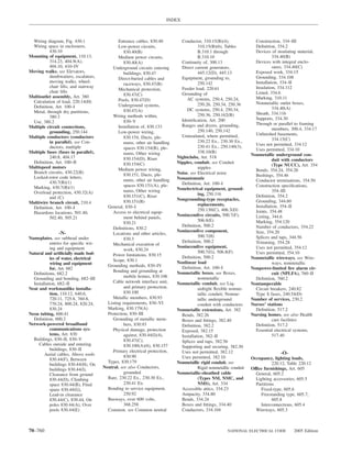INDEX



 Wiring diagram, Fig. 430.1                    Entrance cables, 830.40         Conductor, 310.15(B)(4),                Construction, 334–III
 Wiring space in enclosures,                   Low-power circuits,                       310.15(B)(6), Tables          Deﬁnition, 334.2
          430.10                                  830.40(B)                              B.310.1 through               Devices of insulating material,
Mounting of equipment, 110.13,                 Medium power circuits,                    B.310.10                                334.40(B)
          314.23, 404.9(A),                       830.40(A)                    Continuity of, 300.13                   Devices with integral enclo-
          404.10, 410–IV                    Underground circuits entering      Direct current generators,                        sures, 334.40(C)
Moving walks. see Elevators,                      buildings, 830.47                      445.12(D), 445.13             Exposed work, 334.15
          dumbwaiters, escalators,             Direct-buried cables and        Equipment, grounding to,                Grounding, 334.108
          moving walks, wheel-                                                           250.142                       Installation, 334–II
                                                  raceways, 830.47(B)
          chair lifts, and stairway                                            Feeder load, 220.61                     Insulation, 334.112
                                               Mechanical protection,
          chair lifts                                                          Grounding of                            Listed, 334.6
Multioutlet assembly, Art. 380                    830.47(C)
                                               Pools, 830.47(D)                   AC systems, 250.4, 250.24,           Marking, 310.11
 Calculation of load, 220.14(H)                                                                                        Nonmetallic outlet boxes,
                                               Underground systems,                      250.26, 250.34, 250.36
 Deﬁnition, Art. 100–I                                                                                                           334.40(A)
 Metal, through dry partitions,                   830.47(A)                       DC systems, 250.4, 250.34,
                                                                                         250.36, 250.162(B)            Sheath, 334.116
          380.3                             Wiring methods within,
                                                                               Identiﬁcation, Art. 200                 Supports, 334.30
 Use, 380.2                                       830–V
                                                                               Ranges and dryers, grounding,           Through or parallel to framing
Multiple circuit connections,                  Installation of, 830.133                                                          members, 300.4, 334.17
          grounding, 250.144                   Low-power wiring,                         250.140, 250.142
                                                                               Uninsulated, where permitted,           Unﬁnished basements,
Multiple conductors (conductors                   830.154, Ducts, ple-                                                           334.15(C)
          in parallel). see Con-                  nums, other air handling               230.22 Ex., 230.30 Ex.,
                                                                                         230.41 Ex., 250.140(3),       Uses not permitted, 334.12
          ductors, multiple                       spaces 830.154(B), ple-                                              Uses permitted, 334.10
Multiple fuses (fuses in parallel),               nums, Other wiring                     338.10(B)
                                                                                                                     Nonmetallic underground con-
          240.8, 404.17                           830.154(D), Riser          Nightclubs, Art. 518
                                                                                                                                 duit with conductors
 Deﬁnition, Art. 100–II                           830.154(C)                 Nipples, conduit. see Conduit
Multispeed motors                                                                                                                (Type NUCC), Art. 354
                                               Medium power wiring,                      nipples
 Branch circuits, 430.22(B)                                                                                            Bends, 354.24, 354.26
                                                  830.151, Ducts, ple-       Noise. see Electrical noise
 Locked-rotor code letters,                                                                                            Bushings, 354.46
                                                  nums, other air handling   Nonautomatic                              Conductor terminations, 354.50
          430.7(B)(1)                                                          Deﬁnition, Art. 100–I
 Marking, 430.7(B)(1)                             spaces 830.151(A), ple-                                              Construction speciﬁcations,
                                                  nums, Other wiring         Nonelectrical equipment, ground-                    354–III
 Overload protection, 430.32(A)                                                          ing, 250.116
          and (C)                                 830.151(C), Riser                                                    Deﬁnition, 354.2
                                                  830.151(B)                 Nongrounding-type receptacles,            Grounding, 344.60
Multiwire branch circuit, 210.4                                                          replacements,
 Deﬁnition, Art. 100–I                   General, 830–I                                                                Installation, 354–II
                                                                                         250.130(C), 406.3(D)          Joints, 354.48
 Hazardous locations, 501.40,               Access to electrical equip-
                                                                             Nonincendive circuits, 500.7(F),          Listing, 344.6
          502.40, 505.21                          ment behind panels,
                                                                                         506.8(E)                      Marking, 354.120
                                                  830.21
                                                                               Deﬁnition, 500.2                        Number of conductors, 354.22
                                            Deﬁnitions, 830.2
                -N-                                                          Nonincendive component,                   Size, 354.20
                                            Locations and other articles,
Nameplates. see subhead under                                                            500.7(H)                      Splices and taps, 344.56
                                                  830.3
            entries for speciﬁc wir-                                           Deﬁnition, 500.2                        Trimming, 354.28
                                            Mechanical execution of
            ing and equipment                                                Nonincendive equipment,                   Uses not permitted, 354.12
                                                  work, 830.24
Natural and artiﬁcially made bod-                                                        500.7(G), 506.8(F)            Uses permitted, 354.10
                                            Power limitations, 830.15          Deﬁnition, 500.2
            ies of water, electrical                                                                                 Nonmetallic wireways. see Wire-
                                            Scope, 830.1                     Nonlinear load
            wiring and equipment                                                                                                 ways, nonmetallic
                                         Grounding methods, 830–IV             Deﬁnition, Art. 100–I
            for, Art. 682                                                                                            Nonpower-limited ﬁre alarm cir-
                                            Bonding and grounding at         Nonmetallic boxes. see Boxes,
  Deﬁnitions, 682.2                                                                                                              cuit (NPLFA), 760–II
  Grounding and bonding, 682–III                  mobile homes, 830.106                  nonmetallic                   Deﬁnition, 760.2
  Installation, 682–II                      Cable network interface unit,    Nonmetallic conduit. see Liq-           Nontamperable
Neat and workmanlike installa-                    and primary protection,                uidtight ﬂexible nonme-       Circuit breakers, 240.82
            tion, 110.12, 640.6,                  830.100                                tallic conduit; Nonme-        Type S fuses, 240.54(D)
            720.11, 725.8, 760.8,           Metallic members, 830.93                     tallic underground          Number of services, 230.2
            770.24, 800.24, 820.24,      Listing requirements, 830–VI                    conduit with conductors     Nurses’ stations
            830.24                       Marking, 830.179(A)                 Nonmetallic extensions, Art. 382          Deﬁnition, 517.2
Neon tubing, 600.41                      Protection, 830–III                   Bends, 382.26                         Nursing homes. see also Health
  Deﬁnition, 600.2                          Grounding of metallic mem-         Boxes and ﬁttings, 382.40                         care facilities
Network-powered broadband                         bers, 830.93                 Deﬁnition, 382.2                        Deﬁnition, 517.2
            communications sys-             Physical damage, protection        Exposed, 382.15                         Essential electrical systems,
            tems, Art. 830                        against, 830.44(I)(4),       Installation, 382–II                              517.40
  Buildings, 830–II, 830–V                        830.47(C),                   Splices and taps, 382.56
     Cables outside and entering                  830.100(A)(6), 830.157       Supporting and securing, 382.30
            buildings, 830–II               Primary electrical protection,     Uses not permitted, 382.12                           -O-
        Aerial cables, Above roofs                830.90
            830.44(F), Between                                                 Uses permitted, 382.10                Occupancy, lighting loads,
                                         Types, 830.179                      Nonmetallic rigid conduit. see                     220.12, Table 220.12
            buildings 830.44(H), On
                                       Neutral. see also Conductors,                     Rigid nonmetallic conduit   Office furnishings, Art. 605
            buildings 830.44(I),
            Clearance from ground                 grounded                   Nonmetallic-sheathed cable                General, 605.2
            830.44(D), Climbing          Bare, 230.22 Ex., 230.30 Ex.,                   (Types NM, NMC, and           Lighting accessories, 605.5
            space 830.44(B), Final                230.41 Ex.                             NMS), Art. 334                Partitions
            spans 830.44(G),             Bonding to service equipment,         Accessible attics, 334.23                  Fixed-type, 605.6
            Lead-in clearance                     250.92                       Ampacity, 334.80                           Freestanding type, 605.7,
            830.44(C), 830.44, On        Busways, over 600 volts,              Bends, 334.24                                    605.8
            poles 830.44(A), Over                 368.258                      Boxes and ﬁttings, 334.40                  Interconnections, 605.4
            pools 830.44(E)              Common. see Common neutral            Conductors, 334.104                     Wireways, 605.3



70–760                                                                                                  NATIONAL ELECTRICAL CODE           2005 Edition
 