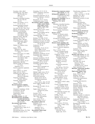 INDEX



  Faceplates, 406.4, 406.5               Grounding, 551.75, 551.76           Refrigeration compressor motors         Classiﬁcations, deﬁnitions, 725.2
  Grounding type, 250.130(C),            Outdoor equipment, protection                  and controls, Art. 440          Class 1, 725–II
           250.146, 406.3(A),                     of, 551.78                 Refrigeration equipment. see Air           Class 2 and Class 3, 725–III
           406.9, 517.13,                Overcurrent protection, 551.74                 conditioning and refrig-     Deﬁnition, Art. 100–I
           517.19(G)                     Overhead conductors, clearance                 erating equipment            Identiﬁcation, 725.10
  Hazardous (classiﬁed) locations,                for, 551.79                Refrigerators, grounding, 250.114       Mechanical execution of work,
           501.145, 502.145,             Receptacles, 551.71, 551.81         Regulator bypass switch                           725.8
           503.145                       Underground wiring, 551.80            Deﬁnition, Art. 100–II                Motors, 430–VI
  Health care facilities, 517.13,      Recreational vehicles (camping        Relays                                  Overcurrent protection,
           517.18, 517.19                         trailers, motor homes,       Hazardous (classiﬁed) locations,                240.4(G), 725.23,
  Insulated grounded terminals,                   park trailers, travel                 501.105, 502.150                       725.24, Chap. 9, Tables
           250.146(D), 517.16                     trailers, truck camp-        Overload, motor overcurrent                     11(A) and 11(B)
  Less than 50 volts, 720.6, 720.7                ers), Art. 551                        protection, 430.40           Safety-control equipment,
  Marinas and boatyards, 555.19          Alternate power source, restric-      Reverse-current, transformers,                  725.11
  Maximum cord-and-plug-                          tion, 551.33                          450.6(B)                   Requirements for electrical in-
           connected load to,            Appliance accessibility and fas-                                                      stallations, Art. 110
                                                                             Remote control
           210.21(B)(2), Table                    tening, 551.57                                                   Residential occupancies. see
                                                                               Circuits. see Remote-control,
           210.21(B)(2), 210.23          Attachment plugs, 551.20(F),                                                          Dwellings
                                                                                        signaling, and power-
  Minimum ratings, 406.2(B)                       551.46(C)                                                        Resistance
                                                                                        limited circuits
  Mobile homes, 550.13                   Bonding, 551.55(B), 551.56                                                  AC resistance and reactance,
                                                                               Of induction and dielectric heat-               cables, Chap. 9, Table 9
  Mounting, 406.4, 406.8(E)              Branch circuits, 551.42, 551.43                ing equipment, 665.7
  Nongrounding-type, replace-            Calculation for loads, 551.42(D)                                            Conductor properties, Chap. 9,
                                                                               Switches, 517.63(D)                             Table 8
           ment, 250.130(C),             Combination electrical systems,     Remote-control, signaling, and
           406.3(D)                               551.20, 551–II                                                     Heating elements. see Fixed
                                                                                        power-limited circuits,                electric heating equip-
  Outdoor. see Outdoor recep-            Conductors, 551.48                             250.112(I), Art. 725
           tacles                        Connections                                                                           ment for pipelines and
                                                                               Access to electrical equipment,                 vessels
  Outlets, 210.50                           Grounding, 551.54, 551.55                   725.7
     Deﬁnition, Art. 100–I                  Power supply, 551.46                                                     Insulation, 110.7
                                                                               Class 1 circuits, 725–II              Of rod, pipe, and plate elec-
     Dwellings, where required,             Splices and terminals, 551.50         Circuits extending beyond
           210.52                        Deﬁnitions, 551.2                                                                     trodes, 250.56
                                                                                        one building, 725.29         Welders, 630–III
  Patient bed location, 517.18(B),       Distribution panelboard, 551.45
                                                                                  Conductors, 725.27               Resistors and reactors, Art. 470
           517.19(B)                     Expandable units, connection,
                                                                                     Different circuits, 725.26      Combustible material, on, near,
  Ratings for various size circuits,              551.47(P)
                                                                                     Extending beyond one                      470.3, 470.18(C)
           210.21(B)(3), Table           Generator installations, 551.30
                                                                                        building, 725.29             Conductor insulation, 470.4
           210.21(B)(3)                  Ground-fault circuit-interrupter,
                                                                                     Insulation, 725.27(B)           Location, 470.2
  Recreational vehicles, 551.52                   551.40(C), 551.41(C)
                                                                                     Number in raceways,             Over 600 volts, 470–II
  Replacement, 406.3(D)                  Grounding, 551.54, 551.55
                                                                                        725.28                          General, 470.18
  Selected, health care facilities,      Grounding conductor splices,
                                                                                     Overcurrent protection,            Grounding, 470.19
           517.33(A)                              551.50
                                                                                        725.23                          Oil-ﬁlled reactors, 470.20
     Deﬁnition, 517.2                    Identiﬁcation of grounded con-                                              Space separation, 470.3
  Sensitive electronic equipment,                 ductor, 551.49                     Size and use, 725.27(A)
                                                                                  Locations, 725.3, 725.24         Rheostats, construction speciﬁca-
           647.7                         Luminaires (lighting ﬁxtures),                                                        tions, 430.82(C)
  Show windows, in, 210.62                        551.53                          Overcurrent protection,
                                                                                        725.23, 725.24             Rigid metal conduit (Type
  Stages and sets, 530.21                Multiple supply source, 551.31                                                        RMC), Art. 344
  Swimming pools, 680.22(A),             Other power sources, 551.32              Physical protection,
                                                                                        725.11(B)                    Bends, 344.24, 344.26
           680.32, 680.34,               Outlet boxes, 551.48                                                        Bushings, 344.46
           680.43(A), 680.62(E)          Overcurrent protection                   Power limitations, 725.21
                                                                                  Wiring methods, 725.25             Cinder ﬁll, 344.10(C)
  Temporary installations,                  Branch circuit, 551.43                                                   Construction speciﬁcations,
           590.4(D), 590.6(A)               Distribution panelboard,           Class 2 and Class 3 circuits,
                                                                                        725–III                                344–III
  Terminals, identiﬁcation,                       551.45                                                             Couplings and connectors,
           200.10(B)                        Power sources, other, 551–III         Applications of PLTC cables,
                                                                                        725.61                                 344.42
  Theaters, 520.45                       Power supply assembly, 551.44,                                              Deﬁnition, 344.2
Recessed luminaires (lighting                     551.46                          Circuits extending beyond
                                                                                                                     Dissimilar metals, 344.14
           ﬁxtures), 410–XI, 410–        Receptacles, 551.20(F), 551.41,                one building, 725.57
                                                                                                                     Expansion ﬁttings, 300.7(B)
           XII                                    551.52                          Conductors, 725.52, 725.58
                                                                                                                     Ferrous, 300.6(A)
  Clearances, installation, 410.66       Supply source 120-volt or                Installation, 725.54 through
                                                                                                                     Grounding, 344.60
  Construction, 410–XII                           120/240-volt system,                  725.57                       Installation, 344–II
  As raceways, 410.31                             551–IV                          Interconnection of power sup-      Listing, 344.6
  Temperatures, 410.65                   Switches, 551.51                               plies, 725.41(B)             Marking, 344.120
  Wiring, 410.67                         System voltages, 551–IV                  Listing, 725–VI                    Maximum number of conductors
Recording systems, Art. 640              Tags, labels, and marking,               Locations, 725.3                             and ﬁxture wires in,
Recreational areas, and dining                    551.46(D)                       Marking, 725.42, 725.71                      Tables C8 and C8(A)
           essential electrical sys-     Tests, factory, 551–V                    Overcurrent protection, Chap.      Nonferrous, 300.6(A)
           tems, health care facil-      Wiring methods, 551.47                         9, Tables 11(A) and          Number of conductors, 344.22,
           ity, 517.42(E)              Recreational vehicle site                        11(B)                                  Chap. 9, Table 1
Recreational vehicle parks,              Deﬁnition, 551.2                         Power sources, 725.41(A),          Reaming and threading, 344.28
           551–VI                        Supply equipment, 551.71,                      Chap. 9, Tables 11(A)        Size, 344.20
  Calculated load, 551.73                         551.77                                and (B)                      Splices and taps, 344.56
     Demand factors, Table 551.73           Deﬁnition, 551.2                      Separation, 725.55                 Standard lengths, 344.130
  Deﬁnitions, 551.2                         Grounding, 551.76                     Wiring methods                     Supporting and securing,
  Disconnecting means, 551.77(B)       Recreational vehicle stand                    Load side, 725.52                         314.23(E) and (F),
  Distribution system, 551.72            Deﬁnition, 551.2                            Supply side, 725.51                       344.30



2005 Edition     NATIONAL ELECTRICAL CODE                                                                                                     70–765
 
