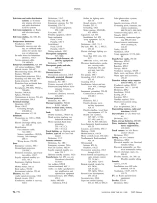 INDEX



Television and radio distribution         Deﬁnitions, 520.2                        Ballast for lighting units,         Solar photovoltaic systems,
            systems. see Commu-           Dressing room, 520–VI                           410.78                                 690.9(B)
            nity antenna television       Emergency systems, Art. 700              Branch circuits, 210.9              Speciﬁc provisions, 450–II
            and radio distribution        Grounding, 520–VII                       Feeders, 215.11                     Swimming pools, fountains, and
            (CATV) systems                    Fixed electric equipment,            Grounding, 450.5                              similar installations,
Television equipment. see Radio                    250.112(F)                      Motor starting, 430.82(B),                    680.23(A)(2), 680.24(B)
            and television equip-         Live parts, 520.7                               430.109(D)                   Terminal wiring space, 450.12
            ment                          Portable equipment, 520.10            Capacitors, Art. 460                   Tunnels, 110.55
Television studios, Art. 520, Art.        Stage equipment                          Installation, Art. 450              Two-winding, underwater light-
            530                               Fixed, 520–II                        X-ray equipment, 517.76,                      ing, 680.23(A)(2)
Temperature limitations                       Portable, 520–V                             660–III                      Unused current transformers,
  Conductors, 310.10                      Switchboard                           Deﬁnitions, 450.2, 551.2                         short-circuiting of,
  Nonmetallic raceways and tub-               Fixed, 520–II                     Dry-type, 450.1 Ex. 2, 450.21,                   110.23
            ing. see subhead under            Portable, 520–IV                            450.22                       Vaults, 450–III
            entries for speciﬁc race-     Wiring methods, 520.5                 Electric discharge lighting sys-       Ventilation, 450.9
            way or tubing type          Therapeutic equipment,                            tems                         X-ray equipment, 517.76, 660–
  In outlet boxes for luminaires                   517.73(B)                       More than 1000 volts, 410–                    III
            (ﬁxtures), 410.11           Therapeutic high-frequency di-                    XIV                        Transformer vaults, 450–III
  Service-entrance cable,                          athermy equipment               1000 volts or less, 410–XIII        Doorways, 450.43
            338.10(B)(3)                  Deﬁnition, 517.2                      Elevators, dumbwaiters, escala-        Drainage, 450.46
Temporary installations, Art. 590       Therapeutic pools and tubs,                       tors, moving walks,
  All wiring installations, 590.2                                                                                      Location, 450.41
                                                   680–VI                                 wheelchair lifts, and        Storage, 450.48
  Branch circuits, 590.4(C)               Deﬁnitions, 680.2                               stairway chair lifts,
  Disconnecting means, 590.4(E)                                                                                        Ventilation openings, 450.45
                                        Thermal devices                                   620.13(C)                    Walls, roofs, and ﬂoors, 450.42
  Feeders, 590.4(B)                       Overcurrent protection, 240.9         Fire pumps, 695.5
  Ground-fault protection, 590.6                                                                                       Water pipes and accessories,
                                        Thermally protected (thermal            Grounding, 450.5, 450.6(C),                      450.47
  Guarding over 600 volts, 590.7                   protection)                            450.10
  Lamp protection, 590.4(F)                                                                                          Transient voltage surge suppres-
                                          Deﬁnition, Art. 100–I                 Guarding, 450.8                                  sors (TVSSs), Art. 285
  Protection from accidental dam-         Fixtures, recessed, 410.65(C)         Installations, indoor and out-
            age, 590.4(H)                                                                                              Conductor routing, 285.12
                                          Fluorescent lamp ballasts in lu-                door, 450.21 through         Connection, 285.21, 285–III
  Receptacles, 590.4(D), 590.6(A),
                                                   minaires (ﬁxtures),                    450.27                       Deﬁnition, 285.2
            590.6(B)
                                                   410.73(E)                    Instrument, grounding, 250–IX          Installation, 285–II
  Services, 590.4(A)
                                          Luminaires (ﬁxtures), recessed,          Connections at services,
  Splices, 590.4(G)                                                                                                    Listing, 285.5
                                                   410.65(C)                              230.82(4)
  Terminations at devices, 590.4(I)                                                                                    Location, 285.11
                                        Thermal protector                       Isolation
  Time constraints, 590.3                                                                                              Number required, 285.4
                                          Deﬁnition, Art. 100–I                    Deﬁnition, 517.2
Terminal housings                                                                                                      Short circuit current rating,
                                        Thermal resistivity, 310.60,               Electric deicing, snow-
  Generator, 445.17                                                                                                              285.6
                                                   B.310.15(B)(2)                         melting equipment,
  Motor, 430.12                                                                                                        Uses not permitted, 285.3
                                        Three overload units, motors,                     426.31
      Grounding through,                                                                                             Transmitting stations, radio and
            430.245(A)                             Table 430.37                    Electric pipeline, vessel heat-
                                                                                                                                 television, 810–III
  Phase converters, 455.10              Tools                                             ing equipment, 427.26
                                          Double insulated, 250.114 Ex.            Health care facilities,           Travel trailer. see also Park trail-
Terminals                                                                                                                        ers
  Connections to, 110.14, 250.8,          Metal working machine. see                      517.19(F), 517.20,
                                                   Industrial machinery                   517.63(E) and (F),           Deﬁnition, 551.2
            250.68                                                                                                   Trays, storage batteries, 480.8(B)
  Electric discharge tubing, signs,       Motor-operated, hand-held,                      517.76, 517.160(A)(4)
                                                   grounding,                   Less-ﬂammable liquid-insulated,      Trees, luminaires (lighting ﬁx-
            etc., 600.42                                                                                                         tures) supported by,
  Identiﬁcation                                    250.114(3)(C),                         450.23
                                                   250.114(4)(C)                Location, accessibility, 450.13                  410.16(H)
      Flat conductor cable,                                                                                          Truck camper. see also Recre-
            322.120(C)                  Track lighting. see Lighting track      Marking, 450.11
                                        Trailers, types of. see also Park       Modiﬁcation of, 450.28                           ational vehicles
      Motors, controllers, 430.9(A)                                                                                    Deﬁnition, 551.2
      Polarity, 200.9 through                      trailers                     Motor control circuit, 430.72(C)
                                          Deﬁnition, 551.2                      Nonﬂammable ﬂuid-insulated,          Tubing. see also Conduits
            200.11
                                        Transfer switches                                 450.24                       Deﬁnitions, 600.2
      Wiring device, 250.126
                                          Deﬁnition, Art. 100–I                 Oil-insulated                          Electrical metallic. see Electrical
Tests
                                          Emergency systems, 700.6                 Indoors, 450.26                               metallic tubing
  Emergency systems, 700.4
  Ground-fault protection,                Fuel cell systems, 692.59                Outdoors, 450.27                    Electrical nonmetallic. see Elec-
            230.95(C)                     Legally required standby sys-         Overcurrent protection, 450.3                    trical nonmetallic tubing
  Insulation resistance, space heat-               tems, 701.7                            through 450.5                Electric discharge, signs, etc.,
            ing cables, 424.45            Optional standby systems, 702.6       Power-limited and signaling cir-                 600.41
  Legally required standby sys-         Transformers, Art. 450. see also                  cuits, remote control,       Flexible metallic, Art. 360. see
            tems, 701.5                            Hazardous (classiﬁed)                  725.21(A)(1),                          Flexible metallic tubing
  Luminaires (lighting ﬁxtures),                   locations                              725.24(D), 725.41          Tunnels
            410.45                        Arc welders, 630–II                   Remote control circuits for,           Access, 110.76
  Mobile homes, 550.17                    Askarel-insulated, 450.25                       430.74(B),                   Installations over 600 volts,
  Park trailers, 552.60                   Audio. see Audio signal process-                725.21(A)(1),                          nominal, 110–IV
  Recreational vehicles, 551.60                    ing, ampliﬁcation, and                 725.24(D), 725.41            Ventilation, 110.57, 110.77,
Theaters, Art. 520                                 reproduction equipment       Research and development,                        110.78
  Audio signal processing, 520.4          Autotransformers, 430.109(D),                   450.1 Ex.8                 TV. see Radio and television
  Branch circuits, 520.9                           450.4                        Secondary ties, 450.6                            equipment
  Conductors, number in raceway,              Audio, 640.9(D)                   Signs and outline lighting,          Two-fer, 520.69
            520.6                                Deﬁnition, 640.2                         600.21, 600.23, 600.24       Deﬁnition, 520.2



70–770                                                                                                   NATIONAL ELECTRICAL CODE           2005 Edition
 