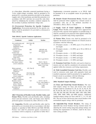 ARTICLE 240 — OVERCURRENT PROTECTION                                          240.6



or a three-phase, delta-delta connected transformer having a       Supplementary overcurrent protection, as in 240.10, shall
3-wire (single-voltage) secondary, shall be permitted to be        be permitted to be an acceptable means for providing this
protected by overcurrent protection provided on the primary        protection.
(supply) side of the transformer, provided this protection is in
accordance with 450.3 and does not exceed the value deter-         (B) Branch Circuit Overcurrent Device. Flexible cord
mined by multiplying the secondary conductor ampacity by           shall be protected where supplied by a branch circuit in
the secondary to primary transformer voltage ratio.                accordance with one of the methods described in
                                                                   240.5(B)(1), (B)(2), (B)(3), or (B)(4).
(G) Overcurrent Protection for Speciﬁc Conductor
Applications. Overcurrent protection for the speciﬁc con-          (1) Supply Cord of Listed Appliance or Portable
ductors shall be permitted to be provided as referenced in         Lamps. Where ﬂexible cord or tinsel cord is approved for
Table 240.4(G).                                                    and used with a speciﬁc listed appliance or portable lamp, it
                                                                   shall be considered to be protected when applied within the
                                                                   appliance or portable lamp listing requirements.
Table 240.4(G) Speciﬁc Conductor Applications
                                                                   (2) Fixture Wire. Fixture wire shall be permitted to be
     Conductor             Article               Section           tapped to the branch circuit conductor of a branch circuit in
                                                                   accordance with the following:
Air-conditioning and    440, Parts III,
  refrigeration              VI                                    (1) 20-ampere circuits — 18 AWG, up to 15 m (50 ft) of
  equipment circuit                                                    run length
  conductors
Capacitor circuit            460              460.8(B) and         (2) 20-ampere circuits — 16 AWG, up to 30 m (100 ft) of
  conductors                                 460.25(A)–(D)             run length
Control and                  727                 727.9             (3) 20-ampere circuits — 14 AWG and larger
  instrumentation
  circuit conductors                                               (4) 30-ampere circuits — 14 AWG and larger
  (Type ITC)                                                       (5) 40-ampere circuits — 12 AWG and larger
Electric welder              630            630.12 and 630.32
  circuit conductors                                               (6) 50-ampere circuits — 12 AWG and larger
Fire alarm system            760             760.23, 760.24,
  circuit conductors                      760.41, and Chapter 9,   (3) Extension Cord Sets. Flexible cord used in listed ex-
                                            Tables 12(A) and       tension cord sets shall be considered to be protected when
                                                  12(B)            applied within the extension cord listing requirements.
Motor-operated           422, Part II
 appliance circuit                                                 (4) Field Assembled Extension Cord Sets. Flexible cord
 conductors                                                        used in extension cords made with separately listed and
Motor and               430, Parts III,
 motor-control          IV, V, VI, VII                             installed components shall be permitted to be supplied by a
 circuit conductors                                                branch circuit in accordance with the following:
Phase converter              455                  455.7                20-ampere circuits — 16 AWG and larger
 supply conductors
Remote-control,              725             725.23, 725.24,
 signaling, and                           725.41, and Chapter 9,   240.6 Standard Ampere Ratings.
 power- limited                             Tables 11(A) and
 circuit conductors                               11(B)
                                                                   (A) Fuses and Fixed-Trip Circuit Breakers. The stan-
Secondary tie                450                  450.6            dard ampere ratings for fuses and inverse time circuit
 conductors                                                        breakers shall be considered 15, 20, 25, 30, 35, 40, 45, 50,
                                                                   60, 70, 80, 90, 100, 110, 125, 150, 175, 200, 225, 250, 300,
                                                                   350, 400, 450, 500, 600, 700, 800, 1000, 1200, 1600, 2000,
240.5 Protection of Flexible Cords, Flexible Cables, and           2500, 3000, 4000, 5000, and 6000 amperes. Additional
Fixture Wires. Flexible cord and ﬂexible cable, including          standard ampere ratings for fuses shall be 1, 3, 6, 10, and
tinsel cord and extension cords, and ﬁxture wires shall be         601. The use of fuses and inverse time circuit breakers with
protected against overcurrent by either 240.5(A) or (B).           nonstandard ampere ratings shall be permitted.

(A) Ampacities. Flexible cord and ﬂexible cable shall be           (B) Adjustable-Trip Circuit Breakers. The rating of
protected by an overcurrent device in accordance with their        adjustable-trip circuit breakers having external means for
ampacity as speciﬁed in Table 400.5(A) and Table 400.5(B).         adjusting the current setting (long-time pickup setting), not
Fixture wire shall be protected against overcurrent in             meeting the requirements of 240.6(C), shall be the maxi-
accordance with its ampacity as speciﬁed in Table 402.5.           mum setting possible.


2005 Edition   NATIONAL ELECTRICAL CODE                                                                                   70–83
 