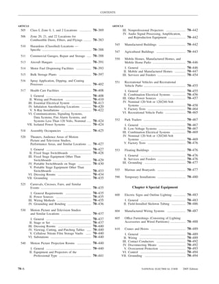 CONTENTS



ARTICLE                                                                       ARTICLE
 505      Class I, Zone 0, 1, and 2 Locations ........... 70–369                      III. Nonprofessional Projectors .................. 70–442
                                                                                      IV. Audio Signal Processing, Ampliﬁcation,
 506      Zone 20, 21, and 22 Locations for                                                and Reproduction Equipment ................ 70–442
          Combustible Dusts, Fibers, and Flyings ....... 70–383
                                                                               545      Manufactured Buildings ......................... 70–442
 510      Hazardous (Classiﬁed) Locations —
          Speciﬁc .............................................. 70–388
                                                                               547      Agricultural Buildings ........................... 70–443
 511      Commercial Garages, Repair and Storage .... 70–388
                                                                               550      Mobile Homes, Manufactured Homes, and
 513      Aircraft Hangars .................................. 70–391                    Mobile Home Parks ............................... 70–446
 514      Motor Fuel Dispensing Facilities .............. 70–393                        I. General .......................................... 70–446
                                                                                       II. Mobile and Manufactured Homes .......... 70–447
 515      Bulk Storage Plants .............................. 70–397                   III. Services and Feeders .......................... 70–454
 516      Spray Application, Dipping, and Coating                              551      Recreational Vehicles and Recreational
          Processes ............................................ 70–402                 Vehicle Parks ....................................... 70–455
 517      Health Care Facilities ............................ 70–408                    I.General ..........................................      70–455
         I. General ..........................................      70–408             II.Combination Electrical Systems ............             70–456
        II. Wiring and Protection ........................          70–410            III.Other Power Sources .........................           70–457
       III. Essential Electrical System ..................          70–413            IV. Nominal 120-Volt or 120/240-Volt
       IV.  Inhalation Anesthetizing Locations .........            70–420                Systems ..........................................      70–458
        V.  X-Ray Installations ............................        70–422             V. Factory Tests ...................................       70–464
       VI.  Communications, Signaling Systems,                                        VI. Recreational Vehicle Parks ...................          70–465
            Data Systems, Fire Alarm Systems, and
            Systems Less Than 120 Volts, Nominal ....               70–424     552      Park Trailers ....................................... 70–467
       VII. Isolated Power Systems ......................           70–424              I. General ..........................................     70–467
                                                                                       II. Low-Voltage Systems .........................          70–467
 518      Assembly Occupancies .......................... 70–425                      III. Combination Electrical Systems ............            70–469
 520      Theaters, Audience Areas of Motion                                          IV.  Nominal 120-Volt or 120/240-Volt
          Picture and Television Studios,                                                  Systems ..........................................     70–469
          Performance Areas, and Similar Locations ... 70–427                           V. Factory Tests ...................................      70–476
          I. General ..........................................     70–427     553      Floating Buildings ................................ 70–476
         II. Fixed Stage Switchboards ....................          70–428
        III. Fixed Stage Equipment Other Than                                           I. General .......................................... 70–476
             Switchboards ....................................      70–429             II. Services and Feeders .......................... 70–476
        IV. Portable Switchboards on Stage ............             70–430            III. Grounding ...................................... 70–477
         V. Portable Stage Equipment Other Than
             Switchboards ....................................      70–433     555      Marinas and Boatyards .......................... 70–477
       VI. Dressing Rooms ...............................           70–434
       VII. Grounding ......................................        70–435     590      Temporary Installations .......................... 70–480

 525      Carnivals, Circuses, Fairs, and Similar
          Events ............................................... 70–435                         Chapter 6 Special Equipment
          I.   General Requirements ........................        70–435     600      Electric Signs and Outline Lighting ........... 70–483
         II.   Power Sources .................................      70–435
        III.   Wiring Methods ................................      70–435               I. General .......................................... 70–483
        IV.    Grounding and Bonding ......................         70–436              II. Field-Installed Skeleton Tubing ............. 70–486
 530      Motion Picture and Television Studios                                604      Manufactured Wiring Systems ................. 70–487
          and Similar Locations ............................ 70–437
         I.    General ..........................................   70–437     605      Office Furnishings (Consisting of Lighting
        II.    Stage or Set ....................................    70–437              Accessories and Wired Partitions) .............. 70–488
       III.    Dressing Rooms ...............................       70–440
       IV.     Viewing, Cutting, and Patching Tables ....           70–440     610      Cranes and Hoists ................................ 70–489
        V.     Cellulose Nitrate Film Storage Vaults .....          70–440              I.   General ..........................................   70–489
       VI.     Substations ......................................   70–440             II.   Wiring ...........................................   70–489
                                                                                      III.   Contact Conductors ...........................       70–492
 540      Motion Picture Projection Rooms ............. 70–440
                                                                                      IV.    Disconnecting Means .........................        70–492
           I. General .......................................... 70–440                V.    Overcurrent Protection ........................      70–493
          II. Equipment and Projectors of the                                        VI.     Control ..........................................   70–494
              Professional Type .............................. 70–441                VII.    Grounding ......................................     70–494


70–6                                                                                                    NATIONAL ELECTRICAL CODE            2005 Edition
 