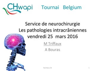 Service	de	neurochirurgie	
Les	pathologies	intracrâniennes		
vendredi	25		mars	2016		
M	Triﬀaux	
A	Bouras	
25/03/16	 Nech4you	04	 1	
Tournai			Belgium	
 