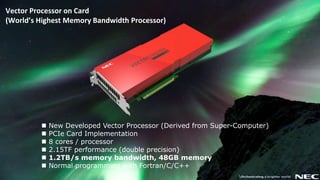 4 © NEC Corporation 2019
Vector Processor on Card
(World’s Highest Memory Bandwidth Processor)
 New Developed Vector Processor (Derived from Super-Computer)
 PCIe Card Implementation
 8 cores / processor
 2.15TF performance (double precision)
 1.2TB/s memory bandwidth, 48GB memory
 Normal programming with Fortran/C/C++
 