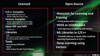 6 © NEC Corporation 2019
Open-Source
▌Materials for Learning and
Training
Tuning guides and various manuals
▌VEOS or middleware
 Heterogeneous Computing with Vectors
▌ML Libraries in C/C++
 Frovedis Library or Spark alike machine
learning framework in C/C++
▌Deep Learning using
Vectors
Licensed
▌C/C++ Compiler
 ISO/IEC 9899:2011 (aka C11)
 ISO/IEC 14882:2014 (aka C++14)
▌Fortran Compiler
 ISO/IEC 1539-1:2004 (aka Fortran 2003)
 ISO/IEC 1539-1:2010 (aka Fortran 2008)
▌Open MP and MPI
 Version 4.5
▌Libraries
 Glibc
 MPI version 3.1 (fully tuned for Vector Engine Architecture
 NLC Libraries (BLAS, LAPACK, FFT etc.)
▌ Tools
FtraceViewer/PROGINF
Gprof
GDB, Eclipse Parallel Tools Platform
 