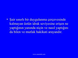 Şair sınırlı bir duygulanma çerçevesinde kalmayan üstün idrak seviyesine erişen ne yaptığının yanında niçin ve nasıl yaptığını da bilen ve mutlak hakikati arayandır. 