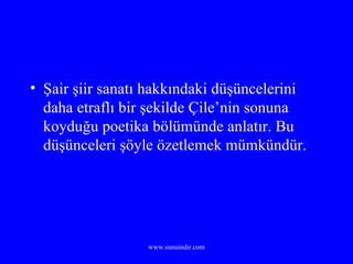 Şair şiir sanatı hakkındaki düşüncelerini daha etraflı bir şekilde Çile’nin sonuna koyduğu poetika bölümünde anlatır. Bu düşünceleri şöyle özetlemek mümkündür.  