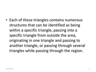 • Each of these triangles contains numerous
structures that can be identified as being
within a specific triangle, passing into a
specific triangle from outside the area,
originating in one triangle and passing to
another triangle, or passing through several
triangles while passing through the region.

10/02/2014

11

 
